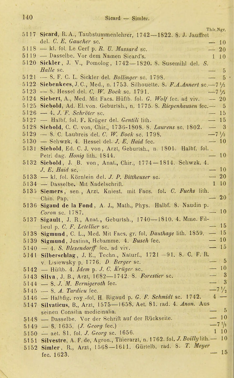 Thlr.Ngr. 5117 Sicard, R.A., Taubsturnmenlehrer, 1742 — 1822. 8. J. Jauffret del. C. E. Gaucher sc* — 10 5118 — kl. fol. Le Cerf p. R. Ü. Massard sc. — 20 5119 — Dasselbe. Vor dem Namen Sicard's. 1 10 5120 Sichler, J. V., Pomolog, 1742—1820. 8. Susemihl del. S. Halle sc. — 5 5121 — 8. F. C. L. Sickler del. Bollinger sc. 1798. — 5 5122 Siebenkces, J.C., Med., n. 1753. Silhouette. 8. F.A.Annert sc—7 l/i 5123 — 8. Hessel del. C. W. Bock sc 1791. —7 </* 5124 Siebert, A., Med. Mit Facs. Hüflb. fol. G. Wolf fec. ad viv. — 20 5125 Siebold, Ad. El.von. Geburlsh., n. 1775. 8. Riepenhausen fec— 5 5126 — 4. /. F. Schröter sc — 15 5127 — Halbf. fol. F. Krüger del. Gentiii lith. — 15 5128 Siebold, C. C. von, Chir., 1736-1808. 8. Laurens sc 1802. — 3 5129 — 8. C. Laubreis del. C. W. Bock sc 1798. —7 /2 5130 — Schwzk. 4. Hessel del. /. E. Haid fec — 10 5131 Siebold, Ed. C. J. von, Arzt, Geburlsh., n. 1801. Halbf. fol. Pelri dag-. Honig lith. 1844. — 10 5132 Siebold, J. B. von, Anat., Chir., 1774—1814. Schwzk. 4. /. E. Haid sc — 10 5133 — kl. fol. Körnlein del. /. P. Biiiheuser sc. — 20 5134 — Dasselbe. Mit Nadelschrifl. 1 10 5135 Siemcrs, sen., Arzt. Kniest, mit Facs. fol. C. Fuchs lith. Chin. Pap. — 20 5136 Sigaud de la Fond, A. J., Math., Phys. Halbf. 8. Naudin p. Coron sc 1787. — 10 5137 Sigault, J. R., Anat., Geburtsh., 1740—1810. 4. Mme. Fil- lieul p. C. F. Lelellier sc — 15 5138 Sigmund, C. L., Med. Mit Facs. gr. fol. Bauthage lith. 1859. — 15 5139 Sigmund, Juslina, Hebamme. 4. Busch fec. — 10 5140 — 4. S. Biesendorff fec. ad viv. — 15 5141 Silberschlag, J. E., Techn., Nalurf., 1721-91. 8. C. F. R. v. Lisiewsky p. 177 6. D Berger sc. — 5 5142 — Hüflb. 4. Idem p. /. C. Krüger sc. — 10 5143 Silva, J. B., Arzt, 1682—1742. 8. Forestier sc. — 3 5144 — 8. J. M. Bemigeroth fec — 3 5145 — 8. A. Tardieu fec —? l/2 5146 — Halbfig. roy -fol. H. Rigaud p. G. F. Schmidt sc. 1742. 4 — 5147 Silvaticus, B., Arzt, 1575—1658. Aet. 81. rad. 4. Anon. Aus seinen Consilia medicinalia. — 5 5148 — Dasselbe. Vor der Schrift auf der Rückseite. — 10 5J49 — 8. 1635. (/. Georg fec.) —? V2 5150 — aet. 81. toi. J. Georg sc. 1656. 1 10 5151 Silvestre, A. F. de, Agron., Thierarzl, n. 1762. fol. /. Boilly Ulli.— 10 5152 Simler, R., Arzt, 1568 — 1611. Gürlelb. rad. 8. T. Meyer fec. 1623. — 15