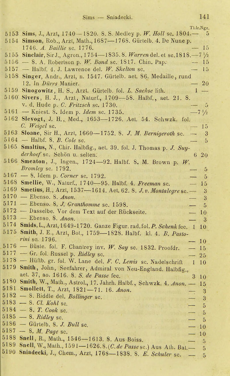 Tlilr.Ngr. 5153 Sims, J., Arzt, 1740 -1820. 8. S. Medley p. W. Holl sc. 1804.— 5 5154 Simson, Rob., Arzl, Malh., 1687—1768. Gürlelb. 4. De Nune p. 1746. A. Baillie sc. 1776. — 15 5155 Sinclair, Sir J., Agron., 1754—1835.8. Warrendel.et sc. 1818.—7 x/i 5lä6 — 8. A. Robertson p. W. Bond sc. 1817. Chin. Pap. — 15 5157 — Halbf. 4. J. Lawrence del. W. Skelton sc. — 15 5158 Singer, Andr., Arzt, n. 1547. Gürtelb. aet. 86. Medaille, rund 12. In Bürrs Manier. — 20 5159 Sinogowitz, H. S., Arzt. Gürtelb. fol. L. Sachse lith. 1 — 5160 Sivers, H. J., Arzl, Naturf., 1709—58. Halbf., aet. 21. 8. v. d. Hude p. C. Fritzsch sc. 1730. — 5 5161 — Kniest. 8. Idem p. Idem sc. 1735. —7/2 5162 Sievogt, J. H., Med., 1653—1726. Aet. 54. Schwzk. fol. C. Weigel sc. — 15 Sloane, Sir H., Arzl, 1660—1752. 8. /. M. Bernigeroth sc. — 3 — Halbf. 8. B. Cole sc. — 5 Smaltius, N., Chir. Halbfig., ael. 39. fol. J. Thomas p. /. Suy- derhoef sc. Schön u. seilen. 6 20 Smeaton, J., Ingen., 1724—92. Halbf. 8. M. Brown p. W. Bromley sc. 1792. — 5 — 8. Idem p. Corner sc. 1792. — 5 Smellie, W., Naturf., 1740—95. Halbf. 4. Freeman sc. — 15 Smelius, H„ Arzl, 1537—1614. Ael. 62. 8. J.v. Montalegre sc— 3 — Ebenso. 8. Anon. 3 — Ebenso. 8. J. Granthomme sc. 1598. — 5 — Dasselbe. Vor dem Text auf der Rückseite. — 10 — Ebenso. 8. Anon. 3 Smids,L.,Arzt, 1649-1720. Ganze Figur. T&d.iolP. Schenk kc. 1 10 Smith, J. E., Arzl, Bot., 1759—1828. Halbf. kl. 4. B. Pasto- rini sc. 1796. 10 — Büste, fol. F. Chanlrey inv. W. Say sc. 1832. Proofdr. — 15 — Gr. fol. Rüssel p. Ridley sc. 25 — Hüflb. gr. fol. W. Lane del. F. C. Lewis sc. Nadelschrift 1 10 Smith, John, Seefahrer, Admiral von Neu-England. Halbfig., aet. 37, ao. 1616. 8. S. de Passe fec. ' 3 io Smith, W., Malh., Aslrol., 17. Jahrh. Halbf., Schwzk. 4. Anon. — 15 Smollett, T., Arzt, 1821 — 71. 16. Anon. _ 3 — 8. Riddle del. Bollinger sc. . 3 — 8. Cl. Kohl sc. _ 5 — 8. T. Cook sc. g — 8. Ridley sc. 5 — Gürlelb. 8. J. Bull sc. — 8. M. Page sc. Snell, R., Malh., 1546—1613. 8. Aus Boiss. Snell, W., Math., 1591—1626.8.(C.de Passe sc.) Aus Alh. BaU— Sniadecki, J., Chem., Arzt, 1768—1838. 8. E. Schuler sc. — 10 10