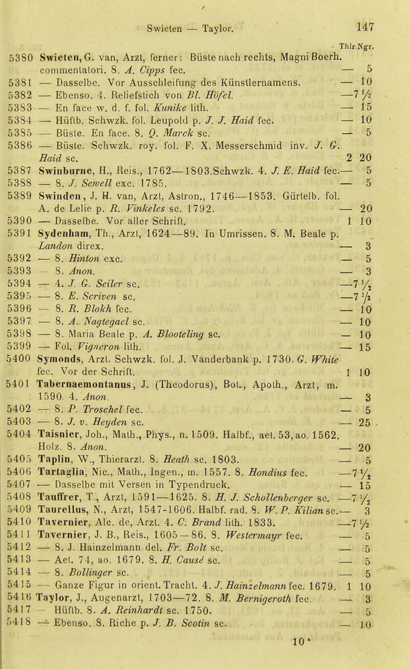 r Swieten — Taylor. 147 Thlr.Ngr. 5380 Swieten, G. van, Arzt, ferner: Büsle nach rechts, Magni Boerh. commentalori. 8. A. Cipps fec. — 5 5381 — Dasselbe. Vor Ausschleifung des Künstlernamens. — 10 5382 — Ebenso. 4. Reliefstich von Bl. Höfel. 53S3 — En face w. d. f. fol. Eunike lith. — 15 5384 — Hüflb. Schwzk. fol. Leupold p. /. /. Haid fec. — 10 5385 — Büsle. En face. 8. Q. Marek sc. — 5 5386 — Büste. Schwzk. roy. fol. F. X. Messerschmid inv. /. G. Haid sc. 2 20 5387 Swinburne, H., Reis., 1762—1803.Schwzk. 4. /. E. Haid fec— 5 5388 — 8. Ii Servell exc. 1785. — 5 5389 Swinden, J. H. van, Arzt, Aslron., 1746—1853. Gürtelb. fol. A. de Lehe p. R. Vinkeles sc. 1792. — 20 5390 — Dasselbe. Vor aller Schrift. 1 10 5391 Sydenham, Th., Arzt, 1624—89. In Umrissen. 8. M. Beale p. London direx. — 3 5392 — 8. Hinton exc. — 5 5393 8. Anon. — 3 5394 — 4. /. G. Seiler sc. ~7 % 5395 — 8. E. Scriven sc. —7 i/i 5396 — 8. R. Blokh fec. — 10 5397 — 8. A. Nagtegael sc. — 10 5398 — 8. Maria Beale p. A. Blooteling sc. — 10 5399 — Fol. Vigneron lith. — 15 5400 Symonds, Arzt. Schwzk. fol. J. Vanderbank p. 1730. G. White fec. Vor der Schrift. 1 10 5401 Tabernaemontanus, J. (Theodorus), Bot., Apolh., Arzt, m. 1590. 4. Anon. — 3 5402 — 8. P. Troschel fec. — 5 5403 — 8. J. v. Heyden sc. — 25 - 5404 Taisnier, Joh., Math., Phys., n. 1509. Halbf., ael. 53, ao. 1562. Holz. 8. Anon. — 20 5405 Taplin, W., Thierarzl. 8. Heath sc. 1803. — 5 5406 Tartaglia, Nie, Math., Ingen., m. 1557. 8. Hondius fec. —7 l/t 5407 — Dasselbe mit Versen in Typendruck. — 15 5408 TaufTrer, T., Arzt, 1591—1625. 8. H. J. Schollenberger sc. —7 /2 5409 Taurellus, N., Arzt, 1547-1606. Halbf. rad. 8. W.P. Eiliansc— 3 5410 Tavernier, Ale. de, Arzt. 4. C. Brand lith. 1833. —7 !/2 5411 Tavernier, J. B., Reis., 1605 — 86. 8. Westermayr fec. — 5 5412 — 8. J. Hainzelmann del. Fr. Bolt sc. — 5 5413 — Ael. 74, ao. 1679. 8. H. Cause sc. — 5 5414 — 8. Bollinger sc. — 5 5415 — Ganze Figur in Orient. Tracht. 4. /. Hainzelmann fec. 1679. 1 10 5416 Taylor, J., Augenarzt, 1703—72. 8. M. Bernigeroth fec. — 3 5417 Hüflb. 8. A. Reinhardt sc. 1750. 5 5418 — Ebenso. 8. Riehe p. /. B. Scotin sc. — 10 10*