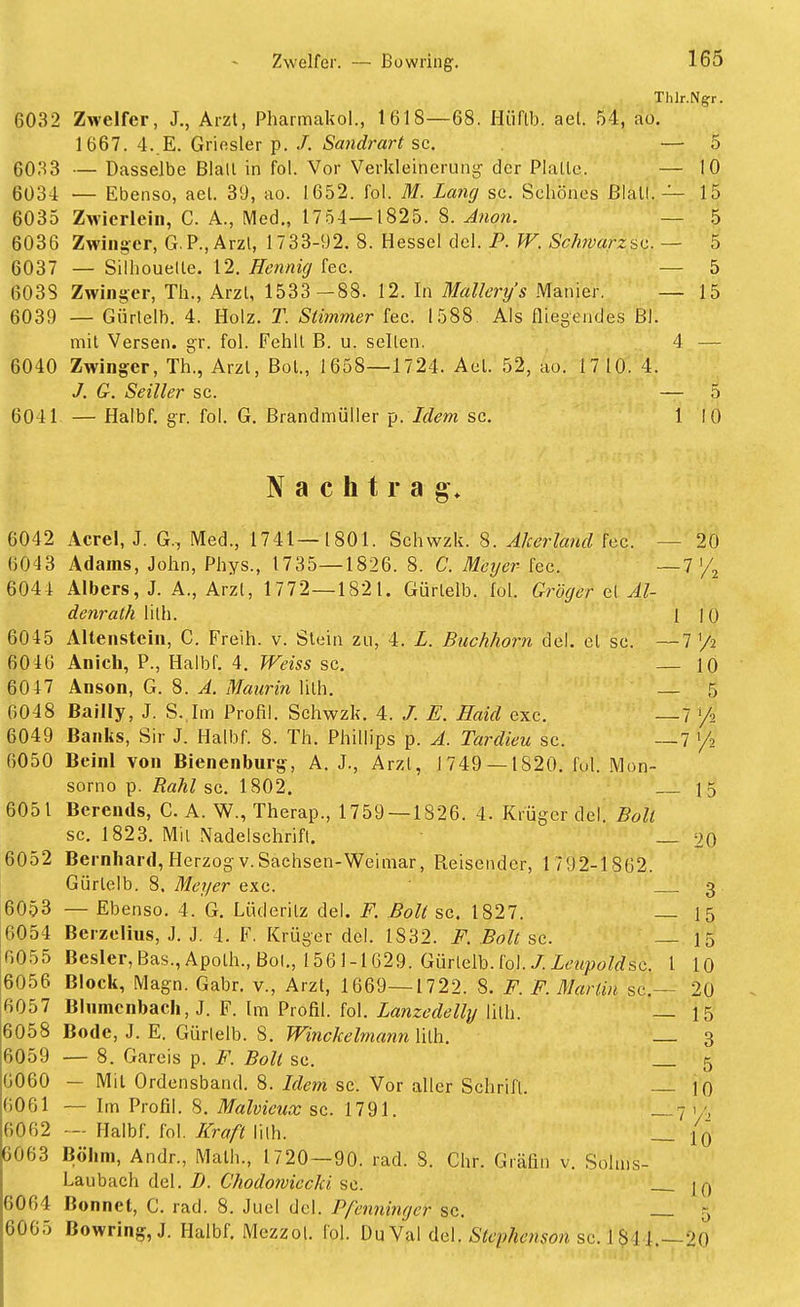 ThJr.Ngr. 6032 Zweifer, J., Arzt, Pharmakol., 1618—68. Hüftb. ael. 54, ao. 1667. 4. E. Griesler p. /. Sandrart sc. — 5 6033 — Dasselbe Blall in fol. Vor Verkleinerung der Plallc. — 10 6031 — Ebenso, ael. 39, ao. 1652. fol. M. Lang sc. Schönes ßlall. — 15 6035 Zwicrlein, C. A., Med., 17 5 1—1825. 8. Anon. — 5 6036 Zwinger, G.P.,Arzl, 1733-92. 8. Hessel dcl. P. W. Schwarza. — 5 6037 — Silhouette. 12. Hennig fec. — 5 §038 Zwinger, Th., Arzt, 1533-88. 12. In Mallery's Manier. — 15 6039 — Gürtelb. 4. Holz. T. Stimmer fec. 1588. Als fliegendes ßl. mit Versen, gr. fol. Fehlt B. u. seilen. 4 — 6040 Zwinger, Th., Arzt, Bot., 1658—1724. Act. 52, ao. 17 10. 4. J. G. Seiller sc. — 5 6011 — Halbf. gr. fol. G. Brandmüller p. Iclem sc. 110 Nachtrag, 6042 Acrel, J. G., Med., 1741—1801. Schwzk. 8. Aherlaud fec. — 20 6043 Adams, John, Phys., 1735—1826. 8. C. Meyer fec. — 7/2 6044 Albers, J. A., Arzl, 1772—1821. Gürlelb. fol. Gröger et Al- denrath lith. [ 10 6045 Altenstein, C. Freih. v. Stein zu, 4. L. Buchhorn del. et sc. —7 v/i 6016 Anich, P., Halbf. 4. Weiss sc. — 10 6047 Anson, G. 8. A. Maurin lith. _ 5 6048 Bailly, J. S. Im Profil. Schwzk. 4. /. E. Haid exc. —7 '/2 6049 Banks, Sir J. Halbf. 8. Th. Phillips p. A. Tardieu sc. —7 '/> 6050 Beinl von Bienenburg, A. J., Arzl, 1749 — 1820. fol. Mon- sorno p. Rahl sc. 1802. 15 6051 Berends, C. A. W., Therap., 1759 — 1826. 4. Krüger del. Bali sc. 1823. Mit Nadelschrift. _ 20 6052 Bernhard, Herzog v.Sachsen-Weimar, Reisender, 1792-1862. Gürlelb. 8. Meyer exc. 3 6053 — Ebenso. 4. G. Lüderilz del. F. Boll sc. 1827. — 15 6054 Berzelius, J. J. 4. F. Krüger del. 1832. F. Bolt sc. — 15 6055 Besler, Bas., Apolh., Bot., 1561-1629. Gürlelb. fol../. Leupoldsc. 1 10 6056 Block, Magn. Gabr. v., Arzt, 1669—1722. 8. F. F. Marlin sc— 20 6057 Blumenbach, J. F. Im Profil, fol. Lanzedelly lith. — 15 6058 Bode, J. E. Gürlelb. 8. Winckelmann lilh. 3 6059 — 8. Gareis p. F. Boll sc. 5 6060 — Mit Ordensband. 8. Idem sc. Vor aller Schrift. 10 6061 — Im Profil. 8. Malvieux sc. 1791. —7 >/, 6062 — Halbf. fol. Kraft lilh. _ /q 6063 Böhm, Andr., Math., 1720 — 90. rad. 8. Chr. Gräfin v. Solms- Laubach del. D. Chodomiccki sc. K, 6064 Bonnet, C. rad. 8. Juel dcl. Pfenninger sc. 5 6065 ßowring,J. Halbf. Mezzot. fol. Du Val del. Slephenson sc. 1 811.—20