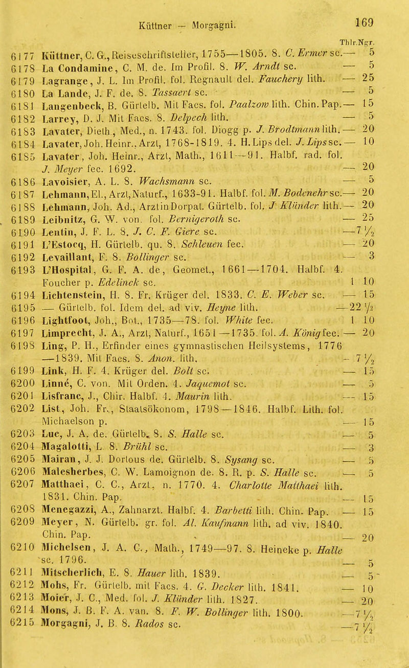 Thlr.Ngr. 6177 Küttner, C. G.,Reiseschnflslelier, 1755—1805. 8. C.Ermersc— 5 6178 La Condamine, C. M. de. Im Profil. 8. W. Arndt sc. — 5 6179 Lagrange, J. L. Im Profil, fol. Regnaull del. Fauchery lilh. — 25 6 180 La Lande, J. F. de. 8. Tassaert sc. — 5 61S1 Langenbcck, B. Gürlelb. Mit Facs. fol. Paalzorv lith. Chin.Pap.— 15 6182 Larrey, D. J. Mit Facs. 8. Delpech lilh. — 5 6183 Lavater, Dielh., Med., n. 1743. fol. Üiogg p. J. Brodtmann\\\h.— 20 6184 Lavater, Joh. Heinr., Arzl, 1768-1819. 4. H. Lipsdel. J.Lipssc.— 10 61S5 Lavater, Joh. Heinr., Arzl, Math., 1611 — 91. Halbf. rad. fol. J. Meyer fec. 1692. — 20 6186 Lavoisier, A. L. 8. Wachsmann sc. — 5 6187 Lehmann, El., Arzl,Nalurf., 1633-91. Halbf. fol. M. Bodenehr sc— 20 6188 Lehmann, Joh. Ad., ArzlinDorpal. Gürtelb. fol. J Klünder lilh.— 20 6189 Leibnitz, G. W. von. fol. Bemigerolh sc. — 25 6190 Leutra, J. F. L. 8. /. C. F. Giere sc. —7 % 6191 L'Estocq, H. Gürlelb. qu. 8. Schleuen fec. — 20 6192 Levaillant, F. 8. Bollinger sc. — 3 6193 L'Hospital, G. F. A. de, Geomel., 1661 — 1704. Halbf. 4. Foucher p. Edelinck sc. 1 10 6194 Lichtenstein, H. 8. Fr. Krüger del. 1833. C. E. Weber sc. — 15 (3195 — Gürlelb. fol. Idcm del. ad viv. Heyne lilh. —22 $ 6196 Lightfoot, Joh., Bot., 1735—78. fol. White fec. 1 10 6197 Limprecht, J. A., Arzl, Nalurf., 1651—1735. fol. A. Königin. — 20 6198 Ling, P. H., Erfinder eines gymnasiischen Hcilsyslems, 1776 —1839. Mil Facs. 8. Anon. lilh. - 7 % 6199 Link, H. F. 4. Krüger del. Bolt sc. — 15 6200 Linne, C. von. Mil Orden. 4. Jaquemol sc. — 5 6201 Lisfranc, J., Chir. Halbf. 4. Maurin lilh. — 15 6202 List, Joh. Fr., Slaalsökonom, 1798 — 1846. Halbf. Lilh. fol. Michaelson p. >.— ] 5 6203 Luc, J. A. de. Gürlelb.. 8. 5. Halle sc. — 5 6204 Magaloüi, L 8. Brühl sc. — 3 6205 Mairan, J. J. Dorlous de. Gürlelb. 8. Sysang sc. — 5 6206 Maleshei'bes, C. W. Lamoignon de. 8. R. p. S. Halle sc. 5 6207 Matthaei, C. C., Arzl. n. 1770. 4. Charlotte Matthaei lilh. 1831. Chin. Pap. 15 6208 Menegazzi, A., Zahnarzt. Halbf. 4. Barbetti lilh. Chin. Pap. 15 6209 Meyer, N. Gürlelb. gr. fol. AI. Kaufmann lilh. ad viv. 1840. Chin. Pap. , 20 6210 Michclsen, J. A. C, Malh., 1749—97. 8. Heineke p. Halle sc. 1796. ' _ 5 6211 Milscberlich, E. 8. Hauer lilh. 1839. _ 5 6212 Mohs, Fr. Gürlelb. mil Facs. 4. G. Becker lilh. 1841. — 10 6213 Moier, J. O, Med. fol. /. Klünder lilh. 1827. — 20 6214 Möns, J. ß. F. A. van. 8. F. W. Bollinger lilh. 1800. —7 % 6215 Morgagni, J. ß. 8. Bados sc. _ 7 y''