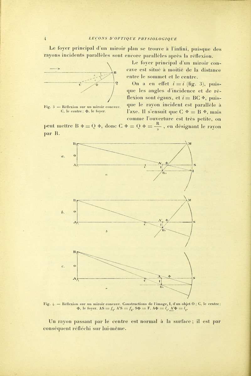 Le loyer principal d'un miroir plan se trouve à l'infini, puisque des rayons incidents parallèles sont encore parallèles après la réflexion. Le foyer principal d'un miroir con- cave est situé à moitié de la distance entre le sommet et le centre. On a en effet i = i (fig. 3), puis- que les angles d'incidence et de ré- flexion sont égaux, et i = BG *, puis- que le rayon incident est parallèle à l'axe. Il s'ensuit que G <t> = B mais comme l'ouverture est très petite, on peut mettre B 4> — Q 4>, donc G * = Q <ï> = — , en désignant le rayon par R. Fig. i — Réflexion sur un miroir concav C, le centre ; <t>, le foyer. —A K 1 —^ <■ i Fig. 4. — Réflexion sur un miroir concave. Constructions de l'image, I, d'un objet O ; C, le centre ; <J>, le foyer. AS = fv A'S = fv S* = F, A* = = lt. Un rayon passant par le centre est normal à la surface ; il est par conséquent réfléchi sur lui-même.