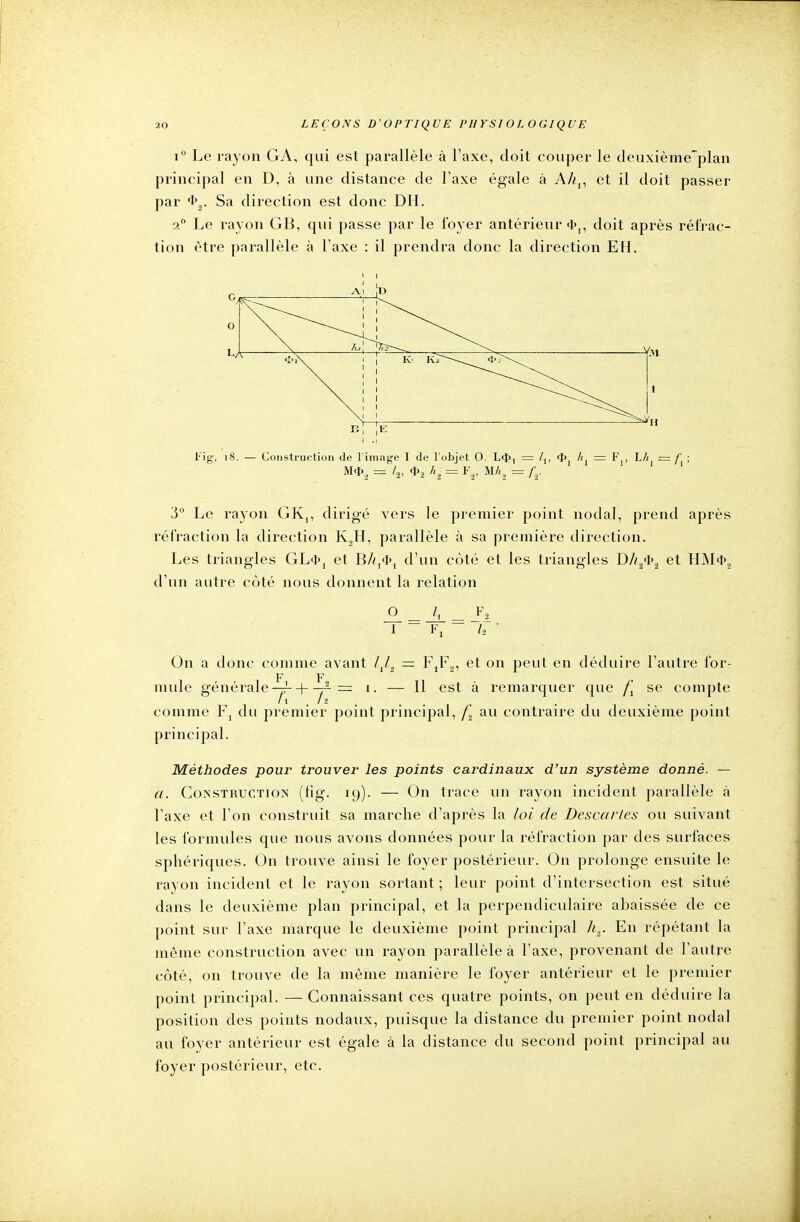 i° Le rayon GA, qui est parallèle à Taxe, doit couper le deuxième'plan principal en D, à une distance de l'axe égale à Aht, et il doit passer par *2. Sa direction est donc DH. a0 Le rayon GB, qui passe par le foyer antérieur <t>n doit après réfrac- tion être parallèle à Taxe : il prendra donc la direction EH. Fig. 18. — Construction de l'image I de l'objet 0. L<I>, = /,, <t>l h = F,, L/i = f ; M*, = l„ 4>2 - F2> MA2 = fr 3° Le rayon GK,, dirigé vers le premier point nodal, prend après réfraction la direction K2H, parallèle à sa première direction. Les triangles GL*, et B/^<P, d'un côté et les triangles DA2<i>2 et HM<ï>2 d'un autre côté nous donnent la relation T ~ *\ ~ h' On a donc comme avant = F^, et on peut en déduire l'autre lor- F F mule générale —p- + -r1 = i. — Il est à remarquer que ft se compte comme Ft du premier point principal, ft au contraire du deuxième point principal. Méthodes pour trouver les points cardinaux d'un système donné. — a. Construction (fig. 19). — On trace un rayon incident parallèle à l'axe et l'on construit sa marche d'après la loi de Descartes ou suivant les formules que nous avons données pour la réfraction par des surfaces sphériques. On trouve ainsi le foyer postérieur. On prolonge ensuite le rayon incident et le rayon sortant ; leur point d'intersection est situé dans le deuxième plan principal, et la perpendiculaire abaissée de ce point sur l'axe marque le deuxième point principal h,. En répétant la même construction avec un rayon parallèle à l'axe, provenant de l'autre côté, on trouve de la même manière le foyer antérieur et le premier point principal. — Connaissant ces quatre points, on peut en déduire la position des points nodaux, puisque la distance du premier point nodal au foyer antérieur est égale à la distance du second point principal au foyer postérieur, etc.