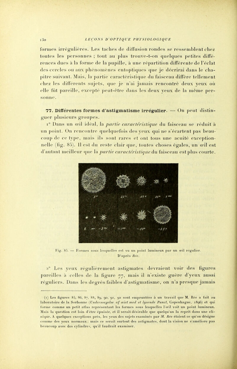 formes irrégulières. Les taches de diffusion rondes se ressemblent chez toutes les personnes ; tout au plus trouve-t-on quelques petites diffé- rences dues à la forme de la pupille, à une répartition différente de l'éclat des cercles ou aux phénomènes entoptiques que je décrirai dans le cha- pitre suivant. Mais, la partie caractéristique du faisceau diffère tellement chez les différents sujets, que je n'ai jamais rencontré deux yeux où elle fût pareille, excepté peut-être dans les deux yeux de la même per- sonne. 77. Différentes formes d'astigmatisme irrégulier. — On peut distin- guer plusieurs groupes. i° Dans un œil idéal, la partie caractéristique du faisceau se réduit à un point. On rencontre quelquefois des yeux qui ne s'écartent pas beau- coup de ce type, mais ils sont rares et ont tous une acuité exception- nelle (fig. 85). Il est du reste clair que, toutes choses égales, un œil est d'autant meilleur que la partie caractéristique du faisceau est plus courte. Fig. 85. — Formes sous lesquelles est vu un point lumineux par un œil régulier. D'après Ree. •2° Les yeux régulièrement astigmates devraient voir des figures pareilles à celles de la figure 77, mais il n'existe guère d'yeux aussi réguliers. Dans les degrés faibles d'astigmatisme, on n'a presque jamais (1) Les figures 8.5, 86, 87, 88, 89, 90, 91, 92 sont empruntées à un travail que M. Rée a fait au laboratoire de la Sorbonne (Undersoegelse af œiet med et lyscnde Punct, Copenhague, 189G) et qui forme comme un petit atlas représentant les formes sous lesquelles l'œil voit un point lumineux. Mais la question est loin d'être épuisée, et il serait désirable que quelqu'un la reprît dans une cli- nique. A quelques exceptions près, les yeux des sujets examinés par M. Rée étaient ce qu'on désigne comme des yeux normaux; mais ce serait surtout des astigmates, dont la vision ne s'améliore pas beaucoup avec des cylindres, qu'il faudrait examiner.