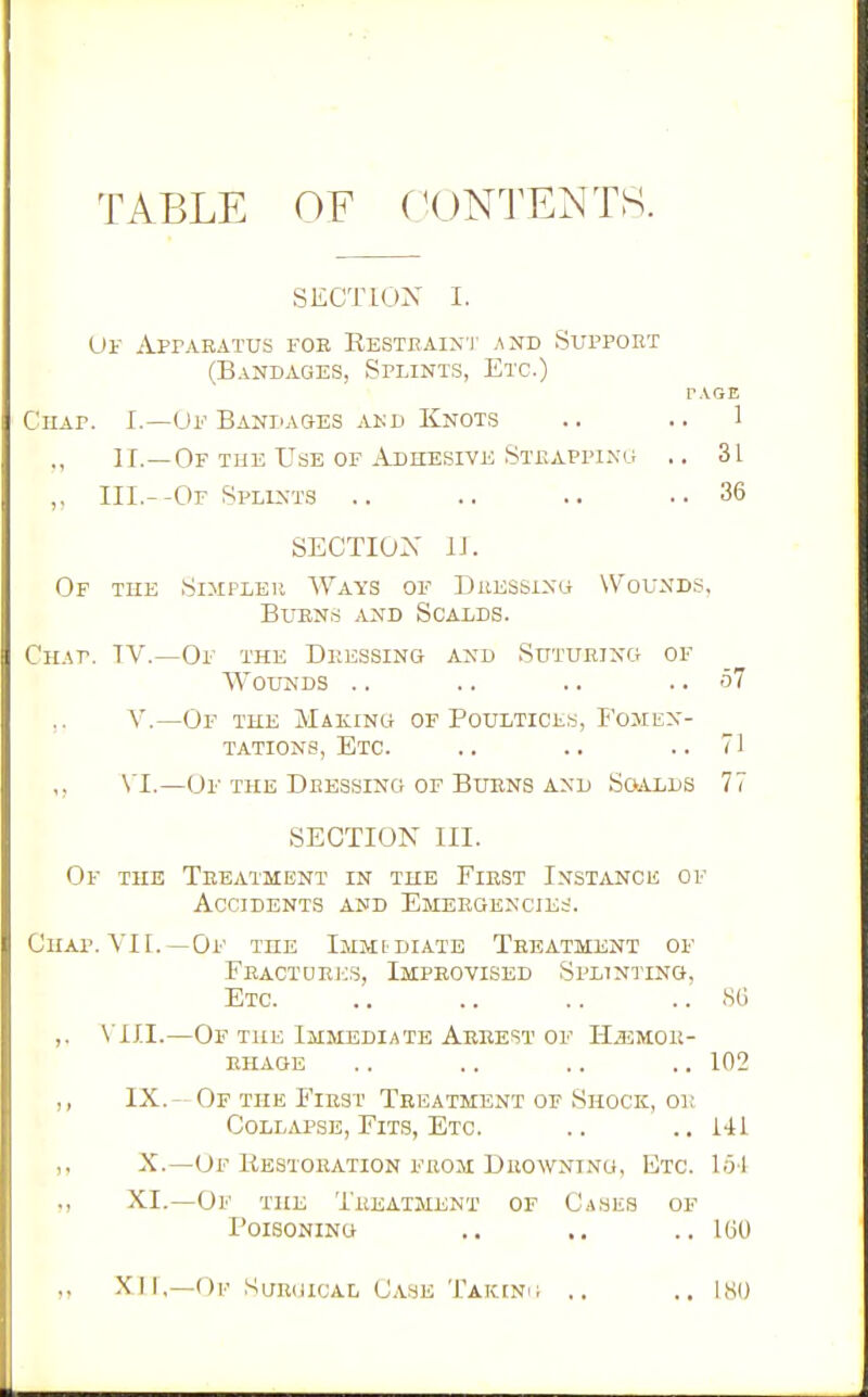 TABLE OF (CONTENTS. SECTION I. Of Apparatus foe Restraint and Support (Bandages, Splints, Etc.) PAGE Chap. I.—Up BANi>AaES akd Knots .. .. 1 II.—Of the Use OF Adhesive Stkappini.; .. 31 ,, III.--Of Splints .. .. .. ..36 SECTION 11. Of the Simplek Ways of Dkessinu Wounds, Burns and Scalds. Chap. IV.—Of the Dressing and Suturing of Wounds .. .. .. .. 57 v.—Of the Making of Poultices, Fomen- tations, Etc. .. .. .. 71 \'I.—Of THE Dressing of Burns AND SoiAlds 77 SECTION III. Of the Treatment in the First Instance of Accidents and Emergencies. Chap. VII.—Of the Immidiate Treatment of Fractures, Improvised Splinting, Etc. .. .. .. .. .SG ,. \'III.—Of the Immediate Arrest OF Hjsmou- HHAOE .. .. .. .. 102 ,, IX.- Of the First Truatment of Shock, oi; ColLjVpse, Fits, Etc. .. ..HI ,, X.—Of Kestoeation from Drowning, Etc. lo l ,, XI.—Of the Treatment of Cases of Poisoning ., .. ..160 XII,—Of Surcjicjal Case Takeni; .. ..ISO