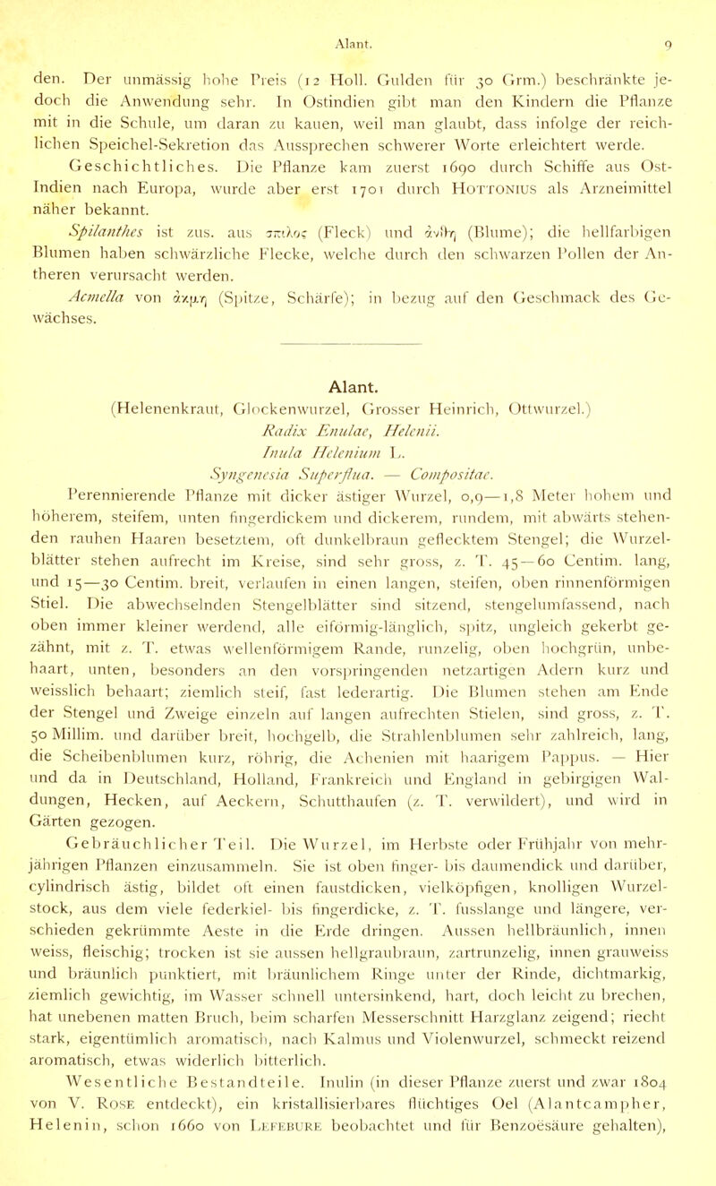den. Der unmässig hohe Preis (j2 Holl. Gulden für 30 Grm.) beschränkte je- doch die Anwendung sehr. In Ostindien gilit man den Kindern die Pflanze mit in die Schule, um daran zu kauen, weil man glaubt, dass infolge der reich- lichen Speichel-Sekretion das Aussprechen schwerer Worte erleichtert werde. Geschichtliches. Die Pflanze kam zuerst 1690 durch Schiffe aus Ost- Indien nach Europa, wurde aber erst 170T durch Hottonius als Arzneimittel näher bekannt. Spi/aiif/ies ist zus. aus nr.ihji (Fleck) und ri.vWr^ (Blume); die hellfarbigen Blumen haben schwärzliche Flecke, welche durch tlen schwarzen Pollen der An- theren verursacht werden. Acmella von a/jxrj (Spitze, Schärfe); in bezug auf den Geschmack des Ge- wächses. Alant. (Helenenkraut, Glockenwurzel, Grosser Heinrich, Ottwurzel.) Radix Enulac, Helenii. Tnula Hcleniiiiii L. Syngenesia Si/perßua. — Compositac. Perennierende Pflanze mit dicker ästiger Wurzel, o,q—1,8 Meter hohem und höherem, steifem, unten fingerdickem und dickerem, rundem, mit abwärts stehen- den rauhen Haaren besetztem, oft dunkelbraun geflecktem Stengel; die Wurzel- blätter stehen aufrecht im Kreise, sind sehr gross, z. T. 45 — 60 Centim. lang, und 15—30 Centim. breit, verlaufen in einen langen, steifen, oben rinnenförmigen Stiel. Die abwecliselnden Stengelblätter sind sitzend, stengelumfassend, nach oben immer kleiner werdend, alle eiförmig-länglich, sjjitz, ungleich gekerbt ge- zähnt, mit z. T. etwas wellenförmigem Rande, runzelig, oben hochgrün, unbe- haart, unten, besonders an den vorspringenden netzartigen Adern kurz und weisslich behaart; ziemlich steif, fast lederartig. Die Blumen stehen am Ende der Stengel und Zweige einzeln auf langen aufrechten Stielen, sind gross, z. T. 50 Millim. und darüber breit, hochgelb, die Strahlenblumen sehr zahlreich, lang, die Scheibenblumen kurz, röhrig, die Achenien mit haarigem Pappus. — Hier und da in Deutschland, Holland, Frankreich und England in gebirgigen Wal- dungen, Hecken, auf Aeckern, Schutthaufen (z. T. verwildert), und wird in Gärten gezogen. Gebräuchlicher Teil. Die Wurzel, im Herbste oder Frühjahr von mehr- jährigen Pflanzen einzusammeln. Sie ist oben finger- bis daumendick und darüber, cylindrisch ästig, bildet oft einen faustdicken, vielköpfigen, knolligen Wurzel- stock, aus dem viele federkiel- bis fingerdicke, z. T. fusslange und längere, ver- schieden gekrümmte Aeste in die Flrde dringen. Aussen hellbräunlich, innen weiss, fleischig; trocken ist sie aussen hellgraubraun, zartrunzelig, innen grauweiss und bräunlich punktiert, mit bräunlichem Ringe unter der Rinde, dichtmarkig, ziemlich gewichtig, im Wasser schnell untersinkend, hart, doch leicht zu brechen, hat unebenen matten Bruch, beim scharfen Messerschnitt Harzglanz zeigend; riecht stark, eigentümlich aromatisch, nach Kalmus und Violenwurzel, schmeckt reizend aromatisch, etwas widerlich bitterlich. Wesentliche Bestandteile. Inulin (in dieser Pflanze zuerst und zwar 1804 von V. Rose entdeckt), ein kristallisierbares flüchtiges Oel (Alantcampher, Helenin, schon 1660 von Lefebure beobachtet und für Benzoesäure gehalten).