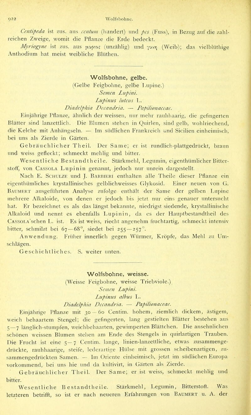 Centipeda ist zus. aus ccntuni (hundert) und pcs (Fuss), in Bezug auf die zahl- reichen Zweige, womit die Pflanze die Erde bedeckt. Myi-iogyne ist zus. aus [j.opio; (unzähhg) und y'jv^ (Weib); das vielblüthige Anthodium hat meist weibliche Blüthen. Wolfsbohne, gelbe. (Gelbe Feigbohne, gelbe Lupine.) Semen Lupini. Lupitms luteus L. Diadelphia Di'candria. — Papilionaccae. Einjährige Pflanze, ähnlich der weissen, nur mehr rauhhaarig, die gefingerten Blätter sind lanzetthch. Die Blumen stehen in Quirlen, sind gelb, wohlriechend, die Kelche mit Anhängseln. — Im südhchen Frankreich und Sicilien einheimisch, bei uns als Zierde in Gärten. Gebräuchlicher Theil. Der Same; er ist rundlich-plattgedrückt, braun und weiss gefleckt; schmeckt mehlig und bitter. Wesentliche Bestandtheile. Stärkmehl, Legumin, eigenthümlicher Bitter- stoff, von Cassola Lupinin genannt, jedoch nur unrein dargestellt. Nach E. Schulze und J. Barbieri enthalten alle Theile dieser Pflanze ein eigenthümliches krystallinisches gelblichweisses Glykosid. Einer neuen von G. Baumert ausgeführten Analyse zufolge enthält der Same der gelben Lupine mehrere Alkaloide, von denen er jedoch bis jetzt nur eins genauer untersucht hat. Er bezeichnet es als das längst bekannte, niedrigst siedende, krystallinische Alkaloid und nennt es ebenfalls Lupinin, da es der Hauptbestandtheil des CASSOLA'schen L. ist. Es ist weiss, riecht angenehm fruchtartig, schmeckt intensiv bitter, schmilzt bei 67—68°, siedet bei 255—257°. Anwendung. Früher innerlich gegen Würmer, Kröpfe, das Mehl zu Um- schlägen. Geschichtliches. S. weiter unten. Wolfsbohne, weisse. (Weisse F^eigbohne, weisse Triebviole.) Seinen Lupini. Lupinus albus L. Diadelphia Decandria. — Papilionaceae. Einjährige Pflanze mit 30 — 60 Centim. hohem, ziemlich dickem, ästigem, weich behaartem Stengel; die gefingerten, lang gestielten Blätter bestehen aus 5 — 7 längHch-stumpfen, weichbehaarten, gewimperten Blättchen. Die ansehnlichen schönen weissen Blumen stellen am Ende des Stengels in quirlartigen Trauben. Die Frucht ist eine 5—7 Centim. lange, linien-lanzettliche, etwas zusammenge- drückte, rauhhaarige, steife, lederartige Hülse mit grossen scheibenartigen, zu- sammengedrückten Samen. — Im Oriente einheimisch, jetzt im südhchen Europa vorkommend, bei uns hie und da kultivirt, in Gärten als Zierde. Gebräuchlicher Theil. Der Same; er ist weiss, schmeckt mehlig und bitter. Wesentliche Bestandtheile. Stärkmehl, Legumin, Bitterstoff. Was letzteren betrifft, so ist er nach neueren Erfahrungen von Baumert u. A. der
