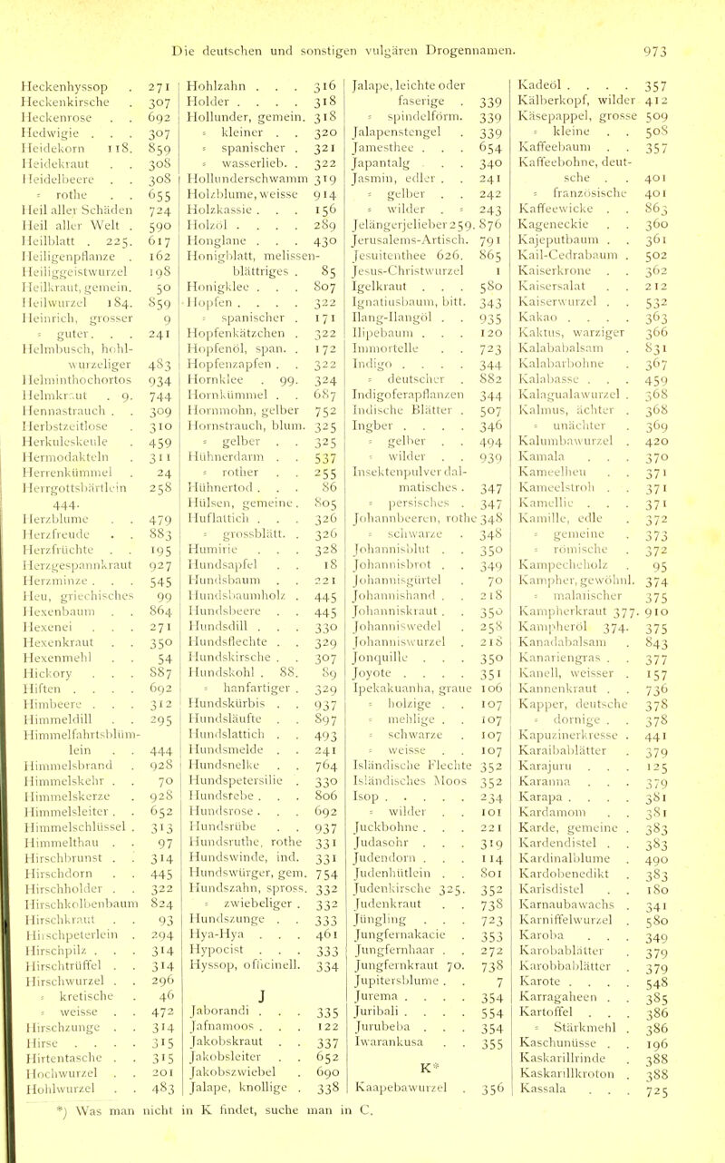 Heckenhyssop 271 Heckenkirsche 307 Heckenrose 692 Hedwigie . 307 Heidekorn il8. 859 1 leidekraut 308 1 feidelbeere 308 = rothe 655 1 leil aller Schäden 724 Heil aller Welt . 590 Heillilatt . 225. 617 lleiligenpflanze . 162 Heiliggeistwurzel 198 Heilkraut, gemein. 50 1 leilwurzel 1 84. S59 1 leinricli, grosser 9 = guter. . . 241 1 lelmbusch, hrdil- w urzeliger 483 1 lelniinthochortos 934 iielmkr'.ut . 9. 744 Hennastrauch . 309 Herbstzeitlose 310 Herkuleskeiile 459 Hermodaktcln 311 Herrenktimniel 24 Herrgottsliärtkin 258 444. Her/ljlunie 479 Herzfreude 883 Herzfrüchte 195 Herzgespannkraut 927 Herzminze . 545 Heu, griechisches 99 Hexenbaurn 864 Hexenei 271 Hexenkraut 350 Hexenmehl 54 Hickory S87 Hiften .... 692 Himbeere . 312 ilimmeldill 295 1 limmelfahrtsbliini- lein 444 1 limmelsbrand 928 llimmelskehr . 70 1 limmelskerze 92S 1 Innmelsleitcr . 652 Himmelschlüssel . 313 Iturimelthau . 97 i lirschbrunst . 314 1 lirschdorn 445 1 lirschholder . 322 1 lirschkolbenbaum 824 Hirschkraut 93 1 üischpeterlein . 294 Ilirschpilz . 314 Hirschtrüffel . 314 1 lirschWurzel . 296 = kretische 46 = weisse 472 1 [irschzunge . 314 Hirse .... 315 Mirtentasche . 315 1 lochwurzel 201 Hulilwuvzel 483 *) Was man nicht Hohlzahn . 316 Holder .... 318 Hollunder, gemein. 318 kleiner . 320 = spanischer . 321 = wasserlieb. . 322 Hollunderschwamm 319 Holzblume, weisse 914 Holzkassie . 156 Holzöl .... 289 Honglane . 430 Honigblatt, melissen- blättriges . 85 Honigklee . 807 Hopfen .... 322 spanisclier . 171 Hopfenkätzchen . 322 Hopfenöl, span. . I 72 Hopfenzapfen . 322 Hornklee . 99. 324 Hornkümniel . 687 Hornmohn, gelber 752 Hornstrauch, blum. 325 = gelber 325 Hühnerdarm . 537 = vother 255 Hühnertod . 86 Hülsen, gemeine. 805 Huflattich . . . 326 grossblätt. . 326 Humirie 328 Hundsapfel 18 Hundsbauni 2 2 1 Hunds'iauniliolz . 445 Hundsljeere 445 Hundsdill . . . 330 Hundsflechte . 329 Hundskirsche . 307 Hundskohl . 88. 89 hanfartiger . 329 Hundskürbis . 937 Plundsläufte 097 Hundslattich . 493 Hundsmelde . 241 Hundsnelke 764 Hundspetersilie . 330 Hundsfebe . 806 Hundsrose . 692 Hundsrübe 937 Hundsruthe, rothe 331 Hundswinde, ind. 331 Hundswürger, gem. 754 Hundszahn, spross. 332 zwiebeliger . 332 Hundszunge . 333 Hya-Hya 461 Hypocist 333 Hyssop, ofiicinell. 334 . J Jaborandi . 335 Jafnamoos . 122 Jakobskraut 337 Jakobsleiter 652 Jakobszwiebel 690 Jalape, knollige . 338 Jalape, leichte oder faserige 339 = spindelförm. 339 Jalapenstcngel 339 Jairresthee . 654 Japantalg . . 340 Jasmin, edler . 241 = gelber 242 = wilder . = 243 Jelängerjelieber 259. 876 Jerusalems-Artisch. 791 [esuitenthee 626. 865 Jesus-Christwiirzel I Igelkraut 580 Ignatiiisbaum, bitt. 343 Ilang-Ilangöl . 935 Ilipebauni . 120 Immortelle 723 Indigo .... 344 = deutscher 882 Indigoferapflan/en 344 Indische Blätter . 507 Ingber .... 346 gelber 494 wilder 939 Insektenpulver dal- matisches . 347 persisches . 347 Johannbeeren, rothe 348 schwarze 348 Johannislilut . 350 fohannisljrot . 349 Johannisgürtel 70 Johannishaird . 218 Johanniskraut . 350 Johanniswedel 258 Johanniswurzel 21S Jonquille 350 Joyote .... 351 Ipekakuanha, graue 106 = holzige . 107 mehlige . 107 schwarze 107 = weisse 107 Isländische Flechte 352 Isländisches Aloos 352 Isop 234 = wilder lOI Juckbohne . 221 Judasohr . 319 Judendorn . 114 Judenhütlein . Soi Judenkirsche 325. 352 Judenkraut 738 Jüngling . . . 723 Jungfernakacie 353 fungfernhaar . 272 Jungfernkraut 70. 738 Jupitersblume . 7 Jurema .... 354 Juribali .... 554 Jurubeba . 354 Iwarankusa 355 Kaapebawurzfl . 356 Kadeöl .... 357 Kälberkopf, wilder 412 Käsepappel, grosse 509 = kleine 50S Kaffeeliaum 357 Kaffeebohne, deut- sche . 401 franzosische 401 Kaffeewicke . 863 Kageneckie 360 Kajeputbaum . 361 Kail-Cedrabaum . 502 Kaiserkrone 362 Kaisersalat 212 Kaiserwurzel . 532 Kakao .... 363 Kaktus, warziger 366 Kalababalsam 831 Kalabarbohne 367 Kalabasse . 459 Kalagualawurzel . 368 Kalmus, ächter . 368 = unächter 369 Kalumbawurzel . 420 Kamala 370 Kanieellieu 371 Kameelstroli . 371 Kamellie . 371 Kamille, edle 372 = genieine 373 = römische 372 Kampecheholz 95 Kampher, gewöhnl. 374 = malaiischer 375 Kampherkraut 377. 910 Kampheröl 374. 375 Kanadalialsam 843 Kanariengras . 377 Kanell, weisser . 157 Kannenkraut . 736 Kapper, deutsche 378 ' dornige . 378 Kapuzinerkresse . 441 Karaibal)lätter 379 Karajuru •25 Karanna 379 Karapa .... 381 Kardamon! 381 Karde, gemeine . 383 Kardendistel . 383 Kardinalblume 490 Kardobenedikt 383 Karlsdistel 180 Karnaubawachs . 341 KarniiTelwurzel 580 Karoba 349 Karobablrttter 379 Karol)bal)Iätter 379 Karote .... 548 Karragaheen . 3S5 Kartoffel 386 Stärkniehl . 386 Kaschunüsse . 196 Kaskarilh'inde 388 Kaskanllkrolon . 388 Kassala 725 in K findet, suche man in C.