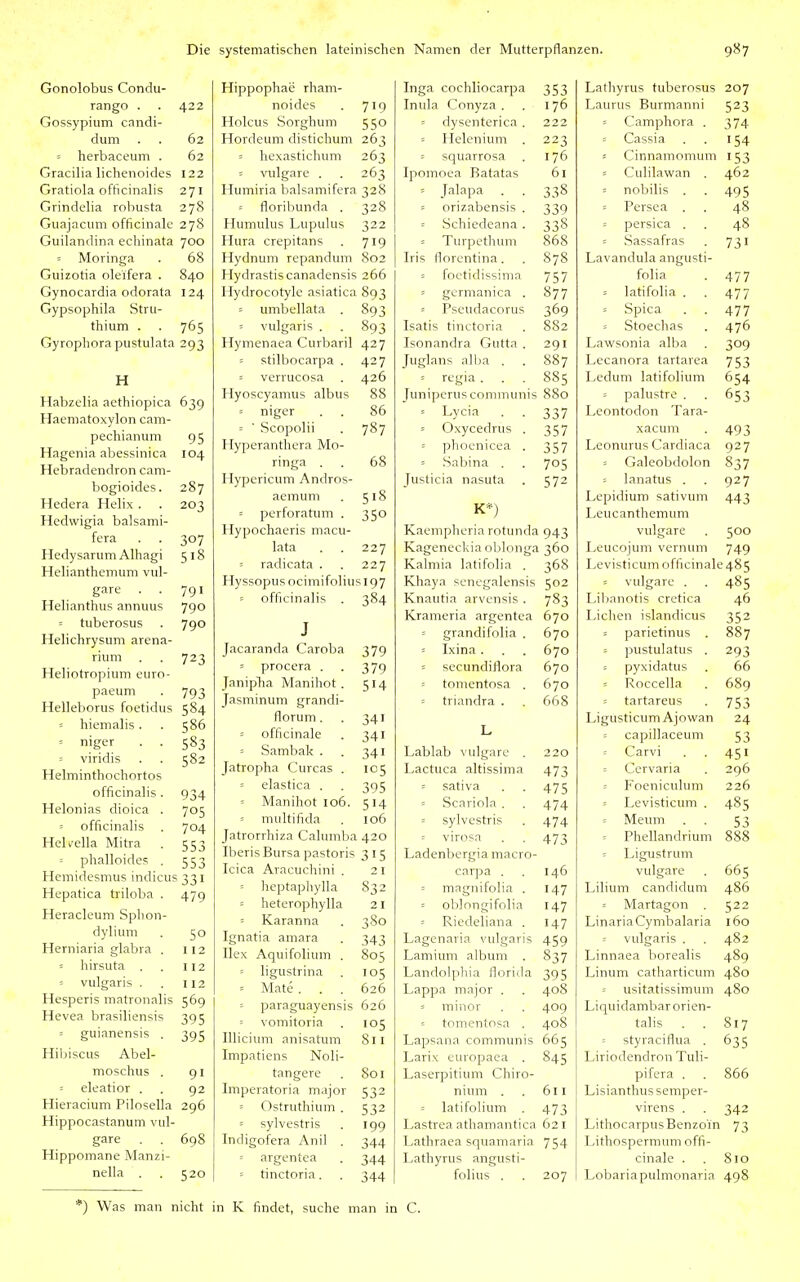 Gonolobus Condu- rango . . 422 Gossypium candi- dum . . 62 = herbaceum . 62 Gracilia lichenoides 122 Gratiola officinalis 271 Grindelia robusta 278 Guajacum officinale 27S Guilandina echinata 700 - Moringa . 68 Guizotia oleifera . 840 Gynocardia odorata 124 Gypsophila Stru- thium . . 765 Gyrophorapustulata 293 H Habzelia aethiopica 639 Haeniatoxylon cam- pechianum 95 Hagenia abessinica 104 Hebradendron cam- bogioides. 287 Hedera Helix . . 203 Hedwigia balsami- fera . . 307 Hedysarum Alhagi 518 Helianthemum vul- gare . . 791 Helianthus annuus 790 tuberosus . 790 Heiichrysum arcna- rium . . 723 Heliotropium eurn- paeum . 793 Helleborus foetidus 584 = hiemalis. . 586 = niger . . 583 = viridis . . 582 Helminthochortos officinalis. 934 Helonias dioica . 705 = officinalis . 704 Helvella Mitra . 553 = phalloides . 553 Hemidesmus indicus 331 Hepatica triloba . 47g Heracleum Sphon- dylium . 50 Herniaria glabra . 112 = hirsuta . . 112 = vulgaris . . 112 Hesperis matronalis 569 Hevea brasiliensis 395 = guianensis . 395 Hibiscus Abel- moschus . 91 eleatior . . 92 Hieracium Pilosella 296 Hippocastanum vul- gare . . 698 Hippomane Manzi- nella . . 520 Hippophae rham- noides 719 Holcus vSorghum 550 Hordeum distichum 263 = hexastichum 263 = vulgare . 263 Humiria balsamifera 328 ' floribunda . 328 Humulus Lupulus 322 Hura crepitans 719 Hydnum repandum 802 Hydrastis canadensis 266 Hydrocotyle asiatica 893 = umbellata . 893 = vulgaris . 893 Hymenaea Curbaril 427 = stilbocarpa . 427 = verrucosa 426 Hyoscyamus albus 88 = niger . . 86 = ' Scopolii 787 Hyperanthera Mo- ringa . . 68 Hypericum Andros- aemuni 518 = perforatum . 350 Hypochaeris macu- lata . . 227 = radicata . 227 Hyssopus ocimifoliusi97 = officinalis . 384 J Jacaranda Caroba 379 = procera . 379 Janipba Manihot . 514 Jasminum grandi- florum. 341 = officinale 341 = Sambak. 341 Jatropha Curcas . 105 = elastica . 395 = Manihot 106. 514 = multifida 106 Jatrorrhiza Calumba 420 Iberis Bursa pastoris 315 Icica Aracuchini . 21 heptaphylla S32 = heterophylla 21 Karanna 380 Ignatia amara 343 Hex Aquifolium . 805 = ligustrina 105 = Mate . . . 626 = paraguayensis 626 vomitoria 105 lUicium anisatum 811 Impatiens Noli- tangere 801 Imperatoria major 532 Ostruthium . 532 = sylvestris 199 Indigofera Anil . 344 argentea 344 = tinctoria. 344 Inga cochliocarpa 353 Inula Conyza . I 70 = dysenterica . 222 = Helenium 223 = squarrosa 176 Ipomoea Batatas DI = Jalapa 338 = orizabensis . 339 : Schiedeana . 33S = Turpethum 0 <c 0 öDö Iris florcntina. 878 = foetidissima 757 = germanica . Ö77 Per»! IM 1 rT\i'i 1 c 369 Isatis tinctoria öo2 Isonandra Gutta , 291 Juglans alba 00 7 = regia . . . 003 lunipcrus communis = Lycia 337 = Oxycedrus . 357 = phoenicea . 357 = Sabina . 705 Justicia nasuta 572 K*j Kaempheria rotunda 943 Kageneckia oblonga 360 Kalmia latifolia . 368 Khaya senegalensis 502 Knautia arvensis . 783 Krameria argentea 670 = grandifolia . 670 = Ixina . 670 = secundiflora 670 tomentosa . 670 triandra . 668 L Lablab vulgare . 220 Lactuca altissima 473 = sativa 475 Scariola . 474 = sylvestris 474 = virosa 473 Ladenbergia macro- carpa . 146 magnifolia . 147 = oblongifolia 147 Riedeliana . 147 Lagenaria vulgaris 459 Lamium album . 837 Landolphia florida 395 Lappa major . 408 = minor 409 = tomentosa . 408 Lapsana communis 665 Larix europaea . 845 Laserpitium Chiro- nium . 611 latifolium . 473 Lastrea athamantica 621 Lathraea squamaria 754 Lathyrus angusti- folius . 207 Lathyrus tuberosus 207 Laurus Burmanni 523 - Camphora . 374 = Cassia 154 -- Cinnamomum 153 ■- Culilawan . 462 = nobilis . 495 = Persea A G 48 = persica 4» ' Sassafras 731 Lavandula angusti- folia 477 s latifolia . 477 = Spica 477 ' Stoechas 476 Lawsonia alba 309 Lccanora tartarca 753 Ledum latifolium 654 = palustre . 053 Leontoclon lara- xacum 493 I^eonurus Cardiaca 927 ' Galeobdolon «37 = lanatus . 927 Lepidium sativum 443 Leucanthemum vulgare 500 Leucojum Vernum 749 Levisticum officinale 485 = vulgare . 485 Liljanotis cretica 46 Liehen islandicus 352 = parietinus . 887 = pustulatus . 293 = pyxidatus 66 = Roccella 689 = tartareus 753 Ligusticum Ajowan 24 = capillaceum 53 Carvi 451 = Cervaria 296 Foeniculum 226 ■ Levisticum . 485 = Meum . 53 = Phellandrium 888 = Ligustrum vulgare 665 Lilium candidum 486 = Martagon . 522 Linaria Cymbalaria 160 = vulgaris . 482 Linnaea borealis 489 Linum catharticum 480 = usitatissimum 480 Liquidambarorien- talis . . 817 styraciflua . 635 Liriodendron Tuli- pifera . 866 Lisianthussemper- virens . 342 Lithocarpus Benzoin 73 Lithospermum offi- cinale . 810 Lobariapulmonaria 498