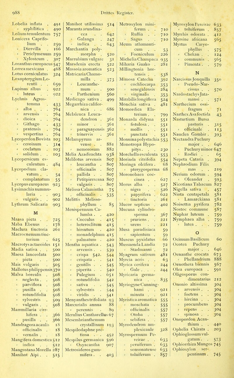 Lobelia inflata , 491 = syphilitica . 490 Loliunitemulentum 757 Lonicera Caprifo- lium . . 259 = Diervilla . 166 ' Periclymenum 259 = Xylosteum . 307 Loranthus europaeus 547 Lorreamexicana . 468 Lotus corniculatus 324 Loxopterygiuni Lo- rentii . . 659 Lupinus albus . 922 = luteus . . 922 Lychnis Agros- temma . 433 = alba . . . 764 = arvensis . 764 = dioica . . 764 = Githago . 433 ' pratensis . 764 = vespertina . 764 LycoperdonBovista 103 = ceroinum . 314 = coelatum . 103 = solidum . . 103 Lycopersicum es- culentum . 484 Lycopodium cla- vatum . . 54 = complanatum 55 Lycopuseuropaeus 923 Ly simachia nummu- laria . . 903 = vulgaris . . 902 Lythrum Salicaria 903 M Maasa picta . . 725 Maba Ebenus . 178 Maclura tinctoria 261 Macrocnemum tinc- torium . 625 Macrotys actaeoides 151 Madia sativa . . 500 Maesa lanceolata 500 = picta . . 500 Mais vulgaris . 505 Mallotus philippensis37o Malva borealis . 508 - neglecta. . 508 = parviflora . 508 = pusilla . . 508 = rotundifolia 508 = sylvestris . 509 ■ vulgaris . . 508 Mammillaria cirr- liifera . . 366 = pusilla . . 366 Mandragora acaulis iS = officinalis . 18 = vernalis . . 18 Mangifera domestica512 = indica . . 512 MangostanaMorella 287 Manihot Aipi . . 515 Manihot utilissinia 514 Maranta arundina- cea 642 = Galanga 247 = indica 643 Marchantia poly- morpha ?20 Marrubium vulgare 31 Marsdenia erecta 522 Massoia aromatica Matricaria Chamo- milla . 373 = Leucanthe- mum . i;oo = Parthenium 560 Medicago sativa . 499 Megarrhiza califor- nica 686 Melaleuca Leuca- dendron . 361 = minor 361 = paraguayensis •?62 = trinervis ^61 Melampyrum ar- vense . 881 ' nemorosum 882 Melia Azadirachta 938 Melilotus arvensis 807 = leucantha . 807 = officinalis 807 = pallida . 807 = Petitpierreana 807 - vulgaris . 807 Melissa Calamintha 75 officinalis 535 Melittis Melisso- phyllum . 85 Menispermum Ca- lumba . 420 = Cocculus 415 = heteroclitum 415 = hirsutum 420 - monadelphum 415 = palmatum . 420 Mentha aquatica . 543 = arvensis . 539 = crispa 542. 544 crispata . 541 gentilis . 545 = piperita . 540 = Pulegium 651 rotundifolia 542 = sativa 545 = sylvestris 544 - viridis 541 Menyanthestrifoliata 93 Marcurialis annua 88 s perennis 89 Merulius Cantharellus 67 Mesembrianthemum crystallinum 193 Mespilodaphne pre- tiosa . 452 Mespilus germanica 596 = Oxyacantha 907 Metrosideros gum- mifera . 403 Metroxylon mini- ferum . . 710 = Ruffia . . 710 = Sagus . . 710 Meum athamanti- cum . . 53 = Foeniculum 226 MicheliaChampaca 935 Miharia Guako . 281 Millingtonia hor- tensis . . 538 Mimosa Catechu 392 = cochliocarpa 353 = senegalensis 284 -- yirginalis . 353 Mirabilislongiflora 524 Mönchia sativa . 481 Momordica Ela- terium . . 799 Monarda didyma 551 = fistulosa. . 551 = mollis . . 551 = punctata . 551 Monninapolystachia 553 Monotropa Hypo- pitys. . . 230 Morchellaesculenta 553 Morinda citrifolia 554 Moringa oleifera . 68 s pterygosperma 68 Moronobaea coc- cinea . . 627 Morus alba . . 527 = nigra . . 526 = papyrifera . 622 = tinctoria . 261 jMucor septicus . 402 Mucuna cylindro- sperma . 367 = pruriens . . 221 = urens . . 221 Musa paradisiaca 59 = sapientum . 59 Muscus pyxidatus 66 Mussaenda Landia 72 - Stadmanni . 72 Myagrum sativum 481 Myrcia acris . . 63 Myrica cerifera . 244 = Gale ... . 244 Myricaria germa- nica . . 835 Myriogyne Cunning- hami . . 921 = minuta . . 921 Myristicaaromatica 555 = moschata . 555 = officinalis . 557 = Otoba . . 557 = sebifera . . 557 Myrodendron am- plexicaule 328 Myrospermum Pe- reirae . . 633 peruiferum . 633 sonsonatense 633 = toluiferum . 857 MyroxylonPereirac 633 = toluiferum . 857 Myrrhis odorata . 412 Myrsine africana 565 Myrtus Caryo- phyllus , 575 = Chekan . . 124 = communis . 565 = Pimenta . . 5 79 N Narcissus Jonquilla 350 = Pseudo-Nar- cissus . . 570 Nardostachysjata- mansi . . 571 Narthecium ossi- fragum . 71 Narthex Asafoetida 43 Nasturtium Bursa pastoris . 315 = officinale . 113 Nauclea Gambir . 393 Nectandra Puchury major . . 646 = Puchury minor 647 = Rodiei . . 65 Nepeta Cataria . 394 Nephrodium Filix mas . . 219 Nerium odorum . 594 Oleander . 593 Nicotiana Tabacum 827 Nigella sativa . 457 Niota centapetala 581 - Lamarckiana 581 Noisettia pyrifera 782 Nostoc commune 587 Nuphar luteum . 759 Nymphaea alba . 759 = lutea . . . 759 O OcimumBasilicum 60 Ocotea Puchury major . . 646 Oenanthe crocata 673 - Phellandrium 888 Oenothera biennis 567 Olea europaea . 591 Oligosporus con- dimentarius 212 Ononio altissima 304 = arvensis . . 304 = foetens . . 304 = hircina . . 304 = procumbens 304 = repens . . 304 = spinosa . . 304 Onopordon Acan- thium . . 440 Ophelia Chirata . 203 Ophioglossum vul- gatum . . 573 Ophiorrhiza Mungos 745 Ophioxylon ser- pentinum. 745
