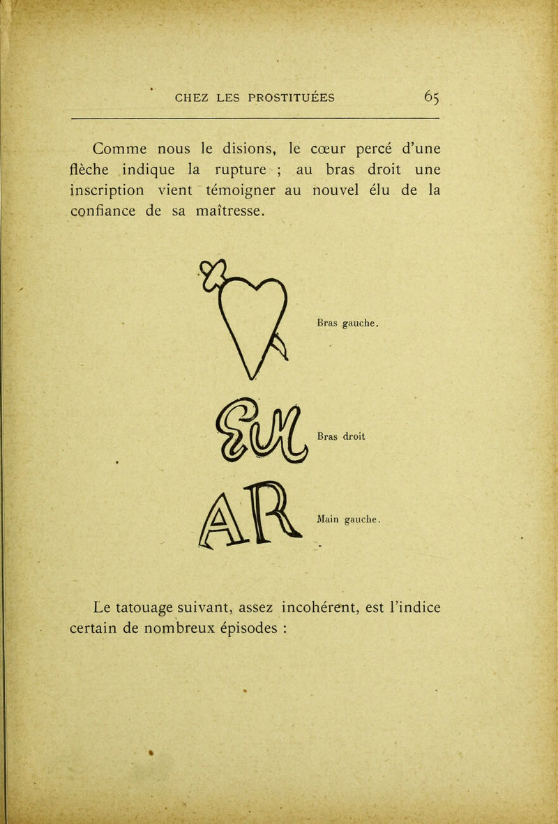 Comme nous le disions, le cœur percé d'une flèche indique la rupture ; au bras droit une inscription vient témoigner au nouvel élu de la confiance de sa maîtresse. Le tatouage suivant, assez incohérent, est l'indice certain de nombreux épisodes :