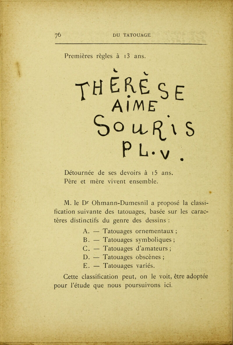Premières règles à i3 ans. AIMF P L. V . Détournée de ses devoirs à i5 ans. Père et mère vivent ensemble. M. le Dr Ohmann-Dumesnil a proposé la classi- fication suivante des tatouages, basée sur les carac- tères distinctifs du genre des dessins : A. — Tatouages ornementaux ; B. — Tatouages symboliques; C. — Tatouages d'amateurs; D. — Tatouages obscènes ; E. — Tatouages variés. Cette classification peut, on le voit, être adoptée pour l'étude que nous poursuivons ici.