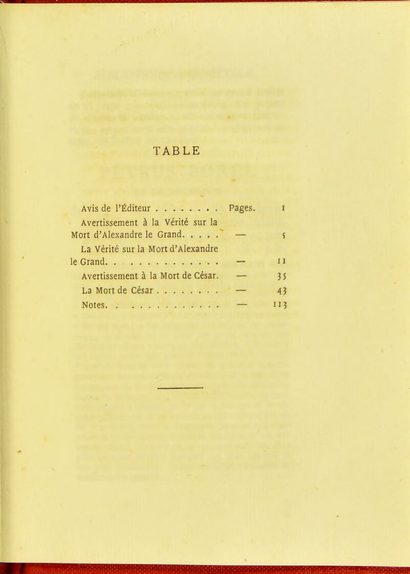TABLE Avis de l'Éditeur Pages. i Avertissement à la Vérité sur la Mort d'Alexandre le Grand — j La Vérité sur la Mort d'Alexandre le Grand — n Avertissement à la Mort de César. — J5 La Mort de César — 4Î Notes — n î