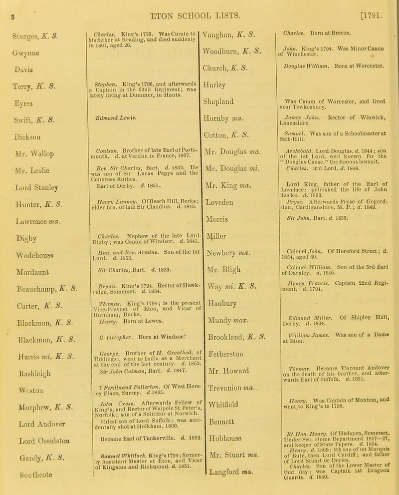 Sturg-es, K. S. Gwyune Davitt Terry, K. S. Eyres Swift, K. S. Dicksoa Mr. Wallop Mr. Leslie Lord Stanley Hiinter, K. S. Lawrence ma. Digby W odeliouse Mordaunt 33eaucliamp, E. S. Carter, K. S. Blackman, K. S. Blackman, K. S. Harris mi. K. S. Rashleigh Weston Morphew, K. S. Lord Audover Lord Ossulstott Gandy, K. S. gouthcote Charlet. Kinsr's 1793. ■WasCurate to | Vaug^^ai;!, X. 5. hisfiitlier ftt Keading, and died suddenly I ° in 18U1, aged 26. I Woodburn, K. S. Stephen. King's 1796, and afterwards a Captain in the C2nd Regiment; was lately living at Uummer, in Hants. Edmund Lewis. Coulson. Brother oflate EarlofPorts- mouth. d. at Verdun in France, 1807. Rev. Sir Charles, Bart. d. 1832. He ! was son of Sir Lucas Pepys and the Countess Kothes. Earl of Derby, d. 1851. Henri/ Lannoy. Of Beach Hill, Berks; elder bro. of late Sir Claudius, d. 1813. Charles. Nephew of the late Lord Digby ; was Canon of Windsor, d. 1841. Clmrcli, K. S. llarley Shapland Hornby ma. Cotton, K. S. Mr. Douglas ma. Hon. and Rev. Armine. Lord. d. 1853. Son of the Ist Sir Charles, Bart. d. 1823. Bn/an. Kln2'sl794. RectorofHawk- ridge, Somerset, d. 1834. Thomas. King's 1794; is the present Vice-Frovost of Eton, and Vicar of Burnliam, Bucks. Henry. Born at Lewes. C Tistopher. Born At Windsor. Mr. Douglas mi. Mr. King ma. Loveden Morris Miller Newbery ma. Mr. Bligh Way m,i. K. S. Hanbury Mundy max. Brookland, K. S. George. Brother of H. Greathed. of I J^etberstoil Uddings ; went to India as a Merchant f at the end of the last century, d. 1862. I Sir John Colman, Bart. d. 1847. | Mr. Howard Trevanion ma.. Wliitfield ? Ferdinand FulleHon. OfWestHors- ley Place, Surrey. d.l835. Mm Cross. Afterwards Fellow of Kin-'s, and RectorofWalpolet^t.Peter's, Norfiilk ; son of a Solicitor at Norwich. I Idcst son of Lord SuiTolk ; was acci- I ggnnett dentally shotatHolkhani, 1800. i Became Earl of Tankerville. d, 1859. | I^obhouse Samuel Whittoclt. King's 1794; former- | Mr. Stuart ma. ly Assistant Master at Eton, and Vicar of Kinj^scon and Richmond, d. 1861. , Langford ma. Charles. Bom at Brecon. John. King's 1794. Was MinorCanon of Winchester. Douylas William. Born at Worcester. Was Canon of Worcester, and lived near Tewkesbury. James .John. Lancashire. Rector of Winwick, Samuel. Was son of a Schoolmaster at Salt-Hill. Archibald. Lord Douglas, d. 1844; son of the 1st Lord, well known for the  Douglas Cause, the famous lawsuit. Charles. 3rd Lord. d. 1848. Lord King, father of the Earl of Lovelace; published the life of John Locke, d. 1833. Pri/se. Afterwards Pryse of Gogerd- dan, Cardiganshire, M. P.; d. 1849. Sir John, Bart. d. 1855. Colonel John. Of Hereford Street; d. 1854, aged 80. Colonel William. Son of the 3rd Earl ofDarnley. d. 1846. Henry Francis. Captain 22nd Regi- ment, d. 1794. Edmund Miller. Of Shipley Hall, Derby, d. 1834. William James. Was son of a Dame at Eton. Thomas. Became Viscount Andover on the death of his brother, and after- wards Earl of Suffolk, d. 1851. Henry. Was Captain of Montem, and went.to King's in 1796. Rt.Hon. Henry. Of Hadspen, Somerset. Under Sec. Home Department 1817—27, and keeper of State Papers, d. 1854. Henry, d. It09; .ith son of 1st Marquie of Bute, then Lord Cardifl; and father of Lord Stuart de Decies. Charles. Son of the Lower .Master of that day; was Captain 1st Dragoon Guards, d. 1810.