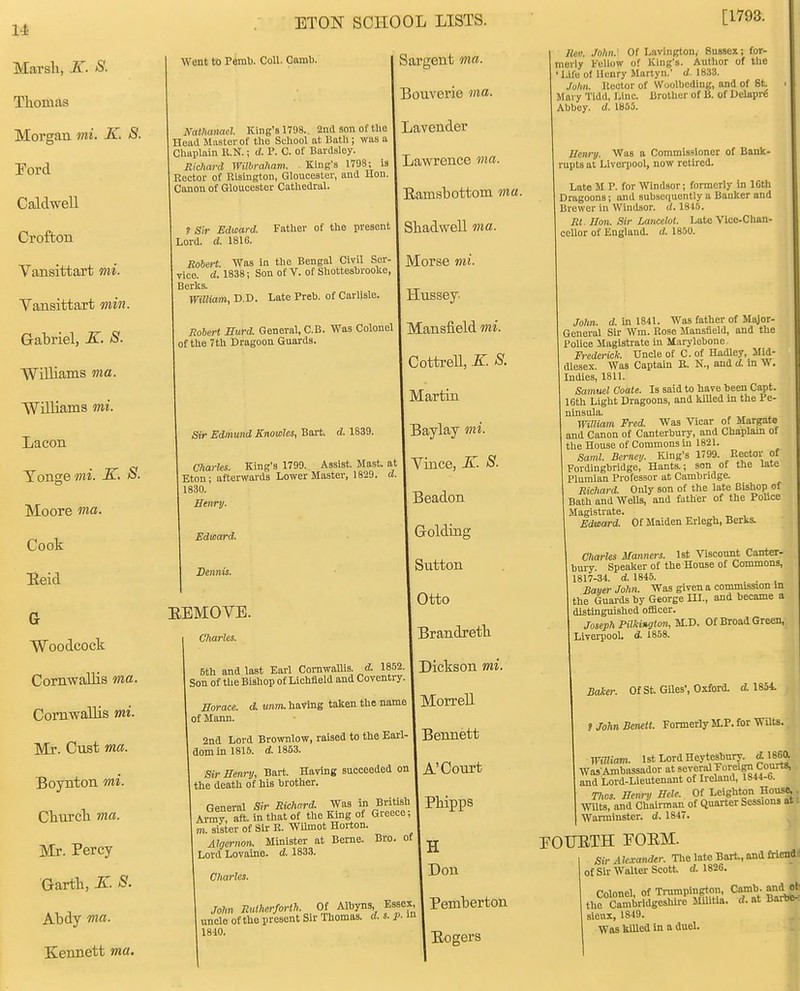 Marsh, K. S. Thomas Morgan mi. K. 8. Ford CaldweU Crofton Yansittart mi. Vansittart min. Gabriel, K. 8. Williams ma. WHliams mi. Lacon Tongewi. K, 8. Moore ma. Cook Eeid G Woodcock Cornwallis ma. ComwaUis mi. Mr. Oust ma. Boynton mi. Church ma. Mr. Percy- Garth, ir. 8. Abdy ma. Kennett ma. ETON SCHOOL LISTS. Wont to Pemb. Coll. Garni). | Sargent ma. Bouverie ma. Lavender Lawrence ma. Ramshottom ma. Shadwell ma. Morse mi. Hussey. Mansfield mi. Cottrell, K. 8. Martin Sir Edmund Knowles, Bait. d. 1839. I Baylay mi. Charles. King's 1799. Assist. Mast, at | Vince, K. 8. ton; afterwards Lower Master, 1829. d. | Beadon [1793. Nathanael. King's 1798.. 2nd son of the Head Muster of the Scliool at Bath; was a Chaplain R.N.; d. P. C. of Bardsloy. Richard WUbraham. King's 1798; is Rector of Risington, Gloucester, and Hon. Canon of Gloucester Cathedral. ? Sir Edward. Father of the present Lord. d. 1816. Robert. Was in the Bengal Civil Ser- vice, d. 1838; Son of V. of Shotteshrooke, WHliam, D.D. Late Preb. of Carlisle. Rohert Surd. General, C.B. Was Colonel of the 7th Dragoon Guards. Eton 1830. Hmry. Edward. Dennis. EEMOVE. Charles. 5th and last Earl ComwaUis. d. 1852. Son of the Bishop of Lichfield and Coventry. Borace. d. mm. having taken the flame of Mann. 2na Lord Brownlow, raised to the Earl- dom in 1815. d. 1853. Sir Henry, Bart. Having succeeded on the death of his brother. General Sir Richard. Was in British Army, aft. in that of the King of Greece; m. sister of Sir R. Wilmot Horton. Algernon. Minister at Berne. Bro. of Lord Lovaine. d. 1833. Charles. Golding Sutton Otto i Brandreth Dickson mi. MorreU Bennett A'Court Phipps iH I Don Rev. John: Of Lavington, Sussex; for- merly Fellow of King's. Author of the Life of Uenry Martyn.' d. 1833. John. Rector of Woolbeding, and of St. Mary Tidd, Line. Brother of B. of Dclaprfi Abbey, d. 1B55. Henry. Was a Commissioner of Bank- rupts at Liverpool, now retired. Late M P. for Windsor; formerly in IGth Dragoons; and subsequently a Banker and Brewer in Windsor, d. 1815. Rl. Hon. Sir Lancelot. Late Vlce-Chan- cellor of England, d. 1850. John. d. in 1841. Was father of Major- General Sir Wm. Rose Mansfield, and the Police Magistrate in Marylebone Frederick. Uncle of C. of Hadley, Mid- dlesex. Was Captain K N., and d. in W. Indies, 1811. Samuel Coate. Is said to have been Capt. 16th Light Dragoons, and kiUed In the Pe- nuisula. William Fred. W^as Vicar of Margate and Canon of Canterbury, and Chaplam of the House of Commons ui 1821. Saml. Berney. King's 1799. Eector of Fordingbridge, Hants.; son of the late Plumian Professor at Cambridge. Richard. Only son of the late Bishop of Bath and Wells, and father of the Pohce Magistrate. I Edward. Of Maiden Erlegh, Berks. Charles Manners. 1st Viscomit Canter- bury. Speaker of the House of Commons, 1817-34. d. 1845. . . Bayer John. Was given a commission m the Guards by George UI., and became a distinguished officer. Joseph Pilkington, M.D. Of Broad Green, Liverpool, d. 1858. Baker. Of St GUes', Oxford, d 1854 f John Benett. Formerly M.P. for Wilte.' Waiimi. 1st Lord Heytesbury rf. 86a Was Ambassador at several Foreign Courts, and Lord-Lieutenant of Ireland, 1844-6. 77,05. Eenr>i Hele. Of Leightcn Hous^. WUts, and Chairman of Quarter Sessions et t Warminster, d. 1847. EOUETH POEM. John Rutherforth. Of Albyns Essex, uncle of the present Sir Thomas, d. s. p. in 1810. I Pemberton Eogers , Sir Alexander. The late Bart., and InenAi of Sir Walter Scott, d. 1826. ' Colonel, of Tnimpington, Camb- and of the Cambridgeshire MUitla. d. at Barbe- sieux, 1S49. Was killed In a duel.
