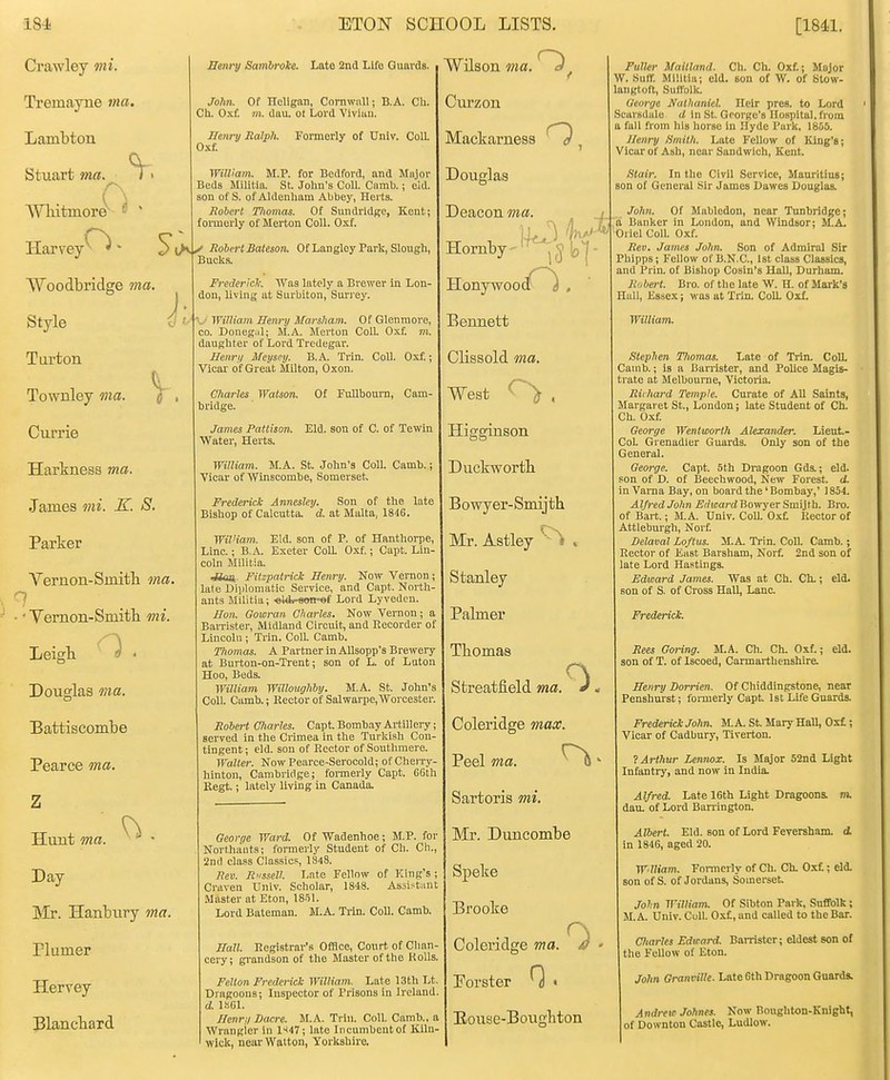 Crawley mi. Tremayne ma. Lambton Stuart ma. AVliitmore^ ' Ilarvey^^ * 5 Woodbridge ma. Style Turton Townley ma. Currie Henry Sambroie. Late 2nd Life Guards. JoJm. Of Hcligan, Cornwall; B.A. Ch. Ch. Oxf. m. dau. ot Lord Vivluu. Henry Ralph. Oxf. Formerly of Univ. Coll. William. M.P. for Bedford, and Mnjor Beds Militia. St. Jolin's CoU. Cnmb.; eld. son of S. of Aldenham Abbey, Herts. Mobert Tliomas. Of Snndridge, Kent; fonuerly of Merton Coll. Oxf. Robert Bateson. Of Langley Park, Slough, Bucks. J: 0 Harkness ma. James mi. K. S. Parker A^ernon-Smitb ma. Yemon-Smitli mi. Leigb. Douglaa ma. Battiscombe Pearce ma. Z Hunt ma. Day Mr. Hanbtiry ma. riumer Hervey Blancbard Frederick. Was lately a Brewer in Lon- don, living at Surbiton, Surrey. \ • William Hem-y Marsham. Of Glenmore, CO. Douegiil; M.A. Merton ColL Oxf. m. daughter of Lord Tredegar. Henrii Meijscy. B.A. Trin. CoU. Oxf.; Vicar of Great Milton, Oxon. Charles Watson. bridge. James Pattison. Water, Herts. Of FuUbourn, Cam- Eld, son of C. of Tewin William. M.A. St. John's Coll. Camb.; Yiear of Winscombe, Somerset. Frederick Annesley. Son of the late Bishop of Calcutta, d. at Malta, 184G. Wil'iam. Eld. son of P. of Hanthorpe, Line.; B.A. Exeter CoU. Oxf.; Capt. Lin- coln Militia. Jiaa,. FitzpatricJc Henry. Now Vernon; late Diiilomatic Service, and Capt. North ants Militia; oldi oan ef Lord Lyveden. Hon. Gowraii Charles. Now Vernon; a Barrister, Midland Circuit, and Recorder of Lincoln ; Trin. CoIL Camb. Thomas. A Partner in AHsopp's Brewery at Burton-on-Ti-ent; son of L. of Luton Hoo, Beds. William Willoughhy. M.A. St. John's CoU. Cimib.; Eector of Salwarpe,Worcester. Robert Charles. Capt. Bombay Artillery served in the Crimea in the Turkish Con- tingent ; eld. son of Rector of Southmere. Walter. Now Pearce-Serocold; of Chen-y hinton, Cambridge; formerly Capt. 66th Regt.; lately living in Canada. George Ward. Of Wadenhoe; M.P. for Northaiits; fonnerly Student of Ch. Ch., 2nd class Clas.sics, 1848. Rev. R'issell. Lnte Fellow of King's ; Craven Univ. Scholar, 1848. Assistant .Master at Eton, IS-'il. Lord Baleman. M.A. Trin. CoU. Camb. Hall. Registrar's Office, Court of Chan eery; gi'andson of the Master of the Rolls Felton Frederick William. Late 13th Lt Dragoous; Inspector of Prisons in Ireland d. ISGL Henry Dacre. M.A. Trin. Coll. Camb., ( Wrangler in l'<47; late Incumbent ot KUn^ wick, near Walton, Yorkshire, Wilson ma. ClU'zon Mackarness Douglas Deacon ma. / . Hornby'1+^ 5 b^' HonywoodT^ , Bennett Clissold ma. West , Higginson Duckwortli Bowyer-Smijth Mr. Astley . Stanley Palmer Thomas Streatfield ma .0. Coleridge max. Peel ma. Sartoris mi. Mr. Duneombe Speke Brooke Coleridge ma. a Porster Q « Eouse-Bougbton Fuller Maitland. Ch. Ch. Oxf.; Mojor W. Suir. Militia; eld. son of W. of Btow- Ittiigtoft, SuffoUc. George Nathaniel. Heir pres. to Lord Scarsdiile d in St. George's Hospital, from full from his horse in Hyde Park, 1855. Henry fimilh. Late Fellow of King's; Vicar of Ash, near Sandwich, Kent. Stair. In the Civil Service, Mauritius; son ot General Sir James Dawes Douglas. John. Of Mabledon, near Tunbridge; a Banker in London, and Windsor; M.A. Oriel Coll. Oxf. Rev. James John. Son of Admiral Sir Phipps; FeUow of B.N. C, 1st class Classics, and Prin. of Bishop Cosin's Hall, Durham. Robert. Bro. of tlie late W. H. of Mark's Hall, Essex; was at 'Irin. Coll. Oxf. William. Stephen Tliomas. Late of Trin. Coll. Camb.; is a Banister, and PoUce Magis- ti ate at Melbourne, Victoria. Richard Temple. Curate of AU Saints, Margaret St., London; late Student of Ch. Ch. Oxf. George Wentworth Alexander. Lieut- Col. Grenadier Guards. Only son of the General. George. Capt. 5th Di-agoon Gds.; eld. son of D. of Beechwood, New Forest, d. in Varna Bay, on board the' Bombay,' 1854. Alfred John Edward Bowj'er Smijth. Bro. of Bart.; M.A. Univ. Coa Oxt Rector of Attleburgh, Norf. Delaval Loftus. M.A. Trin. Coll Camb.; Rector of East Barsham, Nort 2nd son of late Lord Hastings. Edward James. Was at Ch. Ch.; eld. son of S. of Cross Hall, Lane. Frederick. Rees Goring. M.A. Cli. Ch. Oxf.; eld. son of T. of Iscoed, Carmarthenshire. Henry Dorrien. Of Chiddingstone, near Penshurst; formerly Capt 1st Life Guards. Frederick John. M. A. St. Mary HaU, Os£ ; Vicar of Cadbury, Tiverton. 1 Arthur Lennox. Is Major 52nd Light Infantry, and now in India Alfred. Late 16th Light Dragoona vx. dau. of Lord Barrington. Albert. Eld. son of Lord Feversham. d in 1846, aged 20. Wdliam. Formerly of Ch. Ch. Oxf.; eld. son of S. of Jordans, Somerset John William. Of Sibton Park, Suffolk; M.A. Univ. Cull. Oxf, and called to the Bar. Charles Edicard. Barrister; eldest son of the Fellow of Eton. John Granville. Late 6th Dragoon Guards. Andrew Johnes. Now Bougliton-Knight, of Downton Castle, Ludlow.