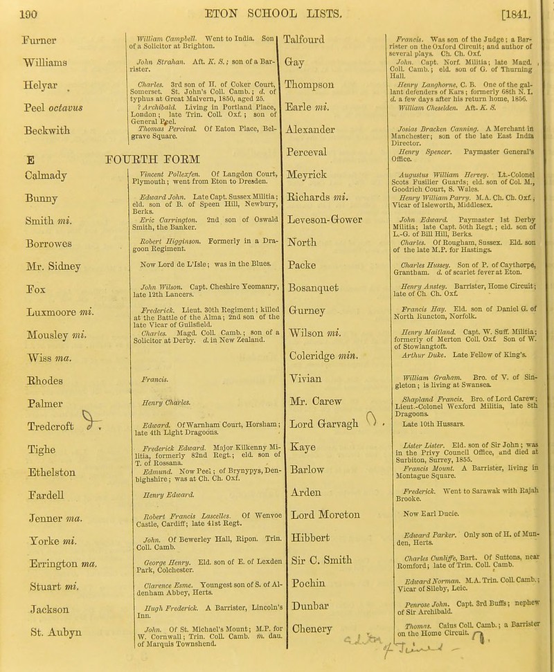 THuTier Williams Helyar Peel octavus Beckwith E Calmady Bimny Smitb. mi. Borrowes Mr. Sidney Fox Luxmoore mi. Mousley mi. Wiss ma. Eliodes Palmer Tredcroffc Tighe Ethelston PardeU Jenner ma. Torke mi. Errington ma. Stuart mi. Jackson St. Aubyn William Camphett. Went to India. Son | Talfourd of a Solicitor at Brigliton. John Sti-ahan. Aft K. S., ristoi'. son of a Bar- Gay Charles. Srd son of H. of Colcor Court, I TllOmpSOU Somerset St. John's Coll. Canib.; (Z. of I typhus at Great Malvern, 1850, aged 25. I ? Archibald. Living in Portland Place, I Earle mi. London ; late Trin. ColL Oxf. j son of [ General P^el. I Thomas Percival. Of Eaton Place, Bel- | Alexander gi'ave Square. Perceval EOUETH POEM Vincent Pollexfen. Of Langdon Court, I Mevrick Plymouth; went from Eton to Dresden. I EdwardJohn. Late Capt Sussex Militia; I Eichards mi. eld. son of B. of Speen Hill, Newbury, F Berks. L Eric Garrington. 2nd son of Oswald | LeVCSOn-Gower Smith, the Banker. Rohert Higginson. Formerly in a Dra- I J^ortll goon Regiment Now Lord de L'Isle; was in the Blues. I Packe John Wilson. Capt. Cheshire Yeomanry, I Bosanciuet late 12th Lancers. ' ^ ;. 30th Regiment; killed I Grumev ! Alma; 2nd son of the | Frederick. Lieut, at the Battle of the . late Vicar of Guilsfleld. Charles. Magd. Coll. Camh.; son of a | 'W'ilson mi. Solicitor at Derby, d. in New Zealand. Francis. Henry Ghiirks. Coleridge min. Vivian Mr. Cai'ew Edward. Of Wamham Court, Horsham; I Lord Grarvagh late 4th Light Dragoons. Frederick Edward. Major Kilkenny Mi- I KayC litla, formerly 82nd Regt.; eld. son of F T. of Rossana. l -r> i Edmund. Now Peel; of Brynypys, Den- | BarloW bighshlre; was at Ch. Ch. Oxf. 0 Henry Edward. Arden Of wenvoe | Lord Moreton Rohert Francis Lascelles Castle, Cardiff; late 41st Regt. John. Of Bewerley Hall, Ripon. Trin. | Hibbort Coll. Camh. George Henry. Eld. son of E. of Lexden | Sir C. Smith Park, Colchester. Clarence Esnie. Youngest son of S. of Al- | Pocllin denham Abbey, Herts. Hugh Frederick. A Bai-rister, Lincoln's | Dunbar Inn. John. Of St MichaeVs Mount; M.P. for Cbcncry W. Cornwall; Trin. Coll. Camb. m. dau. ^ j of Marquis Townshend. I *-< V.^/'-'T- Francis. Was son of the Judge; a Bar- rister on the Oxford Circuit; and author of several plays. Ch. Ch. Oxf. John. Capt. Norf. Militia; late Magd. Coll. Camb.; eld. son of G. of Thurning Hall. Henry Langhome, C. B. One of the gal- lant defenders of Kara; formerly 68th N. I. d. a few days after his return home, 185G. William Cheselden. Aft. K. S. Josias Bracken Canning. A Merchant in Manchester; son of the late East India Director. Henry Spencer. Paymaster General's Office. Augustus William Hervey. Lt-Colonel Scots Fusilier Guards; eld. son of CoL M., Goodrich Court, S. Wales. Henry William Parry. M.A. Ch. Ch. Oxf.; Vicar of Isleworth, Middlesex. John Edward. Paymaster 1st Derby Militia; late Capt 5uth Regt.; eld. son of L.-G. of Bill HUl, Berks. Charles. Of Rougham, Sussex. Eld. son of the late M.P. for Hastings. Clmrles Hussey. Son of P. of Caythorpe, Grantham, d. of scarlet feverat Eton. Henry Anstey. Banister, Home Circuit; late of Ch. Ch. Oxf. Francis Hay. Eld. son of Daniel G. of North Runcton, Norfolk. Henry Maitland. Capt W. Snff. Militia; formerly of Merton CoU. Ox£ Son of W. of Stowlangtoft Arthur Duke. Late Fellow of King's. William Ch-ahnm. Bro. of V. of Sin- gleton ; is living at Swansea. Shapland Francis. Bro. of Lord Carew; Lieut.-Colonel Wexford Militia, late Sth Dragoons. Late 10th Hussara. Lister Lister. Eld. son of Sir John; was in the Privy CouneU OfiSce, and died at Surbiton, Surrey, 1855. Francis Mount. A Barrister, living in Montague Square. Went to Sarawak with Rajah Now Earl Dncie. Frederick. Brooke. Edward Parker. Only son of H. of Mun- den, Herts. Charles Cunliffe, Bart. Of Suttons, near Romford; late of Trin. CoU. Camb. I Edward Norman. M. A. Tria Coa Camb.; Vicar of Sileby, Leic. Pem-ose John. Capt Srd Buffs; nephew of Sir Archibald. Thomns. Cains Coa Camb.; a Barrister on the Home Circuit /-»