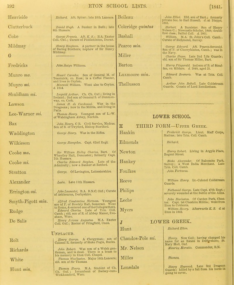 [1841. Heavisicle Clutterbuck Coke Mildmay G Eredricks Munro ma. Munro mi. Shuldliam mi, Lawson Lee-Warner mi. Bax Waddington Wilkieson Cooke ma. Cooke mi. Stratton Alexander Errington mi. Smyth-Pigott min. Eudge iDe Salis Eolt Eicliards mite Hunt min. Richard. Aft. Sploer; lato 16th Lancora. Daniel Hugh. A Banker in Bath; lato 8th Hussai's. George Francis. Aft. K. S.; B.A. Exeter Coll. Oxf.; Curate of Piddlehinton, Dorset. Henry Bingham. A partner in the house of Baring Brothers; nephew of Sir Henry Mildmay. John Jesiyn Williams. Stuart Caradoc. Son of General M. of Teaniniek, co. Ross; is a Coffee Planter, and lives in Ceylon. Maxtcell William. Went also to Ceylon. d. 1854. Leopold Arthur. Ch. Ch. Oxf.; living in Ireland; 2nd sou of General S. of Dunman- way, CO. Cork. James H. de Cardomel. Was in the Dragoons ; now in the Militia, and living in Paris. Tliomas Henry. Youngest son of L.-W. of Walslngham Ahbey, Norfolk. John Henry, C B. CivU Service, Madras. Son of B, of Twyford, Bishop Stortford. Oeorge Henry. Was in the Rifles. George Hampden. Capt. 62nd Regt. .Sir William RiJley Charles, Bart. Of Wheatley Hall, Doncaster; formerly Capt, 7tli Hussars. Charles Edward Stephen. Late of the Admiralty; now a Banker at Retford. Qewge. Of Levington, Leicestershire. Leslie. Late llth Hussars. JohnLauncelot. B.A. B.N.C. Oxf.; Curate of Ashbourne, Derbyshire. Alfred Constantine Norman. Youngest son of P. of Brockly Hall, Somerset. Went to Rome, & entered one of the Colleges there. Edward Charles. Late of Trtn. Coll. Camb.; eld. son of R. of Abbey Manor, Eve sham, Wore. Henry Jirome Atigustus. M.A. Exeter Coll. Oxf.; Rector of Fringford, Oxon. Unplaced. Henry Oeorge. A Clergyman; son of Colonel R. formerly of Stoke Pogis, Bucks John Robert. Was son of a Welsh gen. tleman, and is dead. There is a brass to his memory in Eton Coll. ChapeL Thomas Woollaston. Major 16th Lancers: eld. son of Sir Thomas. Thomas Henry. M.A. Student of Ch. Ch. Oxf. ; Incumbent of Badsey-cum- Wickhamford, Wore. '. 3oileau Coleridge guintus Bashall Pearce min. Miller Barton Luxmoore min. Thellusson John Elliot. Eld. son of Bart; formerly private Sec. to Earl Russell, d. at Dieppe, 1801. Herbert. A Barrister. Son of Henry Nelson C; Newcastle Scholar, 1848; double first class; lialUol Coll. d. 18G1. William. M.A. St. John's ColL Camb.; Curate of Richmond, Sm-rey. Oeorge Edward. Aft. Pearee-Scrocold. Son of P. of Cherryhinton, Camb.; was in the Navy. Charles Hayes. Late 2nd Life Guards; eld. son of Sir Thomas Miller, Bart. Harry Fitzgerald. 2nd son of B. of Straf- fan, CO. Kildare. d. 1848, aged 21. Edward Bouverie. Was at Trin. Coll. Camb. Arthur John Bethell. Late Coldstream Guards. Cousin of Lord Rendlesbam. H Hankin Edmonds Newton Hankey Eoulkes Eeeve Philips Leche Myers J Hunt LOWER SCHOOL. THIED FOEM—Uppee Greek. Fredericlc George. Lieut. Staff Corps, Madras; late Trin. CoU. Camb. Richard. Harry Robert. Living in Argyle Place, Regent Street Blake Alexander. Of Balcombe Park, Surrey; a West India Merchant Late Trin. Coll. Camb. John Fortescue, WiUiam Henry. Lt-Colonel Coldstream Guards. Nathaniel George. Late Capt 47th Regt.; severely wounded at the Battle of the Alma. John Htirlesfon. Of Garden Park, Ches- ter. Capt. Ist Cheshire Militia; went from Eton to Coblentz. Williatn Henry. Afterwards K. S. d. at Eton in 1842. LOWEE GEEEK. Richard Elton. Cliandos-Pole mi. Mr. Nelson Milles Lonsdale Senry. Now Cell; having changed his name for an Estate in Der^lyshire; St Mary Hall, Oxf. Maurice Horatio. Commander, R.N. Thonws. Henry Hcyicood. Lato Srd Dragoon Guards; killed by a fall fi:om his horse in going to cover.