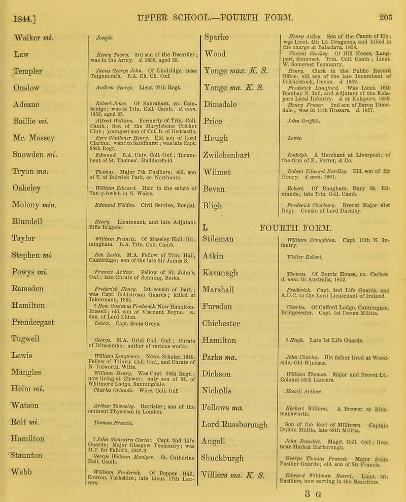 1844.] Walker mi. Law Templer Onslow Adeane BaiUie mi. Mr. Massey Snowden mi. Tryon ma. Oakeley Molony min. BlundeU Taylor Stephen mi. Powys mi. Eamsden Hamilton Prendergast TugweU Lewis Mangles Helm mi. Watson Eolt mi. Hamilton Staunton Webb TIPPER SCHOOL.—FOtJETH POEM. 205 Joseph. Henry Toatij. 3rd son of the Recorder; was in the Araiy. d. 1855, aged 26. James George John. Of Lindridge, near Teignmouth. B.A. Ch. Ch. Ox£ Andrew George. Lieut 97th Eegt Robert Jones. Of Babraham, co. Cam. bridge; wasatTrln. Coll. Camb. d. mm. 1853, aged 23. Alfred William. Formerly of Trin. Coll. Camb.; Sec, of the Marylebone Cricket Club; youngest son of Col. B. of Eedcastle. Eyre Clialloner Senry. Eld. son of Lord Clarina; went to Sandhurst; was late Capt 95th Regt. Edmund. B.A. Univ. CoU. Oxf ; Incum- bent of St Thomas', Huddersfleld. Thomas. Major 7th Fusiliers; eld. son of T. of Bulwick Park, co. Northants. William Edward. Heir to the estate of Tan-y-bwlch in N. Wales. Edmund Weldon. Civil Service, Bengal. Henry. Lieutenant, and late Adjutant Rifle Brigade. William Francis. Of Moseley Hall, Bir- mingham. B.A. Trin. Coll. Camb. Rev. Leslie. M.A. Fellow of Tiin. Hall, Cambridge; son of the late Sir James S. Francis Arthur. Fellow of St. John's, Oxf.; late Curate of Sonning, Berks. Frederick Henry. 1st cousin of Bart.; was Capt. Coldstream Guards; kiUed at Inkermann, 1854. 1 Hon. Gustavus Frederick. Now Hamilton- Russell; eld. son of Viscount Boyne. m. dau. of Lord Eldon. Lenox. Capt. Scots Greys. Gecyrge. M.A. Oriel Coll. Oxf.; Curate of nfracombe; author of various works. William Lempriere. Newc Scholar, 1849. Fellow of Trinity Coa Ox£, and Cuiate of N. Tidworth, Wilts. William Henry. Was Capt. 50th Regt.; now living at Clewer; only sou of M. of Whitmore Lodge, Sunningdale. Charles Orlando. Wore. Coll. 0.x£ Arthur Towneky. Barrister; son of the eminent Physician in London. Thomas Francis. 1 John Olencaim Carter. Capt. 2nd Life Guards; Major Glasgow Yeomanry; was M.P. for Falkirk, 1857-9. George William Maulger. St. Catherine Hall, Camb. William Frederick. Of Pepper Hall, Cowton, Yorkshire; late Lieut. 17th Lan- cers. Sparke Wood Tonge max. K. S. Tonge ma. K. S. Dimsdale Price Hough Zwilcbenbart Wilmot Sevan Bligh Henry Astley. Son of the Canon of Ely; wf 8 Lieut. 4th Lt Dragoons, and killed in the cliarge at Balaclava, 1854. Vincent Stuckey. Of Hill House, Lang- port, Somerset. Trin. Coll. Camb.; Lieut W. Somerset Yeomanry. Henry. Clerk in the Public Record Office; eld. son of the late Incumbent of Frithelstock, Devon, d. 1862. Frederick Langford Was Lieut 16th Bombay N. In£, and Adjutant of the Kola- pore Local Infantry, d at Kolapore, 185C. Henry Eraser. 2nd son of Baron Dims- dale ; was in 11th Hussars, d, 1857. John Griffilli. Lewis. Rodolph. A Merchant at Liverpool; of the firm of Z., Forrer, & Co. Robert Edward Eardley. Eld. son of Sir Henry, d unm. 1861. Robert. Of Rougham, Bury St Ed- munds ; late Trin. CoU. Camb. Frederick Cherbury. Brevet Major 41st Regt. Cousin of Lord Damley. L Stileman Atkin Kavanagh Marshall Fursdon Chichester Hamilton Parks ma. Dickson NichoUs Fellows ma. Lord Eussborough Angell Shuckburgh Villiers ma. K. 8. FOUETH FOEM. William Croughton. fan try. WaUer Robert. Capt ISth K. In- Thomas. Of Borris House, co. Carlow. d. unm. in Australia, 1852. Frederick. Capt. 2nd Life Guards, and A.D.C. to the Lord Lieutenant of Ireland. Charles. Of Cufford Lodge, Cannington, Bridgewater. Capt 1st Devon Militia. ? Hugh. Late 1st Life Gnards. John diaries. His father lived at Wood- side, Old Windsor. WiUiam ITiomas. M^or and Brevet Lt- Colonel 16th Lancers. Howell Arthur. Herbert William. mansworth. A Brewer at Rlck- Son of the Earl of Milltown. Captain Dublin MiUtia, late 68th Militia. John Benedict. Mngd. CoU. Oxt; lives near Market Harborough. George Thomas Francis. Major Scots Fusilier Guards; eld. son of Sir Francis. Bdmrd Wildman Bascvi. Lieut 5th FusiUers, now serving in the Mauritius.