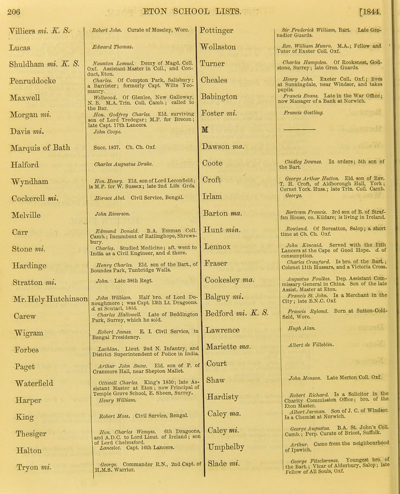 Villiers mi. K. S. Lucas Shuldham mi. K. S. Penruddocke Maxwell Morgan mi. Da\ds mi. Marquis of Bath Halford Wyndliain CockereU mi. Melville Carr Stone mi. Hardiage Stratton mi. Mr. Hely Hutchinson Carew Wigram Forbes Paget Waterfield Harper King Thesiger Halton Tryon mi. Robert John. Curate of Moseloy, Wore. | Pottinger Edward Thomas. \ Wollaston Naunton Lemuel. Demy of Magd. Coll. | Turner Oxf. Assistant Master in Coll., and Con- duct, Eton. Charles. Of Compton Park, Salisbui-y; | ChcaleS a Barrister; formerly Capt Wilts Yeo- maur}'. WeUwood. Of Glenlee, New Galloway, I Babington N. B. M.A. Trin. CoU. Camb.; caUed to ' the Bar. ffon. Godfrey diaries. Eld. surviving son of Lord Tredegar; M.P. for Brecon; late Capt. 17th Lancers. John Coope. Succ. 1837. Ch. Ch. Oxf. Charles Augustus Drake. Ron. Henry. Eld. son of Lord Leconfield; is M.P. for W. Sussex; late 2nd Life Grds. Horace Abel Civil Service, BengaL John Biverson. Poster mi. M Dawson ma. Coote Croft Mam Barton ma. Hunt min. Edmund Donald. B.A. Emman Coll Camb.; Incumbent of Ratlinghope, Shrews- bury. I Charles. Studied Medicine; aft -went to | JjennOX India as a Civil Engineer, and d. there. Eem-y Charles. Eld. son of the Bart., of | Praser Boundes Park, Tunbridge Wells. John. Late 38th Eegt. Cookesley ma. John William. Half bro. of Lord Do- I Balguy mi. noughmore ; was Capt 13th Lt Dragoons. d. at Scutari, 1855. 1 n ij? j • TT C Charles Hallowell. Late of Beddington | J3ed±0rQ ml. Ji-. O. Park, Surrey, which he sold. Robert James. E. L Civil Semce, in | LaWTCnce Bengal Presidency. Lachlan. Lieut 2nd N. Infantry, and | MariettO ma. District Supeiintendent of Police in India. Arthur John Snow. Eld. son of P. of | Court Cranmore Hall, near Shepton Mallet OUiwell Charles. King's 1850; late As- sistant Master at Eton ; now Principal of Temple Grove School, E. Sheen, Surrey. Henry William. Robert Moss. Civil Service, Bengal. Shaw Hardisty Caley ma. Hon. Charles Wemyss. 6th Dragoons, | C&lej mt. and A.D.C. to Lord Lieut of Ireland; son of Lord Chelmsford. , in Lancelot. Capt 16th Lancers. | UmpnelDy George. Commander K.N., 2nd Capt. of I Slade mi. H.M.8. Warrior. Sir Frederick William, Bitrt Iittte Gre- nadier Guards. Rev. William Munro. M.A.; Fellow and Tutor of Exeter CoU. Oxf. Charles Hampden. Of Eooksnest, God- stone, Surrey; late Gren. Guards. Henry John. Exeter Coll. Oxf.; lives at Sunningdale, near Windsor, and takes pupils. Francis Evans. Late in the War Office; now Manager of a Bank at NorwiclL Francis Qostling. Chidley Dovmes. In orders; 5th eon of the Bart. George Arthur Hution. Eld. son of Rev. T. H. Croft, of Aldborough Hall, York; Cornet York. Hubs.; late Trin. Coll Camb. George. Bertram Francis. 3rd son of B. of Straf- fan House, co. Kildare; is living in Ireland. Rowland. Of Boreatton, Salop; a short thne at Ch. Ch. Oxf. John Kincaid. Served with the 12th Lancers at the Cape of Good Hope. d. of consumption. Charles Craufurd. Is bro. of the Bart; Colonel 11th Hussars, and a Victoria Cross. Augustus Foulkes. Dep. Assistant Com- missary General in China. Son of the late Assist. Master at Eton. Francis St. John. Is a Merchant in the City; late B.N.C. Ox£ Francis Ryland. Bom at Sutton-Cold- field. Wore Hugh Alan. Albert de VilUblin. John Monson. Late Merton Coll. 0x1 Robert Richard. Is a SoUcitor in the Charity Commission Office; bro. of the Eton Master. Albert Jarman. Son of J. C. of Wtadsor. Is a Chemist at Norwich. George Augustus. B.A St John's ColL Camb.; Perp. Curate of Bricet, Suffolk. Arthur. Came flrom the neighbourhood of Ipswicli. George Fittclarence. Youngest bro. of the Bart; Vicar of Alderbury, Salop; late Fellow of All Souls, Oxf.