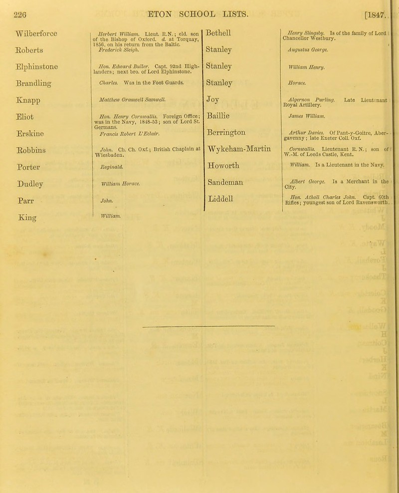 Wilberforce Koberts Herbert William. Llout R.N.; eld. son of tlio Bishop of Oxford, d. at Torquay, 1856, on his return from the Baltic. Frederick Sleigh. Bethell btanley Elphinstone Hon. Edward Buller. Capt. 02nd Uigli- landors; next bro. of Lord ElpUlnstone. Stanley Brandling Charles. Was in the Foot Guards. Stanley Knapp Matthew Oramoell Samwell. Joy Eliot Erskine Hon. Henry Cormoallis. Foreign OfBce; was in the Navy, 1818-53 ; son of Lord St. Germans. Francis Robert L'Eclair. Baillie Berrington Hobbins John. Ch. Ch. Oxf; British Chaplain at Wiesbaden. Wykeham-Martin Porter Reginald. Howorth Dudley- William Horace. Sandeinan Parr John. LiddeU King William. Henry Slingeby. Is of the family of Lord Chancellor Weslbury. Augustus George. William Henry. Horace. Algernon Purling. Late Lieut-nant noyal Artillery. James William. Arthur Dames. Of Pant-y-Goitre, Aber- gavenny i late Exeter Coll. Oxf. Cornwallis. Lieutenant R. N.; son of ■ W.-M. of Leeds Castle, Kent. William. Is a Lieutenant in the Navy. Albert George. Is a Merchant in the City. Hon. Atholl Charles John. Capt 60th Rifles; youngest son of Lord Ravenswortb.