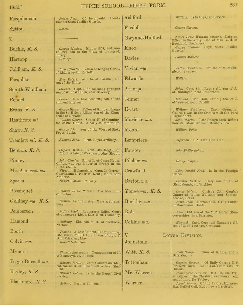 1850.] ITarquharson Sutton T Buckle, K. 8. Hartopp Coldham, K. S. Farquhar Smij th-Win dlia m Eendel Evaus, K. S. Heatlicote mi. Shaw, K. S. Tremlett mi. K. S. Bent mi. K. 8. Pinney ]Mr. Amliei'st ma. Sparks Bosanqnet Golduey ma. K. S. Pemberton Hamond Booth Colvin ma. Mynors Pegge-Burucll tna. Bayley, K 8. Blackmore, K. 8. TJPPEE SCHOOL—FIFTH FOEM. 231 Jamrs lioss. Of Invorcauld. Liout.- Colouc'l Soots Fusilier Guards. Jtoiert. George ManUy. King's 1854, and now Fellow; son ot the Vicar of Banslead, Surrey. 1 Oearge. Jamen Charles. Fellow of King's; Curate of Riddieswortli, Norfolk. Eric Robert. Attach^ at Parana; eld. son of Sir Minto. Stewart. Capt. Rifle Brigade; youngest son of W. of Waghen, near Beverley. Stuart. la a Law Student; son of the eminent Engineer. George Henry. Fellow of King's; Ensign in the St. Helena Rifles; son of the Chan- cellor of Norwich. William George. Son of H. of Conning- ton Castle, Hunts, tl. early at Cambridge. George John. Son of the Vicar of Stoke Poges, Buclis. Edmund John. Lieut Royal Artillery. Steplitn Weston. Lieut. 4th Regt.; son of Major B. late of Wexham Lodge, Slough. John Cliarles. Son of P. of Camp House, Clifton, who was -Mayor of Bristol in the Rints, 1830-1. Viscount Holmesdale. Capt. Coldstream Guards, and M.P. lor VV. Kent; son of Lord Amherst. Robert Watson, d. early. Charles Bertie PuUeine. Barristei-, Lin- coln's Inn. Samuel. Is Curate at St. Mary's, Shrews- bury. Loftus Leigh. Registrar's Office, Court of Chancery; Lieut. East Kent Yeomanry. Anthony. Eld. son of H. of Westacre, Norfolk. Thomas. A L.wStudent, Inner Temple; late Univ. t:oll. Oxf.; eld. son of Rev. T. B. of Friskney, Line. Russell Oakenham. Thomas Baskerville. Youngest son of 51. of Evancoyd, co. Radnor. Edward Strelley ('ai>t. Coldstream Ods.; eld. son of li. of IJcaucliielT Abbey, Slief- flcld. Steaart Colvin. Is in the Bengal Civil Service. Arthur, lioi n at Fulluim. Asliford Fardell Gwynne-Holford Knox Davies Vivian ma. Edwards Athorpe Jeiiner Ewart Mariette ma. Moore Lerapriere Forster Pilcher ma. Crawiurd Barton ma. Tonge ma. K. 8. Buckley ma. Eolt CoUiiis ma. V Johnstone Witt, K. 8 Tottenham Mr. Warren Warner William. Is in the Civil Sei-vico. George Tliomas. James Price William Gwynne. Late an Officer in the Army: son of -Mrs. G.-H. ot' Buckland, Brecknock. George William. Capt. Scots Fusilier Guards. Samuel Masters. Arthur Pendarves. .3rd son of V. of Sin- gleton, Swansea. William. Jolm. Capt 85th Regt.; eld. son of A. of Dlnningen, near RotUerham. Edmund. Trin. Hall, Camb.; bro. of J. of Weuvoe, near Cardiff. William Salisbury. Capt Grenadier Guards; was in the Crimea with the 9--(rd Highlanders. John Charles. Late Ensign CCth Rifles; now an Estanciero near Monte Video. William Price. Algernon. B.A. Trin. Coll. Oxf. John Philip Bohun. Hen ry Drayson. John Oswald Fred. Is in tlie Foreign Oftlce. Thi.mas Erskine. Only son of B. of Glendalough, ca Wicldow. Denys Ncls-.n. Christ's Coll. Camb. ; Curate of White Wallham and Shottes- brooke, Berks. Felix John. Merton ColL Oxf.; Curate of Rownhoms, Hants. John, EUl. son of the iI.P. for ^V. Glou- ccsterahire; is a Barrister. Edward Cipt Cornwall Rangers; eld. son of 0. of Truthan, Cornwall Lower. Division. John George. Barrister. • Fellow of King's, and a Charles George. Of Bally-Curry; M.P. for New Ross. Licut.-Col. Scots I'usilier Guards. John Byrne Leicester. B..A.. Oh. Cli. Oxf.; an Otiicer in the Cheshire Yeomanry; eld. son of Lord Oc Tablcy. Joseph Henry. Of the Priory, Hornsey: B.A. Balllol Coll. Oxf.; now a Barrister.