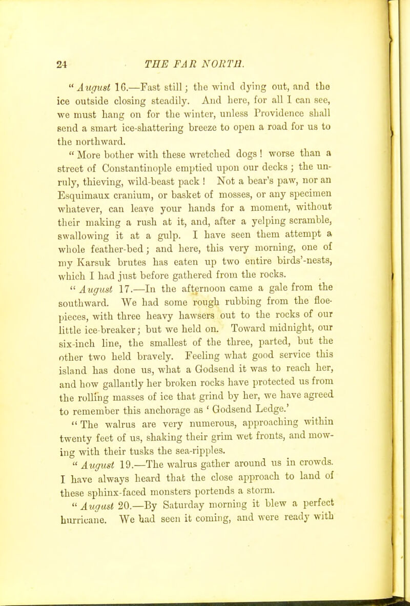 August IG.—Fast still; the wind dying out, and the ice outside closing steadily. And here, for all 1 can see, we must Lang on for the winter, unless Providence shall send a smart ice-shattering breeze to open a road for us to the northward.  More bother with these wretched dogs ! worse than a street of Constantinople emptied upon our decks ; the un- ruly, thieving, wild-beast pack ! Not a bear's paw, nor an Esquimaux cranium, or basket of mosses, or any specimen whatever, can leave your hands for a moment, without their making a rush at it, and, after a yelping scramble, swallowing it at a gulp. I have seen them attempt a whole feather-bed; and here, this very morning, one of my Karsuk brutes has eaten up two entire birds'-nests, which I had just before gathered from the rocks. ■August 17.—In the afternoon came a gale from the southward. We had some rough rubbing from the floe- pieces, with three heavy hawsers out to the rocks of our little ice-breaker; but we held on. Toward midnight, our six-inch line, the smallest of the three, parted, but the other two held bravely. Feeling what good service this island has done us, what a Godsend it was to reach her, and how gallantly her broken rocks have protected us from the rolling masses of ice that grind by her, we have agreed to remember this anchorage as ' Godsend Ledge.'  The walrus are very numerous, approaching within twenty feet of us, shaking their grim wet fronts, and mow- ing with their tusks the sea-ripples.  August 19.—The walrus gather around us in crowds. I have always heard that the close approach to land of these sphinx-faced monsters portends a storm.  August 20.—By Saturday morning it blew a perfect hurricane. We had seen it coming, and were ready with