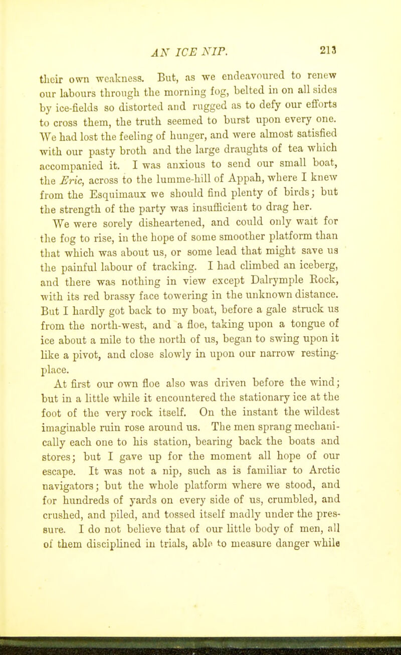 AN ICE iV/P. tlieir own weakness. But, as we endeavoured to renew our labours through the morning fog, belted in on all sides by ice-fields so distorted and rugged as to defy our efforts to cross them, the truth seemed to burst upon every one. We had lost the feeling of hunger, and were almost satisfied with our pasty broth and the large draughts of tea which accompanied it. I was anxious to send our small boat, the jE7-ic, across to the lumme-hill of Appah, where I knew from the Esquimaux we should find plenty of birds; but the strength of the party was insufficient to drag her. We were sorely disheartened, and could only wait for the fog to rise, in the hope of some smoother platform than that which was about us, or some lead that might save us the painful labour of tracking. I had climbed an iceberg, and there was nothing in view except Dalrymple Rock, with its red brassy face towering in the unknown distance. But I hardly got back to my boat, before a gale struck us from the north-west, and a floe, taking upon a tongue of ice about a mile to the north of us, began to swing upon it like a pivot, and close slowly in upon our narrow resting- place. At first our own floe also was driven before the wind; but in a little while it encountered the stationary ice at the foot of the very rock itself. On the instant the wildest imaginable ruin rose around us. The men sprang mechani- cally each one to his station, bearing back the boats and stores; but I gave up for the moment all hope of our escape. It was not a nip, such as is familiar to Arctic navigators; but the whole platform where we stood, and for hundreds of yards on every side of us, crumbled, and crushed, and piled, and tossed itself madly under the pres- sure. I do not believe that of our little body of men, all of them disciplined in trials, ablo to measure danger while