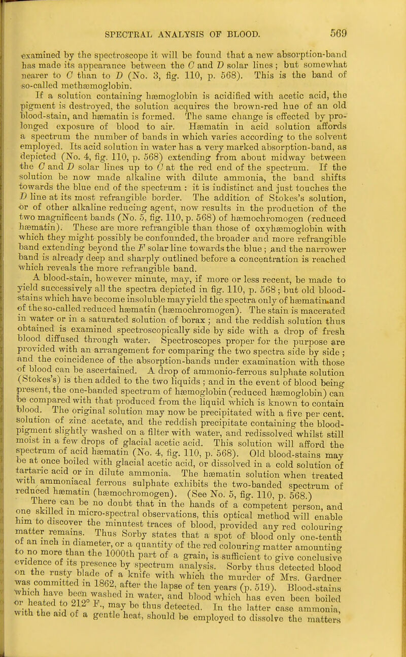 examined by the spectroscope it will be found that a new absorption-band has made its appearance between the G and D solar lines ; but somewhat nearer to 0 than to D (No. 3, fig. 110, p. 568). This is the band of so-called methsBmoglobin. If a solution containing ha3moglobin is acidified with acetic acid, the pigment is destroyed, the solution acquires the brown-red hue of an old blood-stain, and htematin is formed. The same change is effected by pro- longed exposure of blood to air. Hcematin in acid solution affords a spectrum the number of bands in which varies according to the solvent employed. Its acid solution in water has a very marked absoi'ption-band, as depicted (No. 4, fig. 110, p. 568) extending from about midway between the C and D solar lines up to G at the red end of the spectrum. If the solution be now made alkaline with dilute ammonia, the band shifts towards the blue end of the spectrum : it is indistinct and just touches the D line at its most refrangible border. The addition of Stokes's solution, •or of other alkaline reducing agent, now results in the production of the two magnificent bands (No. 5, fig. 110, p. 568) of htemochromogen (reduced hfematin). These are more refi^angible than those of oxyhsemoglobin with which they might possibly be confounded, the broader and more refrangible band extending beyond the F solar line towards the blue; ^nd the narrower band is already deep and sharply outlined before a concentration is reached which reveals the more refi-angible band. A blood-stain, however minute, may, if more or less recent, be made to yield successively all the spectra depicted in fig. 110, p. 568; but old blood- ■stains which have become insoluble mayyield the spectra only of ha3matin.and of the so-called reduced hsematin (hEemochromogen). The stain is macerated in water or in a saturated solution of borax; and the reddish solution thus obtained is examined spectroscopically side by side with a drop of fresh blood diffused through water. Spectroscopes proper for the purpose are provided with an arrangement for comparing the two spectra side by side ; and the coincidence of the absorption-bands under examination with those •of blood can be ascertained. A drop of ammonio-ferrons sulphate solution (Stokes's) is then added to the two liquids ; and in the event of blood being present, the one-banded spectrum of haemoglobin (reduced hemoglobin) can be compared with that produced from the liquid which is known to contain blood. The original solution may now be precipitated with a five per cent, solution of zinc acetate, and the reddish precipitate containing the blood- pigment slightly washed on a filter with water, and redissolved whilst still moist in a few drops of glacial acetic acid. This solution will afford the spectrum of acid hematin (No. 4, fig. 110, p. 568). Old blood-stains may toe at once boiled with glacial acetic acid, or dissolved in a cold solution of tartaric acid or in dilute ammonia. The hsematin solution when treated with ammoniacal ferrous sulphate exhibits the two-banded spectrum of reduced heematin (haemochromogen). (See No. 5, fig. 110 p 568 ) There can be no doubt that in the hands of a competent person and one skilled m micro-spectral observations, this optical method will enable him to cbscoyer the minutest traces of blood, provided any red colouring matter remains. Thus Sorby states that a spot of blood only one-tenth ?n Z T '1 f^^^^^Z q^^^^tity of the red colouring matter amounting ZZ^rf ^^ ^^T^ P^^'*^ grain, is sufficien°t to give conclusive C vn!flspectrum analysis. Sorby thus detected blood on the rnsty blade of a knife with which the murder of Mrs. Gardner wa committed in 1862, after the lapse of ten years (p. 519). Blood-stains ^hich have been washed m water, and blood which has even been boiled •or neated to ALA if., may be thus detected. In the latter case ammonia with the aid of a gentle heat, should be employed to dissolve the matters