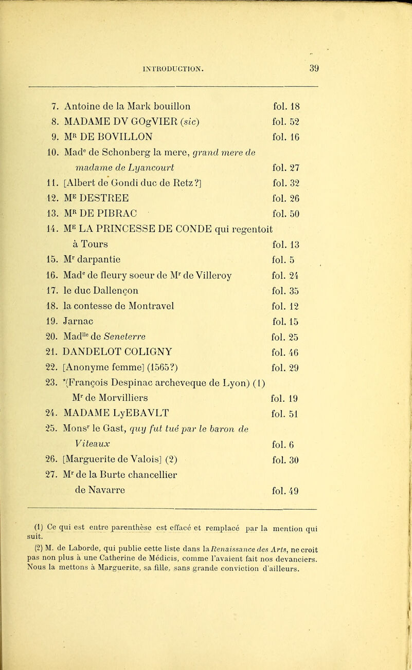 7. A J_ 1 I HT 11 «Il Antoine de la Mark bouillon fol. 18 8. MADAME DV GOgVIER (sic) fol. 52 9. DE BOVILLON fol. 16 10. Macl'' de Schonberg la mere, grand mere de madame de Lyancourt fol. 27 11. [Albert de Gondi duc de Retz?] fol. 32 IZ. ME DESTREE fol. 26 13. MP' DE PIBRAC fol. 50 14. M^^ LA PRINCESSE DE CONDE qui regentoit à Tours fol 13 15. M' darpantie fol. 5 16. Mad de lleury soeur de M'^ de Villeroy fol. 24 17. le duc Dallençon fol. 35 lo. la contesse de Montravel fol. 12 19. Jarnac fol. 15 Z(J. Mad^ de Seneterre fol. 25 21. DANDELOT COLIGNY fol. 46 22. [Anonyme femme] (1565?) fol. 29 23. *(Prançois Despinac archevêque de Lyon) (l) M'' de Morvilliers fol. 19 24. MADAME LyEBAVLT fol. 51 25. Mons'' le Gast, quy fut tué par le baron de Viteaux fol. 6 26. [Marguerite de Valois] (2) fol. 30 27. M de la Burte chancellier de Navarre fol. 49 (1) Ce qui est entre parenthèse est effacé et remplacé par la mention qui suit. (2) M. de Laborde, qui publie cette liste dans la iîenaissance des Arts, ne croit pas non plus à une Catherine de Médicis, comme l'avaient fait nos devanciers. Nous la mettons à Marguerite, sa fiUe, sans grande conviction d'ailleurs.