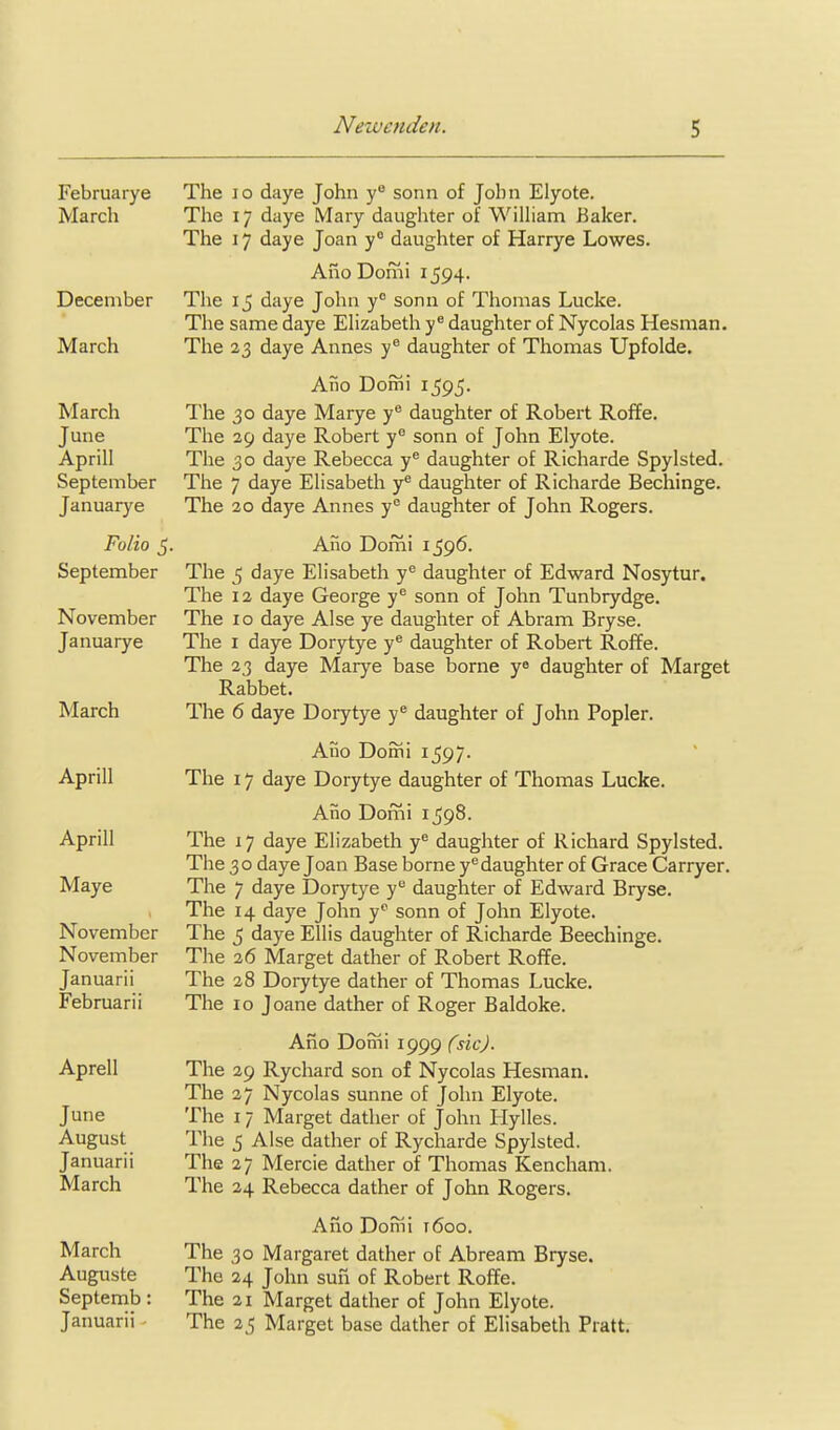 Februarye March December March March June Aprill September Januarye Folio 5. September November Januarye March Aprill Aprill Maye November November Januarii Februarii Aprell June August Januarii March March Auguste Septemb; Januarii The 10 daye John y® sonn of John Elyote. The 17 daye Mary daughter of William Baker. The 17 daye Joan y° daughter of Harrye Lowes. Alio Domi 1594. The 15 daye John y° sonn of Thomas Lucke. The same daye Elizabeth y* daughter of Nycolas Hesman. The 23 daye Annes y* daughter of Thomas Upfolde. Ano Domi 1^95. The 30 daye Marye y® daughter of Robert Roffe. The 29 daye Robert y sonn of John Elyote. The 30 daye Rebecca y daughter of Richarde Spylsted. The 7 daye Elisabeth y® daughter of Richarde Bechinge. The 20 daye Annes y° daughter of John Rogers. Ano Domi 1596. The ^ daye Elisabeth y'' daughter of Edward Nosytur. The 12 daye George y** sonn of John Tunbrydge. The 10 daye Alse ye daughter of Abram Bryse. The I daye Dorytye y® daughter of Robert Roffe. The 23 daye Marye base borne y« daughter of Marget Rabbet. The 6 daye Dorytye y® daughter of John Popler. Ano Domi 1597. The 17 daye Dorytye daughter of Thomas Lucke. Alio Domi 1598. The 17 daye Elizabeth y^ daughter of Richard Spylsted. The 30 daye Joan Base borne y® daughter of Grace Carryer. The 7 daye Dorytye y*^ daughter of Edward Bryse. The 14 daye John y sonn of John Elyote. The 5 daye Ellis daughter of Richarde Beechinge. The 26 Marget dather of Robert Roffe. The 28 Dorytye dather of Thomas Lucke. The 10 Joane dather of Roger Baldoke. Afio Domi 1999 (sic). The 29 Rychard son of Nycolas Hesman. The 27 Nycolas sunne of John Elyote. The 17 Marget dather of John Hylles. The 5 Alse dather of Rycharde Spylsted. The 27 Mercie dather of Thomas Kencham. The 24 Rebecca dather of John Rogers. Ano Domi 1600. The 30 Margaret dather of Abream Bryse. The 24 John sun of Robert Roffe. The 21 Marget dather of John Elyote. The 25 Marget base dather of Elisabeth Pratt.