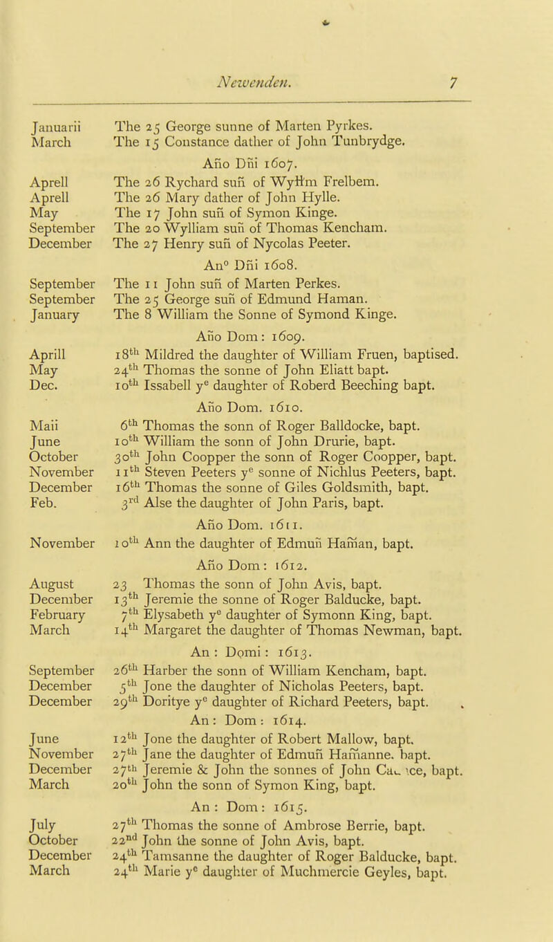 Netvendcn. Januarii March Aprell Aprell May- September December September September January Aprill May- Dec. Mali June October November December Feb. November August December February March September December December June November December March July October December March The 25 George sunne of Marten Pyrkes. The 15 Constance dather of John Tunbrydge. Ano Dni 1607. The 26 Rychard sun of Wyltm Frelbem. The 26 Mary dather of John Hylle. The 17 John sun of Symon Kinge. The 20 WylHam sun of Thomas Kencham. The 27 Henry sun of Nycolas Peeter. AnO Dni 1608. The 11 John sun of Marten Perkes. The 25 George sun of Edmund Haman. The 8 William the Sonne of Symond Kinge. Ano Dom: 1609. 18' Mildred the daughter of William Fruen, baptised. 24^ Thomas the sonne of John Eliatt bapt. 10*^ Issabell y^ daughter of Roberd Beeching bapt. Ano Dom. 1610. 6*^^ Thomas the sonn of Roger Balldocke, bapt. lo*'! William the sonn of John Drurie, bapt. 30*^ John Coopper the sonn of Roger Coopper, bapt. 11'^ Steven Peeters y'^ sonne of Nichlus Peeters, bapt. 16'''' Thomas the sonne of Giles Goldsmith, bapt. 3''' Alse the daughter of John Paris, bapt. Ano Dom. 16ti. 10*^^ Ann the daughter of Edmun Hairian, bapt. Ano Dom : 1612. 23 Thomas the sonn of John Avis, bapt. j^th jeremie the sonne of Roger Balducke, bapt. Elysabeth y° daughter of Symonn King, bapt. 14* Margaret the daughter of Thomas Ne-wman, bapt. An : Domi : 1613. 26''^ Harber the sonn of William Kencham, bapt. 5' Jone the daughter of Nicholas Peeters, bapt. 29'''^ Doritye y^ daughter of Richard Peeters, bapt. An: Dom: 1614. 12*^11 Jone the daughter of Robert Mallow, bapt. 27'''' Jane the daughter of Edmun Hamanne. bapt. 27111 Jeremie & John the sonnes of John Ca^. rce, bapt. 20^ John the sonn of Symon King, bapt. An : Dom : 1615. 2yth Thomas the sonne of Ambrose Berrie, bapt. 22'' John 'die Sonne of John Avis, bapt. 24'^ Tamsanne the daughter of Roger Balducke, bapt. 24*'' Marie y^ daughter of Muchmercie Geyles, bapt.