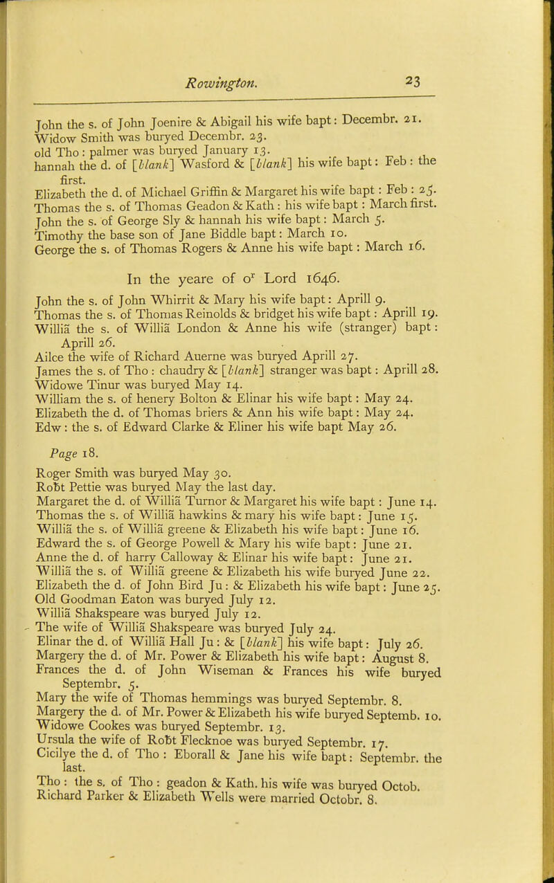 John the s. of John Joenire & Abigail his wife bapt: Decembr. 21. Widow Smith was buryed Decembr. 23. old Tho : palmer was buryed January 1.3. ^ , hannah the d. of \hlanl{\ Wasford & \hlank'\ his wife bapt: Feb : the first. Elizabeth the d. of Michael Griffin & Margaret his wife bapt: Feb : 25. Thomas the s. of Thomas Geadon & Kath : his wife bapt: March first. John the s. of George Sly & hannah his wife bapt: March 5. Timothy the base son of Jane Biddle bapt: March 10. George the s. of Thomas Rogers & Anne his wife bapt: March 16. In the yeare of o^ Lord 1646. John the s. of John Whirrit & Mary his wife bapt: Aprill 9. Thomas the s. of Thomas Reinolds & bridget his wife bapt: Aprill 19. Willia the s. of Willia London & Anne his wife (stranger) bapt: Aprill 26. Ailce the wife of Richard Auerne was buryed Aprill 27. James the s. of Tho : chaudry & {hlanUl stranger was bapt: Aprill 28. Widowe Tinur was buryed May 14. William the s. of henery Bolton & Elinar his wife bapt: May 24. Elizabeth the d. of Thomas briers & Ann his wife bapt: May 24. Edw: the s. of Edward Clarke & Eliner his wife bapt May 26. Page 18. Roger Smith was buryed May 30. Robt Pettie was buryed May the last day. Margaret the d. of Willia Turnor & Margaret his wife bapt: June 14. Thomas the s. of Willia hawkins & mary his wife bapt: June 15. Willia the s. of Willia greene & Elizabeth his wife bapt: June 16. Edward the s. of George Powell & Mary his wife bapt: June 21. Anne the d. of harry Calloway & Elinar his wife bapt: June 21. Willia the s. of Willia greene & Elizabeth his wife buiyed June 22. Elizabeth the d. of John Bird Ju: & Elizabeth his wife bapt: June 25. Old Goodman Eaton was buryed July 12, Willia Shakspeare was buryed July 12. The wife of Willia Shakspeare was buryed July 24. Elinar the d. of Willia Hall Ju : & \llan]{\ his wife bapt: July 26. Margery the d. of Mr. Power & Elizabeth his wife bapt: August 8. Frances the d. of John Wiseman & Frances his wife buryed Septembr. 5. Mary the wife of Thomas hemmings was buryed Septembr. 8. Margery the d. of Mr. Power & Elizabeth his wife buryed Septemb. 10. Widowe Cookes was buryed Septembr. 13. Ursula the wife of Robt Flecknoe was buryed Septembr. 17. Cicilye the d. of Tho : Eborall & Jane his wife bapt: Septembr. the Tho : the s. of Tho : geadon & Kath. his wife was buryed Octob. Richard Parker & Elizabeth Wells were married Octobr. 8.