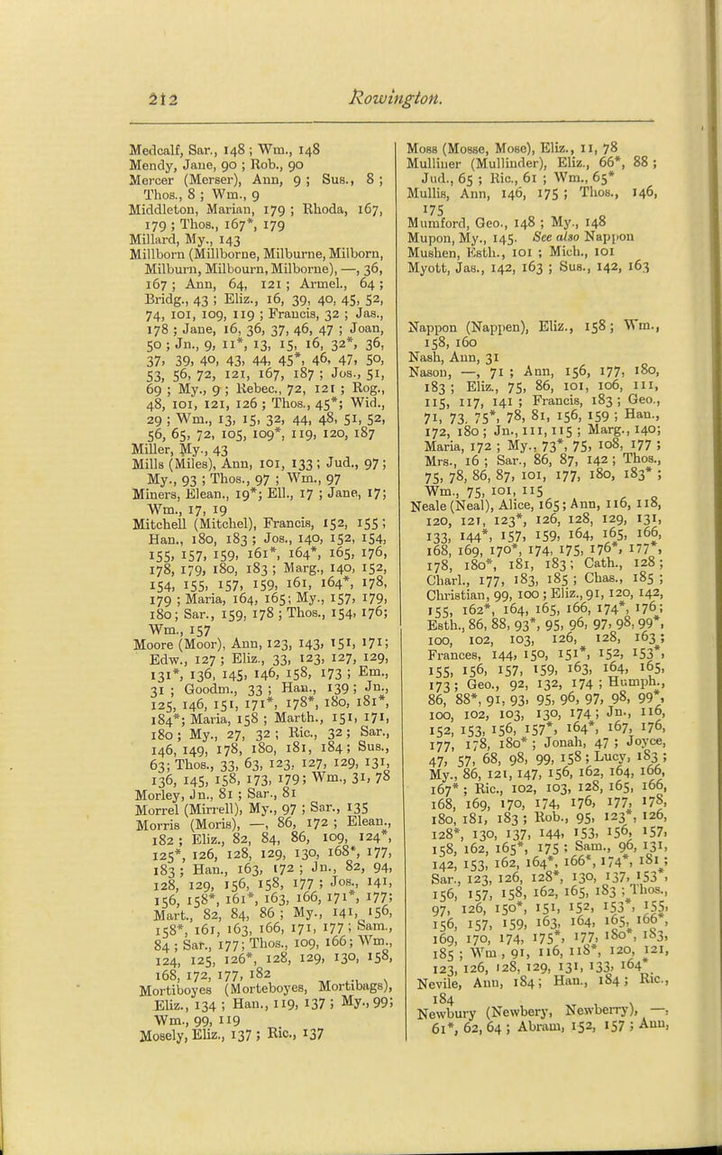 Medcalf, Sar., 148 ; Wm., 148 Mendy, Jaue, 90 ; Rob., 90 Mercer (Merser), Ann, 9 ; Sus., 8 ; Thos., 8 ; Wm., 9 Middletou, Marian, 179 ; Rhoda, 167, 179 ; Thos., 167*, 179 Millard, My., 143 Millborn (Millborne, Milburne, Milborn, Milburn, Milbourn, Milborne), —, 36, 167 ; Anu, 64, 121 ; Arrnel., 64 ; Bridg., 43 ; Eliz., 16, 39, 40, 45, 52, 74, lOi, 109, 119 ; Frauds, 32 ; Jas., 178 ; Jane, 16, 36, 37, 46, 47 ; Joan, 50 ; Jn., 9, II*, 13, IS, 16, 32*, 36, 37. 39. 40, 43. 44, 45*. 4^, 47, 5°, 53, 56, 72, 121, 167, 187 ; Jos., 51, 69 ; My., 9 ; Rebec, 72, 121 ; Rog., 48, loi, 121, 126 ; Thos., 45*; Wid., 29 ; Wm., 13, 15, 32, 44, 48, 51, 52, 56, 65, 72, 105, 109*, 119, 120, 187 Miller, ];*Iy., 43 Mills (Miles), Anu, loi, 133 ; Jud., 97; My., 93 ; Thos., 97 ; Wm., 97 Miners, Elean., 19*; Ell., 17 ; Jane, 17; W^m., 17, 19 Mitchell (Mitchel), Francis, 152, 155; Han., 180, 183 ; Jos., 140, 152, 154, ISS. 157. 159. 161*. 164*, 165, 176, 178, 179, 180, 183 ; Marg., 140, 152, 154. 15s. 157, 159. 161, 164*, 178, 179 ; Maria, 164, 165; My., 157, 179. 180; Sar., 159, 178 ; Thos., 154, 176; Wm., 157 Moore (Moor), Ann, 123, 143, 151, 171; Edw., 127 ; Eliz., 33, 123, 127, 129, 131*, 136, 145, 146, 158, 173 ; Em., 31; Goodm., 33; Haa., 139; Jn., 125, 146, 151, 171*. 178*, 180, 181*, 184*; Maria, 158 ; Marth., 151, 171, 180; My., 27, 32 ; Ric, 32; Sar., 146,149, 178, x8o, 181, 184; Sus., 63; Thos., 33, 63, 123, 127, 129, 131, 136, 145. 158. 173. 179; Wm., 31. 78 Morley, Jn.. 81 ; Sar., 81 Morrel (Mirrell), My., 97 ; Sar., 135 Morris (Moris), —, 86, 172 ; Eleau., 182 ; Eliz., 82, 84, 86, 109, 124*, 125*, 126, 128, 129, 130, 16S*, 177, 183 ; Han., 163, 172 ; Jn., 82, 94, 128, 129, 156, 158, 177 ; Jos., 141, 156, 158*, 161*, 163, 166, 171*, 177; Mart., 82, 84, 86; My., 141,^'56, 158*, 161, 163, 166, 171, 177; cam., 84 ; Sar., i77; Thos., 109, 166; Wm., 124, 125, 126*, 128, 129, 130, 158, 168, 172, 177. 182 Mortiboyes (Morteboyes, Mortibags), Eliz., 134 ; Han., 119, 137 ; My., 99; Wm., 99, 119 Mosely, Eliz., 137 ; Ric, i37 Moss (Mosse, Mose), Eliz., II, 78 Mulliuer (Mulliuder), Eliz., 66*, 88 ; Jud., 65 ; Ric, 61 ; Wm., 65* Mullis, Ann, 146, 175 ; Thos., 146, 17s Mumford, Geo., 148 ; My., 148 Mupon, My., 145. See also Nappon Mushen, Esth., loi ; Mich., loi Myott, Jas., 142, 163 ; Sus., 142, 163 Nappon (Nappen), Eliz., 158; Wm., 158, 160 Nash, Aun, 31 Nason, —, 71 ; Ann, 156, 177, 180, 183; Eliz., 75, 86, loi, 106, III, 115, 117, 141 ; Francis, 183; Geo., 71, 73. 75*, 78, 81, 156, 159 ; Han., 172, 180 ; Jn., Ill, 115 ; Marg., 140; Maria, 172 ; My., 73*, 75, 108, 177 ; Mrs., 16 ; Sar., 86, 87, 142; Thos., 75, 78, 86, 87, loi, 177, 180, 183* ; Wm., 75, loi, 115 Neale(Neal), Alice, 165; Ann, 116, 118, 120, I2T, 123*, 126, 128, 129, 131, 133, 144*, 157, 159, 164. 165, 166, 168, 169, 170*, 174. 175, 176*. 177*. 178, 180*, 181, 183; Cath., 128; Charl., 177, 183, 185 ; Chas., 185 ; Clu-istian, 99, icxd ; Eliz., 91, 120, 142, 155, 162*, 164, 165, 166, 174*, 176; Esth., 86, 88, 93*, 95, 96, 97, 98, 99*, 100, 102, 103, 126, 128, 163; Frances, 144. 15°. ^Si*. 152, IS3*, 155, 156, 157, 159, 163, 164, 165, 173; Geo., 92, 132, 174 ; Humph., 86, 88*, 91, 93. 95, 96, 97. 98, 99*, 100, 102, 103, 130, 174; Jn., 116, 152, 153. 156, 157*, 164*, 167 176, 177, 178, 180*; Jonah, 47; Joyce, 47. 57, 68, 98, 99, 158; Lucy, 183 ; My., 86, 121, 147, 156, 162, 164, 166, 167* ; Ric, 102, 103, 128, 165, 166, 168, 169, 170, 174, 176. 177, 17S, 180, 181, 183 ; Rob., 95, 123*, 126, 128*, 130, 137, 144, 153. 156, 157, 158, 162, 165*, 175 ; Sam., 96, 131, 142, 153, 162, 164*, 166*, 174*, 181; Sar., 123, 126, 128*, 130, 137, 153 , 156, 157, 158, 162, 165, 183 ; Thos., 97, 126, 150*, 151, 152, 153 . 155, 156, 157, 159, 163 164, 165^^166 169, 170, 174, 175*, 177, iSo , 1S3, 185 ; Wm, 91, 116, ii8*, 120, 121, 123, 126, 128, T29, 131, 133. 164 Nevile, Aun, 184; Han., 184; Ric, 184 , , Newbury (Newbery, Newberry), —, 61*, 62, 64 ; Abram, 152, 157 ; Ann,