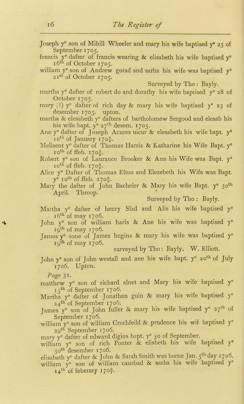 Joseph son of Mihill Wheeler and mary his wife baptised y* 23 of September 170^. francis v' dafter of francis wearing & elisabeth his wife baptised y'' 16'' of October 1705. william y« son of Andrew gorad and sarha his wife was baptised y^ 21^' of October 1705. Surveyed by Tho : Bayly. martha y^ dafter of robert do and dorathy his wife baptised y^ 28 of October 1705. mary \X) y*^ dafter of rich day & mary his wife baptised y' 23 of desember 1705. upton. martha & elesabeth y dafters of bartholomew Sergood and elesab his his wife bapt. y° 27' desem. 1705. Ane y® dafter of Joseph Acures uicur & elesabeth his wife bapt. y® 10*^ of January 17 of. INIelisent y* dafter of Thomas Harris & Katharine his Wife Bapt. y® 10*^ of ffeb. 17 of. Robert y® son of Laurance Brooker & Ann his Wife was Bapt. y* 10''' of ffeb. 170I. Alice y® Dafter of Thomas Elton and Elezebeth his Wife was Bapt. ye joth of ffeb_ \-]o%. Mary the dafter of John Bacheler & Mary his wife Bapt. y^ 30*^^ April. Throop. Surveyed by Tho : Bayly. Martha y dafter of henry Slad and Alis his wife baptised y^ 16*'^ of may 1706. •* John y^ son of william haris & Ane his wife was baptised y^ 19*'' of may 1706. James y^ sone of James hugins & mary his wife was baptised y^ 19*^ of may 1706. surveyed by Tho: Bayly. W. Elliott. John y° son of John westall and ane his wife bapt. y^ 20*'» of July 1706. Upton. Page 31. matthew y son of richard alnet and Mary his wife baptised y* ij*^ of September 1706. Martha y** dafter of Jonathan guin & mary his wife baptised y'' 24*^^ of September 1706. James y son of John fuller & mary his wife baptised y^ 27* of September 1706. william y son of william Crochfeild & prudence his wif baptised y*' 29^ September 1706. mary y dafter of edward digins bapt. y 30 of September, william y son of rich Ponter & elisbeth his wife baptised y« 30* desember 1706. elisabath y'= dafter & John & Sarah Smith was borne Jan. 5*'' day 1706. william y son of william causbad & sarha his wife baptised y 14 of feberary 17 of.