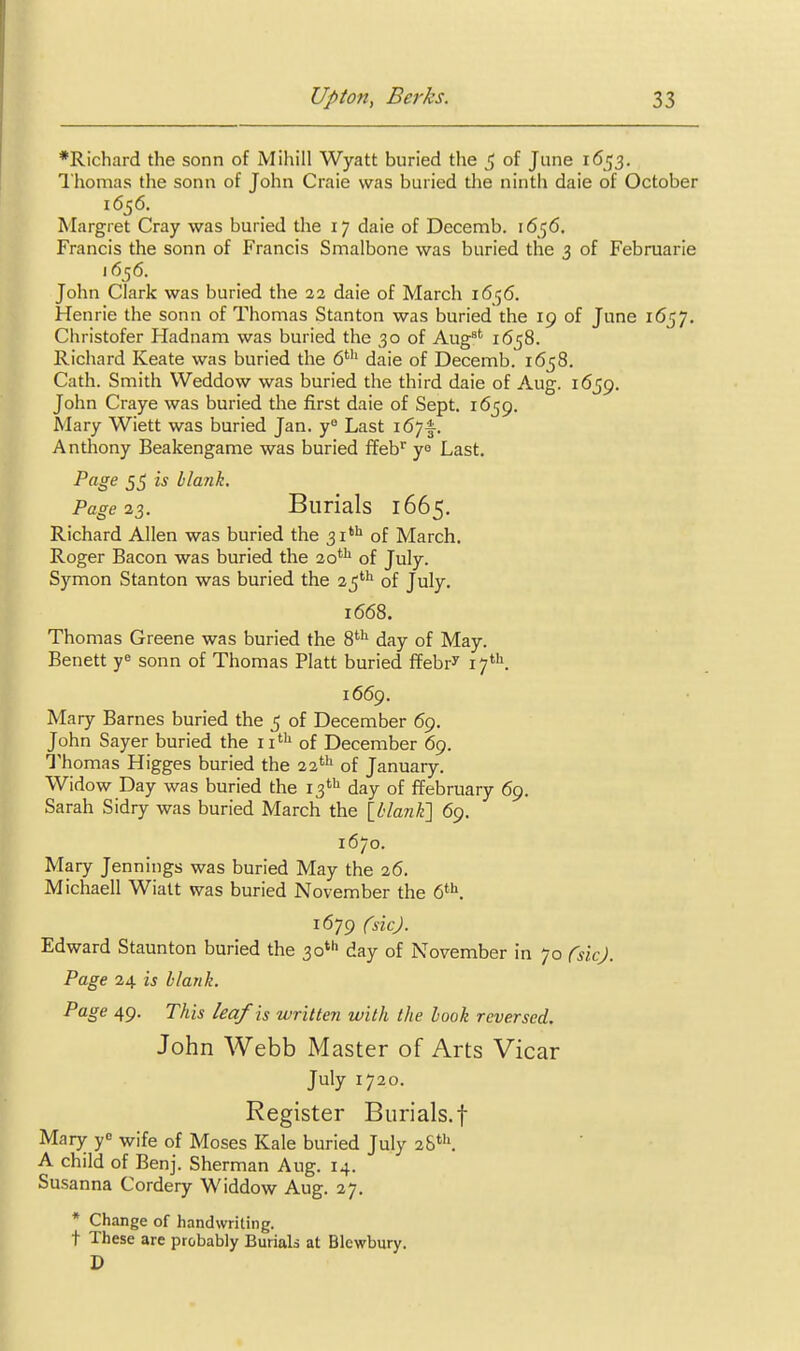 •Richard the sonn of Mihill Wyatt buried the ^ of June 1653. I'homas the sonn of John Craie was buried tlie ninth daie of October 1656. Margret Cray was buried the 17 daie of Decemb. 1656. Francis the sonn of Francis Smalbone was buried the 3 of Februarie 1656. John Clark was buried the 23 daie of March ifi^S. Henrie the sonn of Thomas Stanton was buried the 19 of June 1657. Christofer Hadnam was buried the 30 of Aug' 1658. Richard Keate was buried the 6' daie of Decemb. 1658. Cath. Smith Weddow was buried the third daie of Aug. 1659. John Craye was buried the first daie of Sept. 1659. Mary Wiett was buried Jan. y» Last 167^. Anthony Beakengame was buried ffeb^ ye Last. Page 55 is blank. Page 23. Burials 1665, Richard Allen was buried the 31^ of March. Roger Bacon was buried the 20*^ of July. Symon Stanton was buried the 25''^ of July. 1668. Thomas Greene was buried the S'^^ day of May. Benett sonn of Thomas Piatt buried ffebr^ 17*''. 1669. Mary Barnes buried the 5 of December 69. John Sayer buried the 11^ of December 69. I'homas Higges buried the 22'^^ of January. Widow Day was buried the i3'''i day of ffebruary 69. Sarah Sidry was buried March the \_blanli] 69. 1670. Mary Jennings was buried May the 26. Michael! Wiatt was buried November the 6^^. 1*579 (sicj. Edward Staunton buried the 30*'' day of November in 70 CsicJ. Page 24 is blank. Page 49. This leaf is written with the book reversed. John Webb Master of Arts Vicar July 1720. Register Burials.f Mary y wife of Moses Kale buried July 28', A child of Benj. Sherman Aug. 14. Susanna Cordery Widdow Aug. 27, * Change of handwriting, t These are probably Burials at Blewbury. D