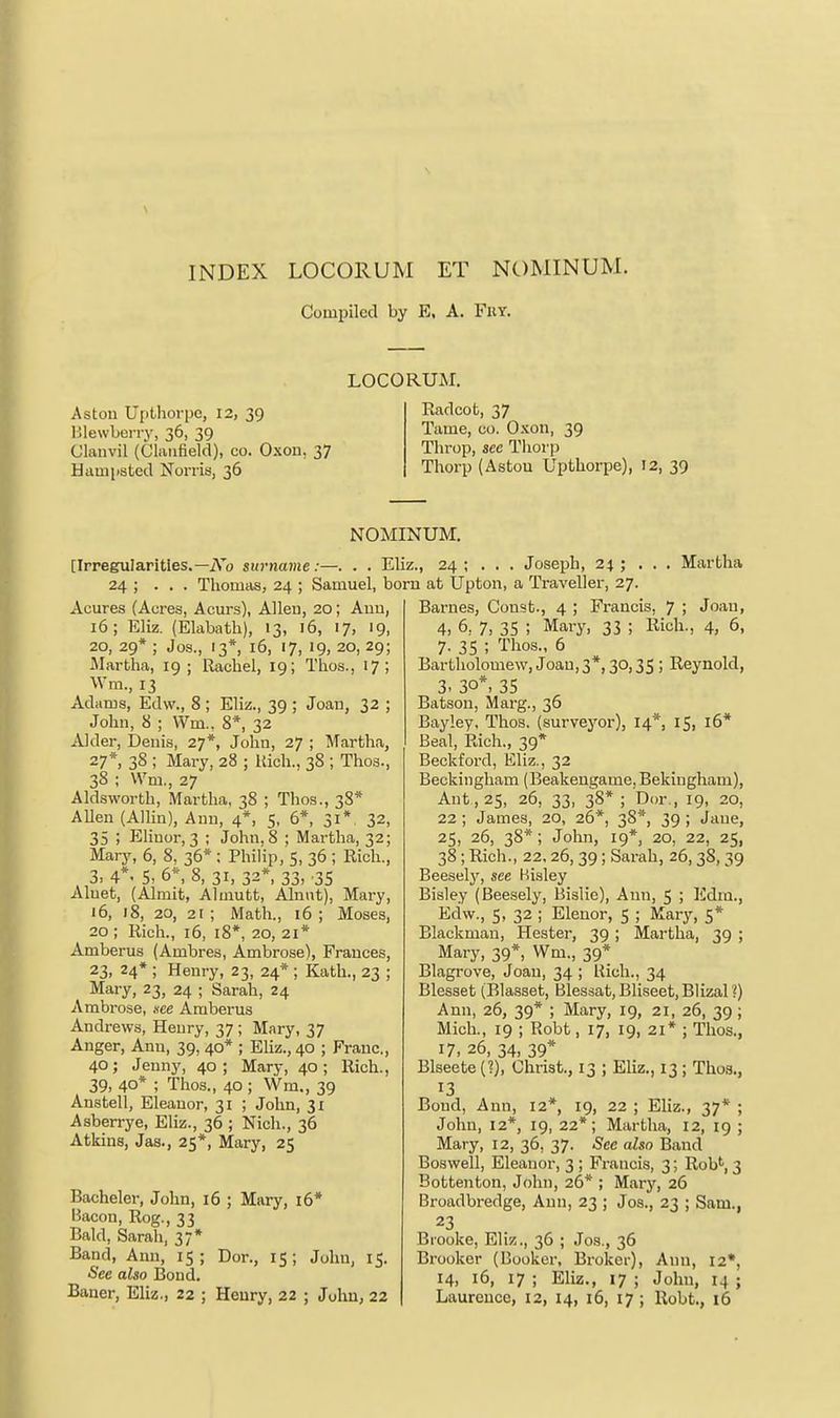 INDEX LOCORUM ET NOMINUM. Compiled by E, A. FiiY. LOCORUM. Astoii Upthorpc, 12, 39 lilewbei-ry, 36, 39 Ulanvil (Claiifield), co. Oxon, 37 Hauipated Norris, 36 Eadcot, 37 Tame, co. Oxon, 39 Throp, sec Tliorp Thorp (Astou Uptliorpe), 12, 39 NOMINUM. [Irregularities.—iVo surname:—. . . Eliz., 24; ... Joseph, 24; . 24 ; ... Thomas, 24 ; Samuel, born at Upton, a Traveller, 27. Aoures (Acres, Acurs), Allen, 20; Ann, 16; Eliz. (Elabath), 13, 16, 17, 19, 20, 29* ; Jos., 13*, 16, 17, 19, 20, 29; Martha, 19; Rachel, 19; Thos., 17; Wm., 13 Adams, Edw., 8 ; Eliz., 39 ; Joan, 32 ; John, 8 ; Wm.. 8*, 32 Alder, Denis, 27*, John, 27 ; Martha, 27* 38 ; Mary, 28 ; Rich., 38 ; Thos., 38 ; Wm., 27 Aldsworth, Martha, 38 ; Thos., 38* Allen (Allin), Ann, 4*, 5, 6*, 31* 32, 35 ; Elinor, 3 ; John, 8 ; Martha, 32; Marj', 6, 8, 36* : Philip, 5, 36 ; Rich., 3, 4*. 5. 6*, 8, 31, 32*, 33, .35 Aluet, (Almit, Almutt, Alnut), Mary, 16, 18, 20, 21; Math., 16; Moses, 20 ; Rich., 16, 18*, 20, 21* Amberus (Ambres, Ambrose), Frances, 23, 24* ; Henry, 23, 24* ; Kath., 23 ; Mary, 23, 24 ; Sarah, 24 Ambi'ose, .see Amberus Andrews, Henry, 37; Mary, 37 Anger, Ann, 39, 40* ; Eliz., 40 ; Franc, 40; Jenny, 40; Mary, 40; Rich., 39, 40* ; Thos., 40 ; Wm., 39 Anstell, Eleanor, 31 ; John, 31 Asberrye, Eliz., 36 ; Nich., 36 Atkins, Jas., 25*, Mary, 25 Martha Bacheler, John, 16 ; Mary, 16* Bacon, Rog., 33 Bald, Sarah, 37* Band, Ann, 15; Dor., 15; John, 15. ■See also Bond. Barnes, Const., 4 ; Francis, 7 ; Joan, 4, 6, 7, 35 ; Mary, 33 ; Rich., 4, 6, 7. 35 ; Thos., 6 Bartholomew, Joan, 3*, 30,35 ; Reynold, 3. 30*, 35 Batson, Marg., 36 Bayley, Thos. (surveyor), 14*, 15, 16* Beal, Rich., 39* Beckford, Eliz., 32 Beckingham (Beakengame,Bekinghani), Ant, 25, 26, 33, 38* ; Dor., 19, 20, 22 ; James, 20, 26*, 38*, 39 ; Jane, 25, 26, 38* ; John, 19*, 20, 22, 25, 38 ; Rich., 22,26, 39 ; Sarah, 26, 38, 39 Beeselj^ see Bialey Bisley (Beesely, liislio), Ann, 5 ; Edra., Edw., 5, 32 ; Elenor, 5 ; Mary, 5* Blackman, Hester, 39 ; Martha, 39 ; Mary, 39*, Wm., 39* Blagrove, Joan, 34 ; Rich., 34 Blesset (Blasset, Bles3at,Bliseet,Blizar;) Ann, 26, 39* ; Mary, 19, 21, 26, 39 ; Mich., ig ; Robt, 17, 19, 21* ; Thos,, 17, 26, 34, 39* Blseete(?), Christ., 13 ; Eliz., 13; Thos., 13 Bond, Ann, 12*, 19, 22 ; Eliz., 37* ; John, 12*, 19, 22*; Martha, 12, 19 ; Mary, 12, 36, 37. -See also Band Boswell, Eleanor, 3 ; Francis, 3; Rob', 3 Bottenton, John, 26* ; Mary, 26 Broadbredge, Ann, 23 ; Jos., 23 ; Sam., 23 Brooke, Eliz., 36 ; Jos., 36 Brooker (Booker, Broker), Ann, 12*, 14, 16, 17 ; Eliz., 17 ; John, 14 ;