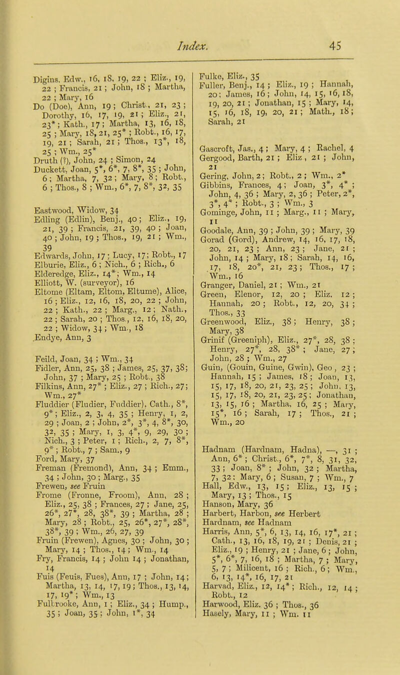 Digius. Edw., i6, i8, 19, 22 ; Eliz., 19, 22 ; Francis, 21 ; John, iS ; Martha, 22 ; Mary, 16 Do (Doe), Ann, 19; Christ., 21, 23 ; Dorothy, 16, 17, 19, 21; Eliz., 21, 23*; Kath., 17; Martha, 13, 16, 18, 25 ; Marj', 18,21, 25* ; Robt., 16, 17, 19, 21 ; Sarah, 21 ; Thos., 13*, 18, 25 ; Wm., 25* Drutli (?), John, 24 ; Simon, 24 Duckett. Joan, 5*, 6*, 7- 8*, 35 ; John, 6; Martha, 7, 32; Mary, 8; Robt., 6 ; Thos., 8 ; Wm., 6*, 7, 8*, 32, 35 Eastwood, Widow, 34 Edling (Edlin), Benj., 40; Eliz., 19, 21, 39 ; Francis, 21, 39, 40 ; Joan, 40 ; John, 19 ; Thos., 19, 2' ; Wm., 39 Edwards, John, 17 ; Lucy, 17; Robt., \^ Elburie, Ehz., 6 ; Nich., 6 ; Rich., 6 Elderedge, Eliz., 14*; Wm., 14 Elliott, W. (surveyor), 16 Eltome (Eltam, Eltom, Eltume), Alice, 16 ; Eliz., 12, 16, 18, 20, 22 ; John, 22; Kath., 22; Marg., 12; Nath., 22 ; Sarah, 20 ; Thos., 12, 16, 18, 20, 22 ; Widow, 34 ; Wm., 18 .Endye, Ann, 3 Feild, Joan, 34 ; Wm., 34 Fidler, Ann, 25, 38 ; James, 25, 37, 38; John, 37 ; Mary, 25 ; Robt., 38 FOkins, Ann, 27* ; Eliz., 27 ; Rich., 27; Wm., 27* Fluddier (Fludier, Fiiddier), Cath., 8*, 9*; Eliz., 2, 3, 4, 35 ; Henry, i, 2, 29 ; Joan, 2 ; John, 2*, 3*, 4, 8*, 30, 32, 35 ; Mary, I, 3, 4*, 9, 29, 30 ; Nich., 3 ; Peter, I; Rich., 2, 7, 8*, 9* ; Robt,, 7 ; Sam., 9 Ford, Mary, 37 Freman (Fremond), Ann, 34 ; Emm., 34 ; John, 30; Marg., 35 Frewen, see Fruin Frome (Fronne, Froom), Ann, 28 ; Ehz., 25, 38 ; Frances, 27 ; Jane, 25, 26*, 2?*, 28, 38*, 39 ; Martha, 28 ; Mary, 28 ; Robt., 25, 26*, 27*, 28* 38*, 39 ; Wm., 26, 27, 39 Fruin (Frewen), Agues, 30 ; John, 30 ; Mary, 14 ; Thos., 14 ; Wm., 14 Fry, Francis, 14 ; John 14 ; Jonathan, 14 Fuis (Feuis, Fues), Ann, 17 ; John, 14; Martha, 13, 14, 17, 19; Thos., 13, 14, 17, 19*; Wm., 13 FulLrooke, Ann, i ; Ehz,, 34 ; Hump., 35 ; Joan, 35; John, 1*, 34 Fulko, Eliz., 35 Fuller, Benj., 14 J Ehz., 19 ; Hannah, 20; James, 16; John, 14, 15, 16,18, 19, 20, 21; Jonathan, 15 ; Mary, 14, 15, 16, 18, 19, 20, 21; Math., 18; Sarah, 21 Qascroft, Jas., 4 ; Maiy, 4 ; Rachel, 4 Gergood, Earth, 21 ; Eliz , 21 ; John, 21 Gering, John, 2; Robt., 2 ; Wm., 2* Gibbins, Frances, 4; Joan, 3*, 4* ; John, 4, 36 ; Mary, 2, 36 ; Peter, 2*, 3», 4* ; Robt., 3 ; Wm., 3 Gominge, John, 11 ; Marg., 11 ; Mary, II Goodale, Ann, 39 ; John, 39 ; Mary, 39 Gorad (Gord), Andrew, 14, 16, 17, 18, 20, 21, 23 ; Ann, 23 ; Jane, 21 ; John, 14; Mary, 18; Sarah, 14, 16, 17, 18, 20*, 21, 23; Thos., 17 ; Wm., 16 Granger, Daniel, H ; Wm., 21 Green, Eleuor, 12, 20 ; EHz. 12; Haunah, 20 ; Robt., 12, 20, 3| ; Thos., 33 Greenwood, Eliz., 38; Henry, 38; Mary, 38 Grinif (Greeniph), Eliz., 27*, 28, 38 ; Henry, 27*, 28, 38* ; Jane, 27; John, 28 ; Wm., 27 Guin, (Gouin, Guine, Gwin), Geo, 23 ; Hannah, 15 ; James, 18 ; Joan, 13, 15, 17, 18, 20, 21, 23, 25 ; John, 13, 15, 17, 18, 20, 21, 23,25; Jonathan, 13, 15, 16 ; Martha, 16, 25 ; Mary, 15*, 16 ; Sarah, 17 ; Thos., 21 ; Wm., 20 Hadnam (Hai'dnam, Hadna), —, 31 ; Ann, 6* ; Christ., 6*, 7*, 8, 31, 32, 33 ; Joan, 8* ; John, 32 ; Martha, 7, 32: Mary, 6; Susan, 7 ; Wm., 7 Hall, Edw., 13, 15; Eliz., 13, 15; Mary, 13 ; Thos., 15 Hanson, Mary, 36 Harbert, Harbon, ae.e Herbert Hardnam, sec Hadnam Harris, Ann, 5*, 6, 13, 14, 16, 17*, 21 ; Cath., 13, 16, 18, 19, 21 ; Deuis, 21 ; Ehz., 19 ; Henry, 21 ; Jane, 6; John, S*, 6*, 7, 16, 18 ; Martha, 7 ; Mary, 5, 7 ; Miliceut, 16 ; Rich., 6; Wm., 6, 13, 14*, 16, 17, 21 Harvad, Eliz., 12, 14* ; Rich., 12, 14 ; Robt., 12 Harwood, Eliz. 36 ; Thos., 36 Hasely, Mary, n ; Wm. u