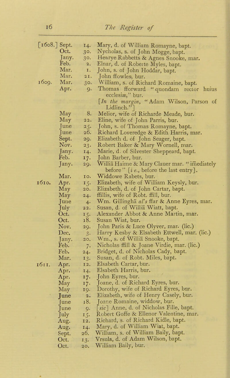 [1608.] Sept. Oct. Jaiiy. Feb. Mar. Mar. 1609. Mar. Apr. May- May June June Sept. Nov. Jany. Feb. Jany. Mar. 1610. Apr. May May June July Oct. Oct. Nov. Dec. Jany. Feb. Feb. Mar. 1611. Apr. Apr. Apr. May May June June June July Aug. Aug. 14. Mary, d. of William Romayne, bapt. 30. Nycholas, s. of John Mogge, bapt. 30. Henrye Rabbetts & Agnes Snooke, mar. 2. Elnar, d. of Robeite Myles, bapt. 1. John, s. of John Hoddar, bapt. 21. John ffowles', bur. 30. William, s. of Richard Romaine, bapt. 9. Thomas fforward  quondam rector huius ecclesiae, bur. \In the margin,  Adam Wilson, Parson of Lidlinch.J 8. Melior, wife of Richarde Meade, bur. 22. Eline, wife of John Parris, bur. 25. John, s. of Thomas Romayne, bapt. 26. Richard Loveredge & Edith Harris, mar. 29. Elizabeth d. of John Seager, bapt. 23. Robert Baker & Mary Wornell, mar. 14. Marie, d. of Sikester Sheppeard, bapt. 17. John Barber, bur. 29. Willis Haime & Mary Clauer mar.  imediately before  [i e., before the last entry]. 10. Widdowe Rabets, bur. 15. Elizabeth, wife of William Keysly, bur. 20. Elizabeth, d. of John Cartar, bapt. 24. ffillis, wife of Robt. ffill, bur. 4. Wm. Gillingha a/'s ffar & Anne Eyres, mar. 22. Susan, d. of Willia Wiatt, bapt. 15. Alexander Abbot & Anne Martin, mar. 18. Susan Wiat, bur. 29. John Paris & Luce Olyver, mar. (lie.) 3. Harry Kesby & Elsabeth Ettwell, mar. (lie.) 20. Wm., s. of Willia Snooke, bapt. 7. Nicholas ffill & Joane Virdie, mar. (lie.) 24. Bridget, d. of Nicholas Cady, bapt. 13. Susan, d. of Robt. Miles, bapt. 12. Elsabeth Cartar, bur. 14. Elsabeth Harris, bur. 17. John Eyres, bur. 17. Joane, d. of Richard Eyres, bur. 19. Dorothy, wife of Richard Eyres, bur. 2. Elizabeth, wife of Henry Casely, bur. 9. L'^'^] Anne, d. of Nicholas Fille, bapt. 15. Robert Goffe & Ellenor Valentine, mar. 12. Richard, s. of Richard Kidle, bapt. 14. Mary, d. of William Wiat, bapt. 26. William, s. of William Baily, bapt. 13. Vrsula, d. of Adam Wilson, bapt. 20. William Baily, bur.