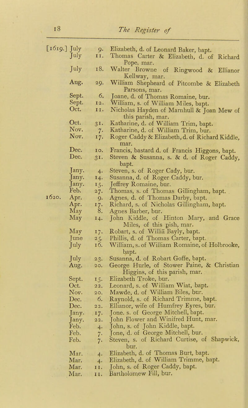 [1619.] July 9. Elizabeth, d. of Leonard Baker, bapt. July II. Thomas Carter & Elizabeth, d. of Richard Pope, mar. July 18. Walter Browne of Ringwood & Ellianor Kellway, mar. Aug. 29. William Shepheard of Pitcombe & Elizabeth Parsons, mar. Sept. 6. Joane, d. of Thomas Romaine, bur. Sept. 12. William, s. of William Miles, bapt. Oct. 11. Nicholas Hayden of Marnhull & Joan Mew of this parish, mar. Oct. 31. Katharine, d. of William Trim, bapt. Nov. 7. Katharine, d. of William Trim, bur. Nov. 17. Roger Caddy & Elizabeth, d. of Richard Kiddle, mar. Dec. 10. Francis, bastard d. of Francis Higgons, bapt. Dec. 31. Steven & Susanna, s. & d. of Roger Caddy, bapt. Jany. 4. Steven, s. of Roger Cady, bur. Jany. 14. Susanna, d. of Roger Caddy, bur. Jany. 15. Jeffrey Romaine, bur. Feb. 27. Thomas, s. of Thomas Gillingham, bapt. 1620. Apr. 9. Agnes, d. of Thomas Darby, bapt. Apr. 17. Richard, s. of Nicholas Gillingham, bapt. May 8. Agnes Barber, bur. May 14. John Kiddle, of Hinton Mary, and Grace Miles, of this pish, mar. May 17. Robart, s. of Willia Bayly, bapt. June 25. Phillis, d. of Thomas Carter, bapt. July 16. William, s. of William Romaine, of Holbrooke, bapt. July 23. Susanna, d. of Robart Goffe, bapt. Aug. 20. George Hurle, of Stower Paine, & Christian Higgins, of this parish, mar. Sept. 15. Elizabeth Troke, bur. Oct. 22. Leonard, s. of William Wiat, bapt. Nov. 20. Mawde, d. of William Biles, bur. Dec. 6. Raynold, s. of Richard Trimme, bapt. Dec. 22. Ellianor, wife of Humfrey Eyres, bur. Jany. 17. Jone. s. of George Mitchell, bapt. Jany. 22. John Flower and Winifred Hunt, mar. Feb. 4. John, s. of John Kiddle, bapt. Feb. 7. Jone, d. of George Mitchell, bur. Feb. 7. Steven, s. of Richard Curtise, of Shapwick, bur. Mar. 4. Elizabeth, d. of Thomas Burt, bapt. Mar. 4. Elizabeth, d. of William Trimme, bapt. Mar. II. John, s. of Roger Caddy, bapt. Mar. II. Bartholomew Fill, bur.