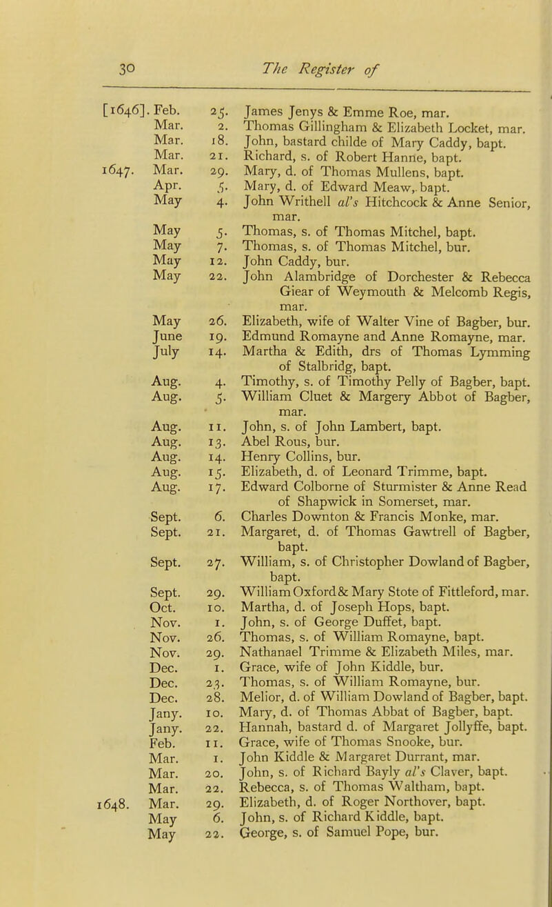 [1646]. Feb. 25. James Jenys & Emme Roe, mar. Mar. 2. Thomas Gillingham & Elizabeth Locket, mar. Mar. j8. John, bastard childe of Mary Caddy, bapt. Mar. 21. Richard, s. of Robert Hanne, bapt. 1647. Mar. 29. Mary, d. of Thomas Mullens, bapt. Apr. 5. Mary, d. of Edward Meaw,. bapt. May 4. John Writhell al's Hitchcock & Anne Senior, mar. May 5. Thomas, s. of Thomas Mitchel, bapt. May 7. Thomas, s. of Thomas Mitchel, bur. May 12. John Caddy, bur. May 22. John Alambridge of Dorchester & Rebecca Giear of Weymouth & Melcomb Regis, mar. May 26. Elizabeth, wife of Walter Vine of Bagber, bur. June 19. Edmund Romayne and Anne Romayne, mar. July 14. Martha & Edith, drs of Thomas Lymming of Stalbridg, bapt. Aug. 4. Timothy, s. of Timothy Pelly of Bagber, bapt. Aug. 5. William Cluet & Margery Abbot of Bagber, mar. Aug. II. John, s. of John Lambert, bapt. Aug. 13. Abel Rous, bur. Aug. 14. Henry Collins, bur. Aug. 15. Elizabeth, d. of Leonard Trimme, bapt. Aug. 17. Edward Colborne of Sturmister & Anne Read of Shapwick in Somerset, mar. Sept. 6. Charles Downton & Francis Monke, mar. Sept. 21. Margaret, d. of Thomas Gawtrell of Bagber, bapt. Sept. 27. William, s. of Christopher Dowlandof Bagber, bapt. Sept. 29. William Oxford& Mary Stote of Fittleford, mar. Oct. 10. Martha, d. of Joseph Hops, bapt. Nov. I. John, s. of George Duffet, bapt. Nov. 26. Thomas, s. of William Romayne, bapt. Nov. 29. Nathanael Trimme & Elizabeth Miles, mar. Dec. I. Grace, wife of John Kiddle, bur. Dec. 2.3. Thomas, s. of William Romayne, bur. Dec. 28. Melior, d. of William Dowlandof Bagber, bapt. Jany. 10. Mary, d. of Thomas Abbat of Bagber, bapt. Jany. 22. Hannah, bastard d. of Margaret Jollyffe, bapt. Feb. II. Grace, wife of Thomas Snooke, bur. Mar. I. John Kiddle & Margaret Durrant, mar. Mar. 20. John, s. of Richard Bayly al's Claver, bapt. Mar. 22. Rebecca, s. of Thomas Waltham, bapt. 1648. Mar. 29. Elizabeth, d. of Roger Northover, bapt. May 6. John, s. of Richard Kiddle, bapt. May 22. George, s. of Samuel Pope, bur.
