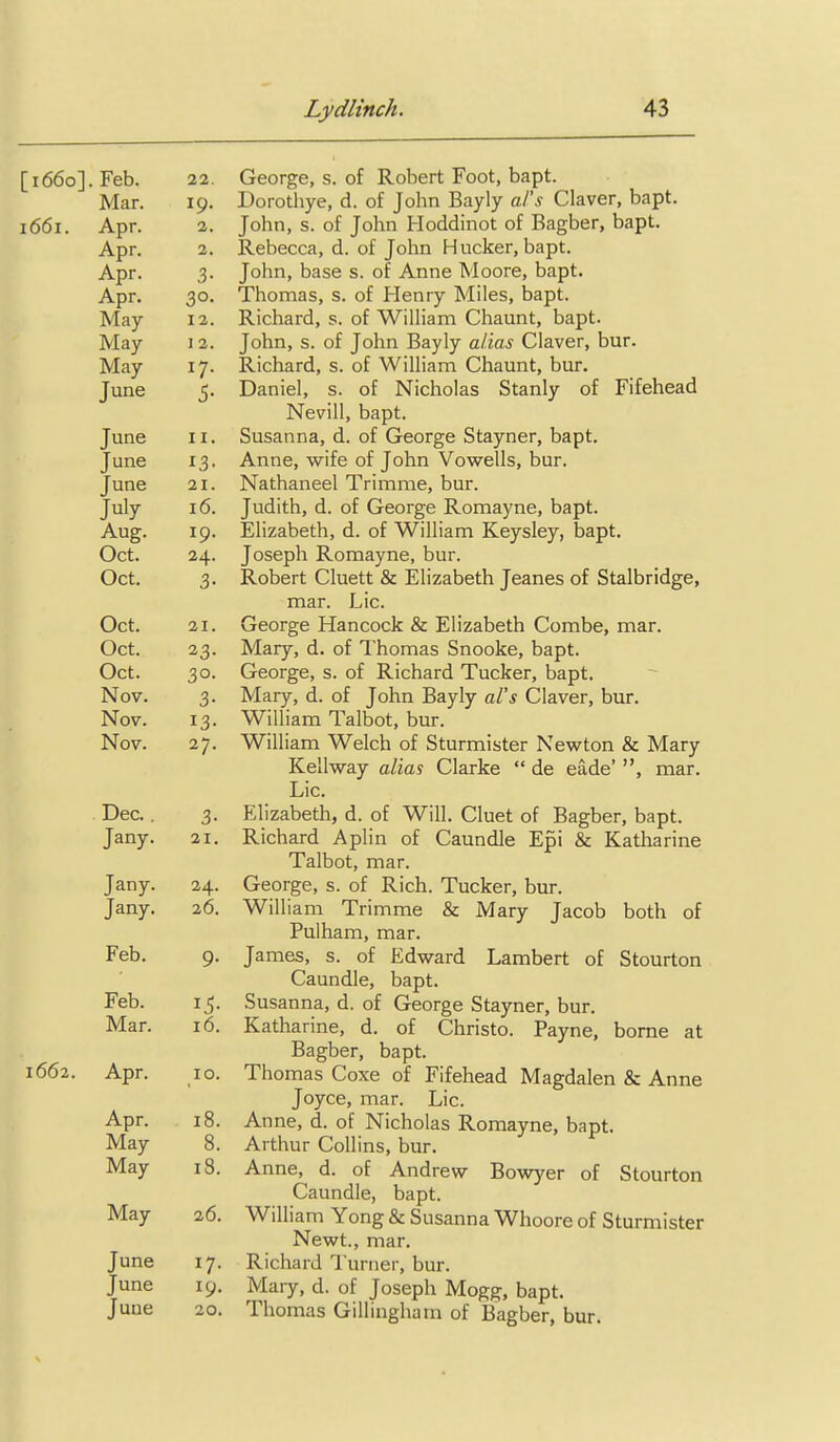 [1660]. Feb. 22. George, s. of Robert Foot, bapt. Mar. 19. Dorothye, d. of John Bayly al's Claver, bapt. 1661. Apr. 2. John, s. of John Hoddinot of Bagber, bapt. Apr. 3. Rebecca, d. of John Hucker, bapt. Apr. 3. John, base s. of Anne Moore, bapt. Apr. 30. Thomas, s. of Henry Miles, bapt. May 12. Richard, s. of WilHam Chaunt, bapt. May 12. John, s. of John Bayly alias Claver, bur. May 17. Richard, s. of William Chaunt, bur. June 5. Daniel, s. of Nicholas Stanly of Fifehead Nevill, bapt. June 11. Susanna, d. of George Stayner, bapt. June 13. Anne, wife of John Vowells, bur. June 21. Nathaneel Trimme, bur. July 16. Judith, d. of George Romayne, bapt. Aug. 19. Elizabeth, d. of William Keysley, bapt. Oct. 24. Joseph Romayne, bur. Oct. 3. Robert Cluett & Elizabeth Jeanes of Stalbridge, mar. Lie. Oct. 21. George Hancock & Elizabeth Combe, mar. Oct. 23. Mary, d. of Thomas Snooke, bapt. Oct. 30. George, s. of Richard Tucker, bapt. Nov. 3. Mary, d. of John Bayly aVs Claver, bur. Nov. 13. William Talbot, bur. Nov. 27. William Welch of Sturmister Newton & Mary Kellway alias Clarke  de eude' , mar. Lie. Dec.. 3. Elizabeth, d. of Will. Cluet of Bagber, bapt. Jany. 21. Richard Aplin of Caundle Epi & Katharine Talbot, mar. Jany. 24. George, s. of Rich. Tucker, bur. Jany. 26. William Trimme & Mary Jacob both of Pulham, mar. Feb. 9. James, s. of Edward Lambert of Stourton Caundle, bapt. Feb. 15. Susanna, d. of George Stayner, bur. Mar. 16. Katharine, d. of Christo. Payne, borne at Bagber, bapt. 1662. Apr. 10. Thomas Coxe of Fifehead Magdalen & Anne Joyce, mar. Lie. Apr. 18. Anne, d. of Nicholas Romayne, bapt. May 8. Arthur Collins, bur. May 18. Anne, d. of Andrew Bowyer of Stourton Caundle, bapt. May 26. William Yong & Susanna Whoore of Sturmister Newt., mar. June 17. Richard Turner, bur. June 19. Mary, d. of Joseph Mogg, bapt. June 20. Thomas Gillingharn of Bagber, bur.
