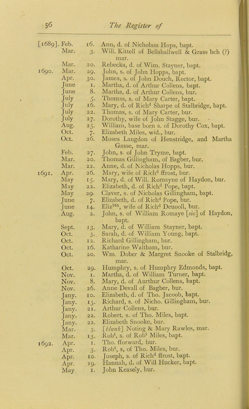 [1689]. Feb. 16. Ann, d. of Nicholass Hops, bapt. Mar. 3. Will. Kittell of Bellshallwell & Grass hch (?) mar. Mar. 20. Rebecka, d. of Wim. Stayner, bapt. 1690. Mar. 29. John, s. of John Hopps, bapt. Apr. 30. James, s. of John Douch, Rector, bapt. June I. Martha, d. of Arthur Collens, bapt. June 8. Martha, d. of Arthur Collens, bur. July 5. Thomas, s. of Mary Carter, bapt. July 16. Mary, d. of Rich<i Sharpe of Stalbridge, bapt. July 22. I'homas, s. of Mary Carter, bur. July 27. Dorothy, wife of John Stagge, bur. Aug. 25. William, base born s. of Dorothy Cox, bapt. Oct. 7. Elizabeth Miles, wid., bur. Oct. 26. Moses Langdon of Henstridge, and Martha Gasse, mar. Feb. 27. John, s. of John Try me, bapt. Mar. 20. Thomas Gillingham, of Bagber, bur. Mar. 22. Anne, d. of Nicholas Hopps, bur. 1691. Apr. 26. Mary, wife of Rich'' flfrost, bur. May i^. Mary, d. of Will. Romayne of Haydon, bur. May 22. Elizabeth, d. of Rich'' Pope, bapt. May 29. Claver, s. of Nicholas Gillingham, bapt. June 7. Elizabeth, d. of Rich'' Pope, bur. June 14. Eliz''*''!, wife of Rich'' DeuooU, bur. Aug. 2. John, s. of William Romaye \sic\ of Haydon, bapt. Sept. 13. Mary, d. of William Stayner, bapt. Oct. 3., Sarah, d. of William Young, bapt. Oct. 12. Richard Gillingham, bur. Oct. 16. Katharine Waltham, bur. Oct. 20. Wm. Dober & Margret Snooke of Stalbridg, mar. Oct. 29. Humphiy, s. of Humphry Edmonds, bapt. Nov. I. Martha, d. of William Turner, bapt. Nov. 8. Mary, d. of Aurthur Collens, bapt. Nov. 26. Anne Devall of Bagber, bur. Jany. 10. Elizabeth, d. of Tho. Jacoob, bapt. Jany. 15. Richard, s. of Nicho. Gillingham, bur. Jany. 21. Arthur Collens, bur. Jany. 22. Robert, s. of Tho. Miles, bapt. Jany. 22. Elizabeth Snooke, bur. Mar. 3. l^blanltl Noting & Mary Rawles, mar. Mar. 13. Rob', s. of Rob* Miles, bapt. 1692. Apr. . I. Tho. fforward, bur. Apr. 3. Rob', s, of Tho. Miles, bur. Apr. 10. Joseph, s. of Rich'' ffrost, bapt. Apr. 19. Hannah, d. of Will Hucker, bapt. May I. John Keasely, bui-.