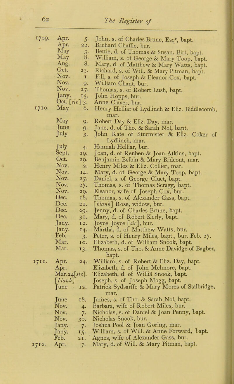 1709. Apr. 5. John, s. of Charles Brane, Esq^ bapt. Apr. 22. Richard Chaffie, bur. May 3. Bettie, d. of Thomas & Susan. Birt, bapt. May 8. William, s. of George & Mary Toop, bapt. Aug. 8. Mary, d. of Matthew & Mary Watts, bapt. Oct. 23. Richard, s. of Will, & Mary Pitman, bapt. Nov. 1. Fill, s. of Joseph & Eleanor Cox, bapt. Nov. 9. William Chant, bur. Nov. 27. Thomas, s. of Robert Lush, bapt. Jany, 13. John Hopps, bur. Oct. {sic\ 3. Anne Claver, bur. 1710. May 6. Henry Helliar of Lydlinch & Eliz. Biddlecomb, mar. May 9. Robert Day & Eliz. Day, mar. June 9. Jane, d, of Tho. & Sarah Nol, bapt. July 3. John Kate of Sturmister & Eliz. Coker of Lydlinch, mar. July 4. Hannah Helliar, bur. Sept. 29. Joan, d. of Reuben & Joan Atkins, bapt. Oct. 29. Benjamin Belbin & Mary Rideout, mar. Nov. 2. Henry Miles & Eliz. Collier, mar. Nov. 14. Mary, d. of George & Mary Toop, bapt. Nov. 27. Daniel, s. of George Cluet, bapt. Nov. 27. Thomas, s. of Thomas Scragg, bapt. Nov. 29. Eleanor, wife of Joseph Cox, bur. Dec. 18. Thomas, s. of Alexander Gass, bapt. Dec. 21. \Jblan'k\ Rose, widow, bur. Dec. 29. Jenny, d. of Charles Brune, bapt. Dec. 31. Mary, d. of Robert Kerly, bapt. Jany. 12. Joyce Joyce {sic\, bur. Jany. 14. Martha, d. of Matthew Watts, bur. Feb. 3. Peter, s. of Henry Miles, bapt., bur. Feb. 27. Mar. 10. Elizabeth, d. of William Snook, bapt. Mar. 13. Thomas, s. of Tho. & Anne Davidge of Bagber, bapt. 1711. Apr. 24. William, s. of Robert & Ehz. Day, bapt. Apr. Elizabeth, d. of John Melmore, bapt. Mar.24[jic]. Elizabeth, d. of Willia Snook, bapt. \llan)i\ Joseph, s. of Joseph Mogg, bapt. June 12. Patrick Sydsarffe & Mary Mores of Stalbridge, mar. June 18. James, s. of Tho. & Sarah Nol, bapt. Nov. 4. Barbara, wife of Robert Miles, bur. Nov. 7. Nicholas, s. of Daniel & Joan Penny, bapt. Nov. 30. Nicholas Snook, bur. Jany. 7. Joshua Pool & Joan Goring, mar. Jany. 15. William, s. of Will. & Anne Forward, bapt. Feb. 21. Agnes, wife of Alexander Gass, bur. 1712. Apr. 7. Mary, d. of Will. & Mary Pitman, bapt.
