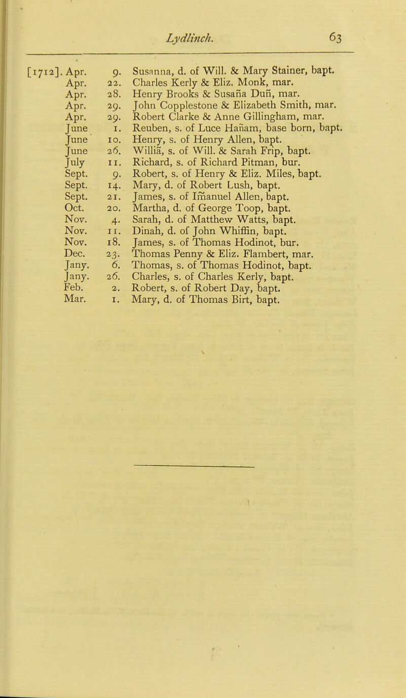 [i7i2].Apr. 9. Susnnna, d. of Will. & Mary Stainer, bapt. Apr. 23. Charles Kerly & Eliz. Monk, mar. Apr. 28. Henry Brooks & Susana Dun, mar. Apr. 29. John Copplestone & Elizabeth Smith, mar. Apr. 29. Robert Clarke & Anne Gillingham, mar. June I. Reuben, s. of Luce Hanam, base born, bapt. June 10. Henry, s. of Henry Allen, bapt. June 26. Willia, s. of Will. & Sarah Frip, bapt. July II. Richard, s. of Richard Pitman, bur. Sept. 9. Robert, s. of Henry & Eliz. Miles, bapt. Sept. 14. Mary, d. of Robert Lush, bapt. Sept. 21. James, s. of Imanuel Allen, bapt. Oct. 20. Martha, d. of George Toop, bapt. Nov. 4. Sarah, d. of Matthew Watts, bapt. Nov. 11. Dinah, d. of John Whiffin, bapt. Nov. 18. James, s. of Thomas Hodinot, bur. Dec. 23. Thomas Penny & Eliz. Flambert, mar. Jany. 6. Thomas, s. of Thomas Hodinot, bapt. Jany. 26. Charles, s. of Charles Kerly, bapt. Feb. 2. Robert, s. of Robert Day, bapt. Mar. I. Mary, d. of Thomas Birt, bapt. \