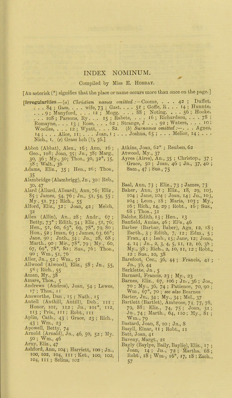 Compiled by Miss E. Hobday. [An asterisk (*) signifies that the place or name occurs more than once on the page. ] [Irregularities—(a) Christian navies omitted :~Coome, ... 42 ; Duflet, ... 84 ; Gass, . . . wife, 73 ; Cast, ... 52 ; GofEe, R . . . 14 ; Hunnte, ... 9; Manyford, ... 12 ; Mogg, ... 88 ; Noting, ... 56 ; Hooke, ... loS; Parsons, Ky. ... IS ; Rabets, ... 16 ; Richardson, ... 78 ; Romayne, ... 13 ; Rose, ... 62 ; Strange, J ... 92 ; Waters, ... 10; WooUes, . . . 12 ; Wyatt, ... 82. (6) Surnames omitted:—. . . Agnes, 14 ; . . . Alice, ii; . . . Joan, I ; Nicli., r. (c) Grass hch (?), 56.] Abbot (Abbat), Alex., i5 ; Ann, 16 ; Geo., 108; Joan, 35; Jn., 38; Marg., 30, 36 ; My., 30; Thos., 30, 32*, 35, 38 ; Walt., 36 Adams, Eliz., 35; Hen., 26; Thos., 35 Alambiidge (Alambrigg), Jn , 30: Reb., 30, 47 Alard (Allurd, Alleard), Ann, 76; Eliz , 85 ; James, 54, 76 ; Jn., 51, S4, 55 ; My , 51. 73; Rich., 55 Alford, Eliz., 32; Joan, 42; Melch, 32 Allen (Allin), An., 28; Andr., 67 ; Betty, 73* ; Edith, 34 ; Eliz , 51, 76; Hen., 52, 60, 63*, 69, 78*, 79, 80 ; Hon., 52 ; Iman, 63 ; James, 63, 66*; Jane, 90 ; Jnth., 34 ; Jn., 28, 68 ; Marth., 90 ; Mir., 78*, 79 ; Mv., 60, 67, 69*, 78*, 80; ,Sus., 76; Thos., 90 ; Wm., SI, 76 AUer, Jn., 52 ; Wm., 52 Allwood (Alwood), Eliz., 58 ; Jn., 55, S>i; Rich., SS Aman, My., 38 Amare, Thos., S Andrews (Andres), Joan, 54 ; Lewes, 17 ; Thos., 11 Answorthe, Dan , 15 ; Nath.. 15 Antell (Anthill, Antill), Deb. lu ; Honor, loi, 112; ,Tn., loi*, 112, 113 ; Pria., ill; Robt., in Aplin, Cath., 43 ; Grace, 23 ; Rich., 43 ; Wm., 23 Apowell, Betty, 74 Arnold (Arnald), Jn., 46, 50, 52 ; My. 50 ; Wm., 46 Amy, Eliz., 47 Ashford, Ann, 104 ; Harriett, 100 ; Jn., 100,102, 104, ui;Ket., 100, 102, 104, III ; Seliua, 102 . . Joshua, 65 ; . . . Melior, 14 ; . . . Atkins, Joan, 62* ; Reuben, 62 Atwood, My., 37 Ayres (Aires), An., 35 ; Christop., 37 ; Grace, 50 ; Joan, 46 ; Jn., 37, 40 ; Sam., 47 ; Sua., 75 Baal, Ann, 73 ; Eliz., 73 ; James, 73 Baker, Ann, 31 ; Eliz., 18, 29, 103, 104 ; Jane, 104 ; Joan, 14; Jn., 103, 104 ; Leon., 18 ; Maria, 103 ; My., 16 ; Rich., 14, 29 ; Uobt., 16 ; Sus., 68 ; Thos., 31 Balche, Edith, 13 ; Hen., 13 Banfield, Amia.'?, 46 ; El's., 46 Barber (Barbar, Baber), Agn, 12, 18 ; Earth., 3 ; Edith, 7, 12; Edm., S; Fran., 41 ; Isab., 15; Jane, 12; Joan, 4, 14 ; Jn., 2, 3, 4, 5, II, 12, 16, 3b ; My., 38 ; Rich., 2, 10, 11, 12 ; Robt., 12 ; Sus., 10, 38 Barefoot, Cec, 36, 44 ; Francis, 41 ; Jn., 36, 44 Barklette, Jn , s Barnard, Francis, 23 ; My., 23 Barnes, Eliz., 67, 106; Jn.,36; Jos., 70 ; My., 36, 74 ; Patience, 70, 90 ; Wm., 67*, 70 ; see also Bearnes Barter, Jn., 34 ; My., 34 ; Mel., 37 Bartlett (Bartlet), Ambrose, 74, 77, 78, 79, 88; Eliz., 74, 75 ; Joan, 31 ; Jn., 74; Marth., 64, no; My., 8i ; Wm., 79 Bastard, Joan, 8, 10 ; Jn., 8 Basyll, Elnar, 11 ; Robt., 11 Batt, Joan, 41 Baveny, Margt., 21 Bayly (Baylye, Baily, Baylie), Eliz., 17 ; Joan, 14 ; Jn., 72 ; jilavtha. 68 ; Robt., 18; Wm., i6«, 17, i8;Zach., 57