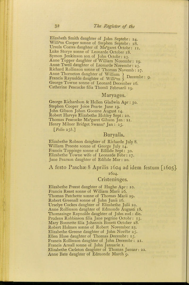 Elizabeth Smith daughter of John Septebr : 24. Willi'^m Cooper Sonne of Stephen Septebr: 28. Ursula Coates daughter of Margaret Octobr: 11. Luke Storye Sonne of Leonarde October 18. Symon Jenkinson son of John Octobr: 23. Anne Topper daughter of William Novembr: 19. Anne Twell daughter of Leonarde Novembr: 23. Richard Rollinson sonne of Thomas Novemb : 27. Anne Thorneton daughter of William ) ^ Francis Raynolde daughter of William j ^^^embr : 9. George Towne sonne of Leonard December 16. Catherine Peacocke filia Thoma Februarii 19. Maryages. George Richardson & Hellen Gladwin Apr : 30. Stephen Cooper Joice Pearte June 19. John Gibson Johan Goonne August 14. Robert Harvye Elizabethe Hobley Sept: 20. Thomas Peacocke Ma^'garet Gibson Jan: 21. Henry Milner Bridget Swann Jan : 25. \JqIio 25^.] Bury alls. Elizabethe Robson daughter of Richarde July 8. William Preeste sonne of George July 14. Francis Toppinge sonne of Edmde Sept: 30. Elizabethe Towne wife of Leonarde Febr : 17. Jane Pearson daughter of Edmde Mar : 20. A festo Paschae 8 Aprilis 1604 ad idem festum [1605]. 1604. Cristeninges. Elizabethe Freest daughter of Hughe Apr: i o. Francis Reast sonne of William Marii 26. Thomas Patchette sonne of Thomas Marii 29. Robert Greenall sonne of John Junii i6. Urselye Cockes daughter of Elizabethe Julii 22. Anne Rollinson daughter of Edmonde Augusti i8. Thomasinge Raynolde daughter of John eod : die. Prudens Robbinson filia Jane pegrine Octobr: 13. Mary Bonnette filia Johannis Bonett October 28. Robert Holmes sonne of Robert November 23. Elizabethe Greene daughter of John Novebr 25. Ellen Hase daughter of Thomas Decembr: 15. Francis Rollinson daughter of John Decembr : 21. Francis Arnall sonne of John Januarie i. Elizabethe Carleton daughter of Thomas Januar: 22. Anne Bate daughter of Edmonde March 9.