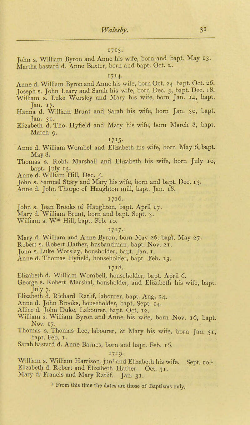 John s. William Byron and Anne his wife, born and bapt. May 13. Martha bastard d. Anne Baxter, born and bapt. Oct. 2. 1714. Anne d. William Byron and Anne his wife, born Oct. 24. bapt. Oct. 26. Joseph s. John Leary and Sarah his wife, born Dec. 3, bapt. Dec. 18. William s. Luke Worsley and Mary his wife, born Jan. 14, bapt. Jan. 17. Hanna d. William Brunt and Sarah his wife, born Jan. 30, bapt. Jan. 31. Elizabeth d. Tho. Hyfield and Mary his wife, born March 8, bapt. March 9. 1715- Anne d. William Wombel and Elizabeth his wife, born May 6, bapt. May 8. Thomas s. Robt. Marshall and Elizabeth his wife, born July 10, bapt. July 13. Anne d. William Hill, Dec. 5. John s. Samuel Story and Mary his.wife, born and bapt. Dec. 13. Anne d. John Thorpe of Haughton mill, bapt. Jan. 18. 1716. John s. Joan Brooks of Haughton, bapt. April 17. Mary d. William Brunt, born and bapt. Sept. 3. William s. W° Hill, bapt. Feb. 10. 1717- Mary d. William and Anne Byron, born May 26, bap't. May 27. Robert s. Robert Hather, husbandman, bapt. Nov. 21. John s. Luke Worslay, housholder, bapt. Jan. i. Anne d. Thomas Hyfield, householder, bapt. Feb. 13. 1718. Elizabeth d. William Wombell, householder, bapt. April 6. George s. Robert Marshal, housholder, and Elizabeth his wife, bapt. July 7- Elizabeth d. Richard Ratlif, labourer, bapt. Aug. 24. Anne d. John Brooks, householder, bapt. Sept. 14. Allice d. John Duke, Labourer, bapt. Oct, 12. William s. William Byron and Anne his wife, born Nov. 16, bapt. Nov. 17. Thomas s. Thomas Lee, labourer, & Mary his wife, born Jan. 31, bapt. Feb. i. Sarah bastard d. Anne Barnes, born and bapt. Feb. 16. 1719. William s. William Harrison, jun'' and Elizabeth his wife. Sept. 10} Elizabeth d. Robert and Elizabeth Hather. Oct. 31. Mary d. Francis and Mary Ratlif. Jan. 31, 1 from this time the dates are those of Baptisms only.