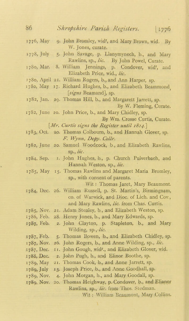 1776, May g. John Bromley, widr, and Mary Brown, wid. By W. Jones, curate. I778) July 5- J°hn Savage, p. Llanymynech, b., and Mary Rawlins, sp., lie. By John Powel, Curate. 1780, Mar. 8. William Jennings, p. Condover, widr, and Elizabeth Price, wid., lie. 1780, April 21. William Rogers, b., and Ann Harper, sp. 1780, May 17. Richard Hughes, b., and Elizabeth Beammond [signs Beamand], sp. 1782, Jan. 29. Thomas Hill, b., and Margarett Jarrett, sp. By W. Fleming, Curate. 1782, June 20. John Price, b., and Mary Chidley, sp. By Wm. Crosse Curtis, Curate. [Mr. Curtis signs the Register until 1814.] 1783, Oct. 20. Thomas Colbourn, b., and Hannah Glover, sp. F. Wynn, Defiy. Collr. 1782, June 20. Samuel Woodcock, b., and Elizabeth Rawlins, sp., lie. 1784, Sep. 1. John Hughes, b., p. Church Pulverbach, and Hannah Weston, sp., lie. 1785, May 15. Thomas Rawlins and Margaret Maria Bromley, sp., with consent of parents. Wit : Thomas Jaret, Mary Beaumont. 1784, Dec. 26. William Russell, p. St. Martin's, Birmingnam, co. of Warwick, and Dioc. of Lich. and Co v., and Mary Rawlins, lie. from Chas. Curtis. 1785, Nov. 21. Adam Stealey, b., and Elizabeth Weston, sp. 1786, Feb. 28. Henry Jones, b., and Mary Edwards, sp. 1787, Feb. 2. John Clayton, p. Stapleton, b., and Mary- Wilding, sp.,'/zc. 1787, Feb. 5. Thomas Bowen, b., and Elizabeth Chidley, sp. 1787, Nov. 26. John Rogers, b., and Anne Wilding, sp., lie. 1787, Dec. 11. John Gough, widr., and Elizabeth Glover, wid. 178S, Dec. 2. John Pugh, b., and Elinor Boothe, sp. 1789, May 21. Thomas Cook, b., and Anne Jarrett, sp. i78g, July 13. Joseph Price, b., and Anne Goodhall, sp. 1789, Nov. 4. John Morgan, b., and Mary Goodall, sp. i78g, Nov. 20. Thomas Heighway, p. Condover, b., and Elianor Rawlins, sp., lie. from Thos. Sledman. Wit : William Beaumont, Mary Collins.