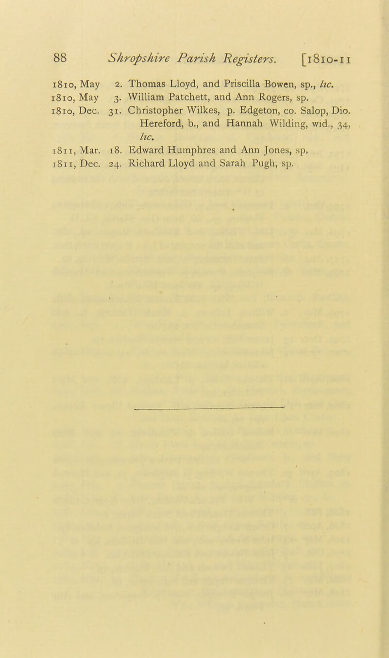 1810, May 2. Thomas Lloyd, and Priscilla Bowen, sp., Lie. 1810, May 3. William Patchett, and Ann Rogers, sp. 1810, Dec. 31. Christopher Wilkes, p. Edgeton, co. Salop, Dio. Hereford, b., and Hannah Wilding, wid., 34, he. 1811, Mar. 18. Edward Humphres and Ann Jones, sp. j8ii, Dec. 24. Richard Lloyd and Sarah Pugh, sp.